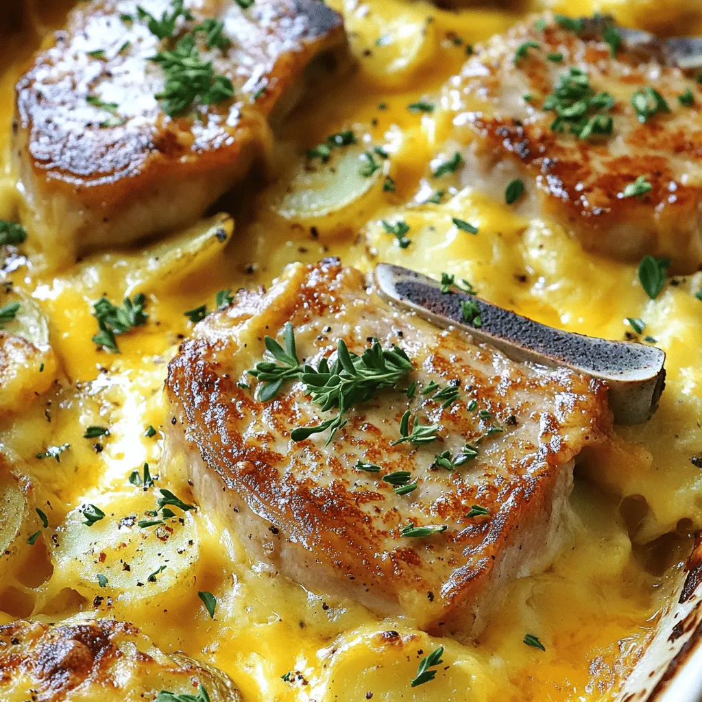 Für dieses köstliche Gericht benötigen Sie: - 4 knochenlose Schweinekoteletts - 2 Esslöffel Olivenöl - Salz und Pfeffer nach Geschmack - 1 Teelöffel Knoblauchpulver - 1 Teelöffel Zwiebelpulver - 4 große Kartoffeln, dünn geschnitten - 1 Tasse Schlagsahne - 1 Tasse Hühnerbrühe - 1 Tasse geriebener Cheddar-Käse - 1 Zwiebel, dünn geschnitten - 2 Knoblauchzehen, fein gehackt - 1 Esslöffel frischer Thymian (oder 1 Teelöffel getrocknet) - 1 Teelöffel Paprika - Optional: Gehackte Petersilie zum Garnieren Die Hauptzutaten sind einfach zu finden. Die Schweinekoteletts geben viel Geschmack. Wenn Sie kein Schweinefleisch mögen, probieren Sie Hähnchen. Es wird auch lecker. Für den Käse können Sie auch Gouda oder Mozzarella verwenden. Beides schmilzt gut und bringt einen tollen Geschmack. Frische Kartoffeln sind wichtig. Sie geben dem Auflauf die beste Textur. Verwenden Sie keine vorgekochten Kartoffeln, da sie matschig werden. Wählen Sie frische Produkte mit leuchtenden Farben. Die Kartoffeln sollten fest und ohne Flecken sein. Für die Zwiebeln sollten Sie auf eine glatte Haut achten. Wenn Sie frischen Thymian kaufen, riecht er stark und frisch. Vermeiden Sie welke oder braune Kräuter. Frische Zutaten machen den Unterschied für den Geschmack. Wenn Sie diese Tipps beachten, wird Ihr Gericht viel besser. Zuerst sammeln Sie alle Zutaten für das Gericht. Es macht das Kochen viel einfacher und schneller. Hier sind die benötigten Zutaten: - 4 knochenlose Schweinekoteletts - 2 Esslöffel Olivenöl - Salz und Pfeffer nach Geschmack - 1 Teelöffel Knoblauchpulver - 1 Teelöffel Zwiebelpulver - 4 große Kartoffeln, dünn geschnitten - 1 Tasse Schlagsahne - 1 Tasse Hühnerbrühe - 1 Tasse geriebener Cheddar-Käse - 1 Zwiebel, dünn geschnitten - 2 Knoblauchzehen, fein gehackt - 1 Esslöffel frischer Thymian (oder 1 Teelöffel getrocknet) - 1 Teelöffel Paprika - Optional: Gehackte Petersilie zum Garnieren Heizen Sie Ihren Ofen auf 190°C vor. Stellen Sie sicher, dass Ihre Kochfläche sauber ist. Eine große Pfanne ist wichtig, um die Koteletts zu braten. Würzen Sie die Schweinekoteletts mit Salz, Pfeffer, Knoblauchpulver und Zwiebelpulver. Erhitzen Sie das Olivenöl in der Pfanne. Braten Sie die Koteletts etwa 3-4 Minuten auf jeder Seite an, bis sie goldbraun sind. Nehmen Sie die Koteletts aus der Pfanne und stellen Sie sie beiseite. In derselben Pfanne fügen Sie die geschnittene Zwiebel und den gehackten Knoblauch hinzu. Sautieren Sie sie für etwa 3 Minuten, bis die Zwiebel weich ist. In einer großen Schüssel vermengen Sie Schlagsahne, Hühnerbrühe, Thymian, Paprika sowie etwas Salz und Pfeffer. Rühren Sie alles gut durch. Fetten Sie eine Auflaufform ein. Schichten Sie die Hälfte der Kartoffeln in die Form. Geben Sie die Hälfte der Zwiebel- und Knoblauchmischung darüber. Gießen Sie die Hälfte der Sahnemischung über die Kartoffeln. Legen Sie die gebräunten Koteletts darauf. Wiederholen Sie diesen Schritt mit den restlichen Zutaten. Decken Sie die Auflaufform mit Aluminiumfolie ab und backen Sie sie 45 Minuten lang. Nach 45 Minuten nehmen Sie die Folie ab. Backen Sie die Kasserolle weitere 15-20 Minuten. Der Käse sollte blubbern und goldbraun sein. Lassen Sie das Gericht nach dem Garen einige Minuten abkühlen. Garnieren Sie es nach Wunsch mit Petersilie. Für das vollständige Rezept und weitere Informationen, schauen Sie sich die [Full Recipe] an. Für das beste Ergebnis bei geschmorten Schweinekoteletts und überbackenen Kartoffeln ist die richtige Temperatur entscheidend. Heize deinen Ofen auf 190°C (375°F). Brate die Koteletts etwa 3-4 Minuten pro Seite, bis sie goldbraun sind. Diese kurze Zeit sorgt dafür, dass sie zart und saftig bleiben. Nach dem Anbraten backe die Kasserolle für 45 Minuten mit Folie und weitere 15-20 Minuten ohne Folie. So wird der Käse schön goldbraun. Ein häufiger Fehler ist das Überkochen der Koteletts. Das kann sie trocken machen. Achte darauf, sie nicht zu lange in der Pfanne zu lassen. Ein weiterer Fehler ist, die Kartoffeln nicht dünn genug zu schneiden. Dünne Scheiben garen gleichmäßiger und schneller. Wenn du die Sahnemischung nicht gut vermengst, können Klumpen entstehen. Rühre sie gründlich, damit alles gut gemischt ist. Um den Geschmack zu steigern, füge frische Kräuter wie Rosmarin oder Oregano hinzu. Diese Kräuter passen gut zu Schweinefleisch. Eine Prise Muskatnuss in der Sahnemischung gibt einen warmen, nussigen Geschmack. Für mehr Textur kannst du die Kartoffeln vor dem Schälen kurz in heißem Wasser blanchieren. Das macht sie weicher und lässt sie beim Backen schneller garen. Wenn du magst, garniere das Gericht mit frischer Petersilie für Farbe und zusätzlichen Geschmack. Für das vollständige Rezept, schaue dir die [Full Recipe] an! {{image_4}} Für diesen Auflauf können Sie verschiedene Fleischsorten verwenden. Hähnchen ist eine großartige Option. Es hat einen milden Geschmack und passt gut zu den anderen Aromen. Sie können Hähnchenbrust oder -schenkel verwenden. Lamm bringt einen herzhaften Geschmack. Es ist einzigartig und lecker. Achten Sie darauf, die Kochzeiten anzupassen, damit das Fleisch gut durchgegart ist. Gemüse bringt mehr Farbe und Nährstoffe in Ihr Gericht. Sie können Brokkoli, Karotten oder Spinat hinzufügen. Diese Gemüsesorten sind gesund und sorgen für zusätzlichen Geschmack. Schneiden Sie das Gemüse klein, damit es gleichmäßig gart. Fügen Sie das Gemüse zwischen die Kartoffelschichten für schöne Farben und Texturen. Käse ist der Star des Gerichts. Cheddar ist klassisch, aber Sie können auch Gouda oder Mozzarella verwenden. Gouda ist cremig und süß, während Mozzarella für einen milden, leicht zähen Biss sorgt. Experimentieren Sie mit verschiedenen Käsesorten, um Ihre eigene Mischung zu finden. So wird jedes Mal ein neues Geschmackserlebnis geboten. Diese Variationen machen die geschmorten Schweinekoteletts und den überbackenen Kartoffelauflauf spannend und lecker. Sie können die Zutaten ganz nach Ihrem Geschmack anpassen. Um den Auflauf richtig zu lagern, lassen Sie ihn zuerst abkühlen. Anschließend decken Sie ihn mit Frischhaltefolie oder Aluminiumfolie ab. Diese Methode hilft, das Gericht frisch zu halten. Wenn Sie den Auflauf in eine andere Schüssel umfüllen, verwenden Sie am besten ein luftdichtes Behältnis. So bleibt die Feuchtigkeit erhalten. Wenn Sie Reste aufwärmen, nutzen Sie den Ofen für beste Ergebnisse. Heizen Sie den Ofen auf 175°C vor. Decken Sie den Auflauf mit Folie ab, um ein Austrocknen zu vermeiden. Erwärmen Sie ihn etwa 20-25 Minuten, bis er heiß ist. Sie können auch die Mikrowelle nutzen, aber die Textur kann dadurch etwas leiden. Ein Tipp: Fügen Sie einen Schuss Hühnerbrühe hinzu, um den Auflauf feuchter zu machen. Der Auflauf hält sich im Kühlschrank etwa 3-4 Tage. Wenn Sie ihn länger aufbewahren möchten, können Sie ihn einfrieren. Teilen Sie den Auflauf in Portionen auf und verwenden Sie gefriergeeignete Behälter. So bleibt der Geschmack frisch. Zum Auftauen, lassen Sie den Auflauf über Nacht im Kühlschrank. Erwärmen Sie ihn dann wie oben beschrieben. So genießen Sie auch nach Tagen noch die leckeren Aromen des geschmorten Schweinekoteletts und der überbackenen Kartoffeln. Braten Sie die Schweinekoteletts für 3-4 Minuten auf jeder Seite an. Sie sollten goldbraun sein. Diese kurze Zeit gibt Ihnen zarte und saftige Koteletts. Überkochen kann sie trocken machen. Achten Sie darauf, die Hitze nicht zu hoch zu stellen. Mittlere bis hohe Hitze bringt das beste Ergebnis. Ja, Sie können die Kartoffeln im Voraus vorbereiten. Schneiden Sie sie und legen Sie sie in Wasser. So verhindern Sie, dass die Kartoffeln braun werden. Sie können sie bis zu 24 Stunden im Voraus vorbereiten. Lagern Sie sie in einem geschlossenen Behälter im Kühlschrank. Das spart Zeit, wenn Sie bereit sind, den Auflauf zu machen. Für dieses Rezept benötigen Sie einige grundlegende Küchenutensilien: - Eine große Pfanne - Eine 9x13 Zoll Auflaufform - Ein Schneidebrett - Ein scharfes Messer - Eine große Schüssel zum Mischen - Einen Rührlöffel oder Schneebesen Diese Werkzeuge machen die Zubereitung einfach. Sie helfen Ihnen, die Zutaten gut zu vermengen und die Kasserolle gleichmäßig zu schichten. In diesem Artikel haben wir die wichtigen Zutaten für einen köstlichen Auflauf durchgesehen. Du hast gelernt, wie man diese Zutaten auswählt und zubereitet. Die Schritt-für-Schritt-Anleitung hat dir geholfen, jeden Schritt klar zu verstehen. Wir haben auch nützliche Tipps gegeben, um häufige Fehler zu vermeiden und den besten Geschmack zu erzielen. Jetzt kennst du verschiedene Variationen und wie man den Auflauf richtig lagert. Nutze diese Informationen, um dein Kochen zu verbessern und deine Gäste zu beeindrucken. Viel Spaß beim Ausprobieren!