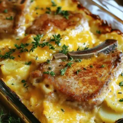 Für dieses köstliche Gericht benötigen Sie: - 4 knochenlose Schweinekoteletts - 2 Esslöffel Olivenöl - Salz und Pfeffer nach Geschmack - 1 Teelöffel Knoblauchpulver - 1 Teelöffel Zwiebelpulver - 4 große Kartoffeln, dünn geschnitten - 1 Tasse Schlagsahne - 1 Tasse Hühnerbrühe - 1 Tasse geriebener Cheddar-Käse - 1 Zwiebel, dünn geschnitten - 2 Knoblauchzehen, fein gehackt - 1 Esslöffel frischer Thymian (oder 1 Teelöffel getrocknet) - 1 Teelöffel Paprika - Optional: Gehackte Petersilie zum Garnieren Die Hauptzutaten sind einfach zu finden. Die Schweinekoteletts geben viel Geschmack. Wenn Sie kein Schweinefleisch mögen, probieren Sie Hähnchen. Es wird auch lecker. Für den Käse können Sie auch Gouda oder Mozzarella verwenden. Beides schmilzt gut und bringt einen tollen Geschmack. Frische Kartoffeln sind wichtig. Sie geben dem Auflauf die beste Textur. Verwenden Sie keine vorgekochten Kartoffeln, da sie matschig werden. Wählen Sie frische Produkte mit leuchtenden Farben. Die Kartoffeln sollten fest und ohne Flecken sein. Für die Zwiebeln sollten Sie auf eine glatte Haut achten. Wenn Sie frischen Thymian kaufen, riecht er stark und frisch. Vermeiden Sie welke oder braune Kräuter. Frische Zutaten machen den Unterschied für den Geschmack. Wenn Sie diese Tipps beachten, wird Ihr Gericht viel besser. Zuerst sammeln Sie alle Zutaten für das Gericht. Es macht das Kochen viel einfacher und schneller. Hier sind die benötigten Zutaten: - 4 knochenlose Schweinekoteletts - 2 Esslöffel Olivenöl - Salz und Pfeffer nach Geschmack - 1 Teelöffel Knoblauchpulver - 1 Teelöffel Zwiebelpulver - 4 große Kartoffeln, dünn geschnitten - 1 Tasse Schlagsahne - 1 Tasse Hühnerbrühe - 1 Tasse geriebener Cheddar-Käse - 1 Zwiebel, dünn geschnitten - 2 Knoblauchzehen, fein gehackt - 1 Esslöffel frischer Thymian (oder 1 Teelöffel getrocknet) - 1 Teelöffel Paprika - Optional: Gehackte Petersilie zum Garnieren Heizen Sie Ihren Ofen auf 190°C vor. Stellen Sie sicher, dass Ihre Kochfläche sauber ist. Eine große Pfanne ist wichtig, um die Koteletts zu braten. Würzen Sie die Schweinekoteletts mit Salz, Pfeffer, Knoblauchpulver und Zwiebelpulver. Erhitzen Sie das Olivenöl in der Pfanne. Braten Sie die Koteletts etwa 3-4 Minuten auf jeder Seite an, bis sie goldbraun sind. Nehmen Sie die Koteletts aus der Pfanne und stellen Sie sie beiseite. In derselben Pfanne fügen Sie die geschnittene Zwiebel und den gehackten Knoblauch hinzu. Sautieren Sie sie für etwa 3 Minuten, bis die Zwiebel weich ist. In einer großen Schüssel vermengen Sie Schlagsahne, Hühnerbrühe, Thymian, Paprika sowie etwas Salz und Pfeffer. Rühren Sie alles gut durch. Fetten Sie eine Auflaufform ein. Schichten Sie die Hälfte der Kartoffeln in die Form. Geben Sie die Hälfte der Zwiebel- und Knoblauchmischung darüber. Gießen Sie die Hälfte der Sahnemischung über die Kartoffeln. Legen Sie die gebräunten Koteletts darauf. Wiederholen Sie diesen Schritt mit den restlichen Zutaten. Decken Sie die Auflaufform mit Aluminiumfolie ab und backen Sie sie 45 Minuten lang. Nach 45 Minuten nehmen Sie die Folie ab. Backen Sie die Kasserolle weitere 15-20 Minuten. Der Käse sollte blubbern und goldbraun sein. Lassen Sie das Gericht nach dem Garen einige Minuten abkühlen. Garnieren Sie es nach Wunsch mit Petersilie. Für das vollständige Rezept und weitere Informationen, schauen Sie sich die [Full Recipe] an. Für das beste Ergebnis bei geschmorten Schweinekoteletts und überbackenen Kartoffeln ist die richtige Temperatur entscheidend. Heize deinen Ofen auf 190°C (375°F). Brate die Koteletts etwa 3-4 Minuten pro Seite, bis sie goldbraun sind. Diese kurze Zeit sorgt dafür, dass sie zart und saftig bleiben. Nach dem Anbraten backe die Kasserolle für 45 Minuten mit Folie und weitere 15-20 Minuten ohne Folie. So wird der Käse schön goldbraun. Ein häufiger Fehler ist das Überkochen der Koteletts. Das kann sie trocken machen. Achte darauf, sie nicht zu lange in der Pfanne zu lassen. Ein weiterer Fehler ist, die Kartoffeln nicht dünn genug zu schneiden. Dünne Scheiben garen gleichmäßiger und schneller. Wenn du die Sahnemischung nicht gut vermengst, können Klumpen entstehen. Rühre sie gründlich, damit alles gut gemischt ist. Um den Geschmack zu steigern, füge frische Kräuter wie Rosmarin oder Oregano hinzu. Diese Kräuter passen gut zu Schweinefleisch. Eine Prise Muskatnuss in der Sahnemischung gibt einen warmen, nussigen Geschmack. Für mehr Textur kannst du die Kartoffeln vor dem Schälen kurz in heißem Wasser blanchieren. Das macht sie weicher und lässt sie beim Backen schneller garen. Wenn du magst, garniere das Gericht mit frischer Petersilie für Farbe und zusätzlichen Geschmack. Für das vollständige Rezept, schaue dir die [Full Recipe] an! {{image_4}} Für diesen Auflauf können Sie verschiedene Fleischsorten verwenden. Hähnchen ist eine großartige Option. Es hat einen milden Geschmack und passt gut zu den anderen Aromen. Sie können Hähnchenbrust oder -schenkel verwenden. Lamm bringt einen herzhaften Geschmack. Es ist einzigartig und lecker. Achten Sie darauf, die Kochzeiten anzupassen, damit das Fleisch gut durchgegart ist. Gemüse bringt mehr Farbe und Nährstoffe in Ihr Gericht. Sie können Brokkoli, Karotten oder Spinat hinzufügen. Diese Gemüsesorten sind gesund und sorgen für zusätzlichen Geschmack. Schneiden Sie das Gemüse klein, damit es gleichmäßig gart. Fügen Sie das Gemüse zwischen die Kartoffelschichten für schöne Farben und Texturen. Käse ist der Star des Gerichts. Cheddar ist klassisch, aber Sie können auch Gouda oder Mozzarella verwenden. Gouda ist cremig und süß, während Mozzarella für einen milden, leicht zähen Biss sorgt. Experimentieren Sie mit verschiedenen Käsesorten, um Ihre eigene Mischung zu finden. So wird jedes Mal ein neues Geschmackserlebnis geboten. Diese Variationen machen die geschmorten Schweinekoteletts und den überbackenen Kartoffelauflauf spannend und lecker. Sie können die Zutaten ganz nach Ihrem Geschmack anpassen. Um den Auflauf richtig zu lagern, lassen Sie ihn zuerst abkühlen. Anschließend decken Sie ihn mit Frischhaltefolie oder Aluminiumfolie ab. Diese Methode hilft, das Gericht frisch zu halten. Wenn Sie den Auflauf in eine andere Schüssel umfüllen, verwenden Sie am besten ein luftdichtes Behältnis. So bleibt die Feuchtigkeit erhalten. Wenn Sie Reste aufwärmen, nutzen Sie den Ofen für beste Ergebnisse. Heizen Sie den Ofen auf 175°C vor. Decken Sie den Auflauf mit Folie ab, um ein Austrocknen zu vermeiden. Erwärmen Sie ihn etwa 20-25 Minuten, bis er heiß ist. Sie können auch die Mikrowelle nutzen, aber die Textur kann dadurch etwas leiden. Ein Tipp: Fügen Sie einen Schuss Hühnerbrühe hinzu, um den Auflauf feuchter zu machen. Der Auflauf hält sich im Kühlschrank etwa 3-4 Tage. Wenn Sie ihn länger aufbewahren möchten, können Sie ihn einfrieren. Teilen Sie den Auflauf in Portionen auf und verwenden Sie gefriergeeignete Behälter. So bleibt der Geschmack frisch. Zum Auftauen, lassen Sie den Auflauf über Nacht im Kühlschrank. Erwärmen Sie ihn dann wie oben beschrieben. So genießen Sie auch nach Tagen noch die leckeren Aromen des geschmorten Schweinekoteletts und der überbackenen Kartoffeln. Braten Sie die Schweinekoteletts für 3-4 Minuten auf jeder Seite an. Sie sollten goldbraun sein. Diese kurze Zeit gibt Ihnen zarte und saftige Koteletts. Überkochen kann sie trocken machen. Achten Sie darauf, die Hitze nicht zu hoch zu stellen. Mittlere bis hohe Hitze bringt das beste Ergebnis. Ja, Sie können die Kartoffeln im Voraus vorbereiten. Schneiden Sie sie und legen Sie sie in Wasser. So verhindern Sie, dass die Kartoffeln braun werden. Sie können sie bis zu 24 Stunden im Voraus vorbereiten. Lagern Sie sie in einem geschlossenen Behälter im Kühlschrank. Das spart Zeit, wenn Sie bereit sind, den Auflauf zu machen. Für dieses Rezept benötigen Sie einige grundlegende Küchenutensilien: - Eine große Pfanne - Eine 9x13 Zoll Auflaufform - Ein Schneidebrett - Ein scharfes Messer - Eine große Schüssel zum Mischen - Einen Rührlöffel oder Schneebesen Diese Werkzeuge machen die Zubereitung einfach. Sie helfen Ihnen, die Zutaten gut zu vermengen und die Kasserolle gleichmäßig zu schichten. In diesem Artikel haben wir die wichtigen Zutaten für einen köstlichen Auflauf durchgesehen. Du hast gelernt, wie man diese Zutaten auswählt und zubereitet. Die Schritt-für-Schritt-Anleitung hat dir geholfen, jeden Schritt klar zu verstehen. Wir haben auch nützliche Tipps gegeben, um häufige Fehler zu vermeiden und den besten Geschmack zu erzielen. Jetzt kennst du verschiedene Variationen und wie man den Auflauf richtig lagert. Nutze diese Informationen, um dein Kochen zu verbessern und deine Gäste zu beeindrucken. Viel Spaß beim Ausprobieren!