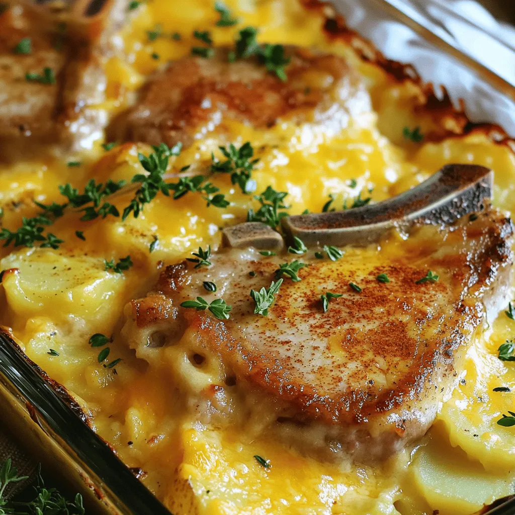 Für dieses köstliche Gericht benötigen Sie: - 4 knochenlose Schweinekoteletts - 2 Esslöffel Olivenöl - Salz und Pfeffer nach Geschmack - 1 Teelöffel Knoblauchpulver - 1 Teelöffel Zwiebelpulver - 4 große Kartoffeln, dünn geschnitten - 1 Tasse Schlagsahne - 1 Tasse Hühnerbrühe - 1 Tasse geriebener Cheddar-Käse - 1 Zwiebel, dünn geschnitten - 2 Knoblauchzehen, fein gehackt - 1 Esslöffel frischer Thymian (oder 1 Teelöffel getrocknet) - 1 Teelöffel Paprika - Optional: Gehackte Petersilie zum Garnieren Die Hauptzutaten sind einfach zu finden. Die Schweinekoteletts geben viel Geschmack. Wenn Sie kein Schweinefleisch mögen, probieren Sie Hähnchen. Es wird auch lecker. Für den Käse können Sie auch Gouda oder Mozzarella verwenden. Beides schmilzt gut und bringt einen tollen Geschmack. Frische Kartoffeln sind wichtig. Sie geben dem Auflauf die beste Textur. Verwenden Sie keine vorgekochten Kartoffeln, da sie matschig werden. Wählen Sie frische Produkte mit leuchtenden Farben. Die Kartoffeln sollten fest und ohne Flecken sein. Für die Zwiebeln sollten Sie auf eine glatte Haut achten. Wenn Sie frischen Thymian kaufen, riecht er stark und frisch. Vermeiden Sie welke oder braune Kräuter. Frische Zutaten machen den Unterschied für den Geschmack. Wenn Sie diese Tipps beachten, wird Ihr Gericht viel besser. Zuerst sammeln Sie alle Zutaten für das Gericht. Es macht das Kochen viel einfacher und schneller. Hier sind die benötigten Zutaten: - 4 knochenlose Schweinekoteletts - 2 Esslöffel Olivenöl - Salz und Pfeffer nach Geschmack - 1 Teelöffel Knoblauchpulver - 1 Teelöffel Zwiebelpulver - 4 große Kartoffeln, dünn geschnitten - 1 Tasse Schlagsahne - 1 Tasse Hühnerbrühe - 1 Tasse geriebener Cheddar-Käse - 1 Zwiebel, dünn geschnitten - 2 Knoblauchzehen, fein gehackt - 1 Esslöffel frischer Thymian (oder 1 Teelöffel getrocknet) - 1 Teelöffel Paprika - Optional: Gehackte Petersilie zum Garnieren Heizen Sie Ihren Ofen auf 190°C vor. Stellen Sie sicher, dass Ihre Kochfläche sauber ist. Eine große Pfanne ist wichtig, um die Koteletts zu braten. Würzen Sie die Schweinekoteletts mit Salz, Pfeffer, Knoblauchpulver und Zwiebelpulver. Erhitzen Sie das Olivenöl in der Pfanne. Braten Sie die Koteletts etwa 3-4 Minuten auf jeder Seite an, bis sie goldbraun sind. Nehmen Sie die Koteletts aus der Pfanne und stellen Sie sie beiseite. In derselben Pfanne fügen Sie die geschnittene Zwiebel und den gehackten Knoblauch hinzu. Sautieren Sie sie für etwa 3 Minuten, bis die Zwiebel weich ist. In einer großen Schüssel vermengen Sie Schlagsahne, Hühnerbrühe, Thymian, Paprika sowie etwas Salz und Pfeffer. Rühren Sie alles gut durch. Fetten Sie eine Auflaufform ein. Schichten Sie die Hälfte der Kartoffeln in die Form. Geben Sie die Hälfte der Zwiebel- und Knoblauchmischung darüber. Gießen Sie die Hälfte der Sahnemischung über die Kartoffeln. Legen Sie die gebräunten Koteletts darauf. Wiederholen Sie diesen Schritt mit den restlichen Zutaten. Decken Sie die Auflaufform mit Aluminiumfolie ab und backen Sie sie 45 Minuten lang. Nach 45 Minuten nehmen Sie die Folie ab. Backen Sie die Kasserolle weitere 15-20 Minuten. Der Käse sollte blubbern und goldbraun sein. Lassen Sie das Gericht nach dem Garen einige Minuten abkühlen. Garnieren Sie es nach Wunsch mit Petersilie. Für das vollständige Rezept und weitere Informationen, schauen Sie sich die [Full Recipe] an. Für das beste Ergebnis bei geschmorten Schweinekoteletts und überbackenen Kartoffeln ist die richtige Temperatur entscheidend. Heize deinen Ofen auf 190°C (375°F). Brate die Koteletts etwa 3-4 Minuten pro Seite, bis sie goldbraun sind. Diese kurze Zeit sorgt dafür, dass sie zart und saftig bleiben. Nach dem Anbraten backe die Kasserolle für 45 Minuten mit Folie und weitere 15-20 Minuten ohne Folie. So wird der Käse schön goldbraun. Ein häufiger Fehler ist das Überkochen der Koteletts. Das kann sie trocken machen. Achte darauf, sie nicht zu lange in der Pfanne zu lassen. Ein weiterer Fehler ist, die Kartoffeln nicht dünn genug zu schneiden. Dünne Scheiben garen gleichmäßiger und schneller. Wenn du die Sahnemischung nicht gut vermengst, können Klumpen entstehen. Rühre sie gründlich, damit alles gut gemischt ist. Um den Geschmack zu steigern, füge frische Kräuter wie Rosmarin oder Oregano hinzu. Diese Kräuter passen gut zu Schweinefleisch. Eine Prise Muskatnuss in der Sahnemischung gibt einen warmen, nussigen Geschmack. Für mehr Textur kannst du die Kartoffeln vor dem Schälen kurz in heißem Wasser blanchieren. Das macht sie weicher und lässt sie beim Backen schneller garen. Wenn du magst, garniere das Gericht mit frischer Petersilie für Farbe und zusätzlichen Geschmack. Für das vollständige Rezept, schaue dir die [Full Recipe] an! {{image_4}} Für diesen Auflauf können Sie verschiedene Fleischsorten verwenden. Hähnchen ist eine großartige Option. Es hat einen milden Geschmack und passt gut zu den anderen Aromen. Sie können Hähnchenbrust oder -schenkel verwenden. Lamm bringt einen herzhaften Geschmack. Es ist einzigartig und lecker. Achten Sie darauf, die Kochzeiten anzupassen, damit das Fleisch gut durchgegart ist. Gemüse bringt mehr Farbe und Nährstoffe in Ihr Gericht. Sie können Brokkoli, Karotten oder Spinat hinzufügen. Diese Gemüsesorten sind gesund und sorgen für zusätzlichen Geschmack. Schneiden Sie das Gemüse klein, damit es gleichmäßig gart. Fügen Sie das Gemüse zwischen die Kartoffelschichten für schöne Farben und Texturen. Käse ist der Star des Gerichts. Cheddar ist klassisch, aber Sie können auch Gouda oder Mozzarella verwenden. Gouda ist cremig und süß, während Mozzarella für einen milden, leicht zähen Biss sorgt. Experimentieren Sie mit verschiedenen Käsesorten, um Ihre eigene Mischung zu finden. So wird jedes Mal ein neues Geschmackserlebnis geboten. Diese Variationen machen die geschmorten Schweinekoteletts und den überbackenen Kartoffelauflauf spannend und lecker. Sie können die Zutaten ganz nach Ihrem Geschmack anpassen. Um den Auflauf richtig zu lagern, lassen Sie ihn zuerst abkühlen. Anschließend decken Sie ihn mit Frischhaltefolie oder Aluminiumfolie ab. Diese Methode hilft, das Gericht frisch zu halten. Wenn Sie den Auflauf in eine andere Schüssel umfüllen, verwenden Sie am besten ein luftdichtes Behältnis. So bleibt die Feuchtigkeit erhalten. Wenn Sie Reste aufwärmen, nutzen Sie den Ofen für beste Ergebnisse. Heizen Sie den Ofen auf 175°C vor. Decken Sie den Auflauf mit Folie ab, um ein Austrocknen zu vermeiden. Erwärmen Sie ihn etwa 20-25 Minuten, bis er heiß ist. Sie können auch die Mikrowelle nutzen, aber die Textur kann dadurch etwas leiden. Ein Tipp: Fügen Sie einen Schuss Hühnerbrühe hinzu, um den Auflauf feuchter zu machen. Der Auflauf hält sich im Kühlschrank etwa 3-4 Tage. Wenn Sie ihn länger aufbewahren möchten, können Sie ihn einfrieren. Teilen Sie den Auflauf in Portionen auf und verwenden Sie gefriergeeignete Behälter. So bleibt der Geschmack frisch. Zum Auftauen, lassen Sie den Auflauf über Nacht im Kühlschrank. Erwärmen Sie ihn dann wie oben beschrieben. So genießen Sie auch nach Tagen noch die leckeren Aromen des geschmorten Schweinekoteletts und der überbackenen Kartoffeln. Braten Sie die Schweinekoteletts für 3-4 Minuten auf jeder Seite an. Sie sollten goldbraun sein. Diese kurze Zeit gibt Ihnen zarte und saftige Koteletts. Überkochen kann sie trocken machen. Achten Sie darauf, die Hitze nicht zu hoch zu stellen. Mittlere bis hohe Hitze bringt das beste Ergebnis. Ja, Sie können die Kartoffeln im Voraus vorbereiten. Schneiden Sie sie und legen Sie sie in Wasser. So verhindern Sie, dass die Kartoffeln braun werden. Sie können sie bis zu 24 Stunden im Voraus vorbereiten. Lagern Sie sie in einem geschlossenen Behälter im Kühlschrank. Das spart Zeit, wenn Sie bereit sind, den Auflauf zu machen. Für dieses Rezept benötigen Sie einige grundlegende Küchenutensilien: - Eine große Pfanne - Eine 9x13 Zoll Auflaufform - Ein Schneidebrett - Ein scharfes Messer - Eine große Schüssel zum Mischen - Einen Rührlöffel oder Schneebesen Diese Werkzeuge machen die Zubereitung einfach. Sie helfen Ihnen, die Zutaten gut zu vermengen und die Kasserolle gleichmäßig zu schichten. In diesem Artikel haben wir die wichtigen Zutaten für einen köstlichen Auflauf durchgesehen. Du hast gelernt, wie man diese Zutaten auswählt und zubereitet. Die Schritt-für-Schritt-Anleitung hat dir geholfen, jeden Schritt klar zu verstehen. Wir haben auch nützliche Tipps gegeben, um häufige Fehler zu vermeiden und den besten Geschmack zu erzielen. Jetzt kennst du verschiedene Variationen und wie man den Auflauf richtig lagert. Nutze diese Informationen, um dein Kochen zu verbessern und deine Gäste zu beeindrucken. Viel Spaß beim Ausprobieren!