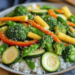 Für das perfekte Gemüse-Wok-Gericht wähle frisches Gemüse. Ich empfehle: - 1 Tasse Brokkoliröschen - 1 Paprika (nach Wahl), in Streifen geschnitten - 1 mittlere Karotte, in feine Streifen (Julienne) geschnitten - 1 Tasse Zuckerschoten - 1 kleine Zucchini, in Halbmonde geschnitten - 1 Tasse Mini-Mais, halbiert Diese Gemüse sorgen für einen bunten und knackigen Wok. Brokkoli bringt Vitamine, Paprika süße Frische und Karotten Farbe. Zuckerschoten fügen einen knackigen Biss hinzu, während Zucchini und Mini-Mais für zusätzliche Texturen sorgen. Die Aromen machen den Unterschied. Hier sind die wichtigsten Gewürze und Öle: - 3 Esslöffel Pflanzenöl - 2 Esslöffel Sojasauce (oder Tamari für die glutenfreie Variante) - 1 Esslöffel Sesamöl - 1 Teelöffel frisch geriebenen Ingwer - 2 Knoblauchzehen, fein gehackt Pflanzenöl sorgt für eine hohe Hitze. Sojasauce und Sesamöl bringen Tiefe und Geschmack. Ingwer und Knoblauch verleihen dem Gericht Aroma und Frische. Diese Kombination macht jeden Biss köstlich. Für eine vollständige Mahlzeit serviere das Gemüse mit: - Gekochtem Reis oder Nudeln Reis oder Nudeln sind die perfekte Basis. Sie nehmen die Aromen auf und machen das Gericht sättigend. Diese Beilagen sind einfach zuzubereiten und passen gut zu jedem Wok-Gericht. Du kannst das Rezept für das schnelle Gemüse-Wok-Gericht hier finden: [Full Recipe]. Zuerst bereite das Gemüse vor. Wasche den Brokkoli und schneide ihn in kleine Röschen. Nimm die Paprika und schneide sie in Streifen. Die Karotte schneidest du in feine Julienne-Streifen. Putze die Zuckerschoten und schneide die Zucchini in Halbmonde. Teile den Mini-Mais in zwei Hälften. Diese Schritte schaffen die perfekte Basis für dein schnelles Gemüse-Wok Gericht. Erhitze das Pflanzenöl in einer großen Pfanne oder einem Wok bei mittelhoher Hitze. Gib die fein gehackten Knoblauchzehen und den frisch geriebenen Ingwer in die Pfanne. Brate sie für etwa 30 Sekunden an. So entfalten sich die Aromen und du bereitest eine leckere Grundlage vor. Füge zuerst den Brokkoli und die Karotten hinzu. Brate sie unter gelegentlichem Rühren für etwa 2 Minuten. So werden sie weich, aber bleiben knackig. Jetzt kommen die Paprika, Zuckerschoten, Zucchini und Mini-Mais dazu. Wok sie für weitere 3-4 Minuten. Achte darauf, dass das Gemüse leuchtend bleibt und einen tollen Biss hat. Wenn du das Gemüse gut angebraten hast, gieße die Sojasauce und das Sesamöl darüber. Wirf alles zusammen, sodass die Sauce gleichmäßig verteilt ist. Koche es noch eine Minute weiter, damit die Sauce leicht eindickt. Schmecke alles mit Salz und Pfeffer ab. Dein schnelles Gemüse-Wok Gericht ist jetzt bereit zum Servieren. Einfach und lecker! Um das beste Ergebnis zu erzielen, nutze hohe Hitze. Dadurch wird das Gemüse knackig und behält seine Farbe. Rühre oft um. So garen alle Stücke gleichmäßig. Achte darauf, dass das Öl heiß ist, bevor du das Gemüse hinzufügst. Das verhindert ein Dämpfen und sorgt für ein tolles Aroma. Das Schöne an einem Gemüse-Wok-Gericht ist die Vielfalt. Du kannst verschiedene Gemüsesorten ausprobieren. Ersetze die Zucchini durch Auberginen oder füge grüne Bohnen hinzu. Auch die Saucen sind anpassbar. Probiere Teriyaki oder Hoisin-Sauce für einen neuen Geschmack. Jede Wahl bringt eine neue Note in dein Gericht. Wähle frische, saisonale Zutaten für den besten Geschmack. Saisonales Gemüse hat mehr Nährstoffe und ist oft preiswerter. Kaufe auf dem Markt oder im Bioladen, wenn möglich. So unterstützt du lokale Erzeuger und bekommst die frischesten Produkte. So wird dein schnelles Gemüse-Wok-Gericht nicht nur lecker, sondern auch gesund. {{image_4}} Um dein schnelles Gemüse-Wok-Gericht noch nahrhafter zu machen, kannst du Protein hinzufügen. Tofu ist eine großartige Option für Veggie-Liebhaber. Schneide den Tofu in Würfel und brate ihn goldbraun an, bevor du das Gemüse hinzufügst. Wenn du Fleisch magst, sind Hähnchenstücke eine gute Wahl. Brate das Hähnchen zuerst an, bis es gar ist. Garnelen geben einen tollen Geschmack und sind schnell gar. Füge sie in den letzten Minuten der Garzeit hinzu. Für eine vegetarische oder vegane Variante verwende glutenfreie Sojasauce. Diese ist perfekt für alle, die Gluten meiden. Du kannst auch pflanzliche Öle wie Kokos- oder Erdnussöl verwenden. Diese Öle bringen zusätzliche Aromen in dein Gericht. Achte darauf, frisches Gemüse zu wählen, um den besten Geschmack zu erzielen. So bleibt dein Wok-Gericht leicht und gesund. Wenn du es scharf magst, füge Chili oder Sriracha hinzu. Diese bringen eine schöne Schärfe in dein Gericht. Beginne mit einer kleinen Menge und taste dich langsam vor. Du kannst auch frische Chilis in Scheiben schneiden und sie mit dem Gemüse anbraten. Das gibt einen tollen Kick! Experimentiere mit verschiedenen Würzen, um deinen eigenen perfekten Geschmack zu finden. Lagere die Reste in luftdichten Behältern im Kühlschrank. So bleibt das Gemüse frisch. Ich empfehle, es innerhalb von zwei Stunden nach dem Kochen zu kühlen. Auf diese Weise vermeidest du Bakterien und sorgst für beste Qualität. Du kannst die Reste in der Mikrowelle oder in einer Pfanne erwärmen. Wenn du die Pfanne nutzt, erhitze sie auf mittlerer Hitze. Füge einen kleinen Spritzer Wasser hinzu, um das Gemüse saftig zu halten. Rühre regelmäßig um, damit alles gleichmäßig warm wird. Das Gericht bleibt bis zu drei Tage frisch. Achte darauf, dass der Behälter gut verschlossen ist. Nach drei Tagen empfehle ich, das Gemüse nicht mehr zu essen. Sicherheit geht vor, auch wenn es lecker ist! Die Vorbereitungszeit beträgt etwa 10 Minuten. Das Kochen dauert dann nur 5 Minuten. Insgesamt sind es also nur 15 Minuten. Sie können in dieser kurzen Zeit ein leckeres und gesundes Gericht zubereiten. Ja, gefrorenes Gemüse ist eine tolle Option. Es spart Zeit und ist oft bereits gewaschen und geschnitten. Achten Sie darauf, das gefrorene Gemüse vorher kurz aufzutauen. So garen sie gleichmäßiger. Wenn Sie gefrorenes Gemüse verwenden, reduzieren Sie die Kochzeit um ein bis zwei Minuten. Gekochter Reis oder Nudeln sind perfekte Beilagen. Sie nehmen die Sauce gut auf und ergänzen die Aromen. Sie können auch Quinoa oder Couscous verwenden. Für eine leichte Variante sind auch frische Salate eine gute Wahl. Wenn Sie etwas mehr Protein möchten, können Sie Tofu oder Hähnchen dazu servieren. Du hast nun gelernt, wie du ein leckeres Gemüse-Wok-Gericht zubereitest. Wir haben die besten Zutaten und Gewürze betrachtet, sowie Tipps zur perfekten Wok-Technik gegeben. Du kannst verschiedene Gemüse und Proteine wählen, um dein Gericht anzupassen. Denke daran, frische, saisonale Zutaten zu nutzen. Zum Schluss bleibt übrig, dass du deine Reste richtig lagerst und aufbewahrst. Wok-Kochen ist einfach und macht Spaß. Probiere es aus und experimentiere!