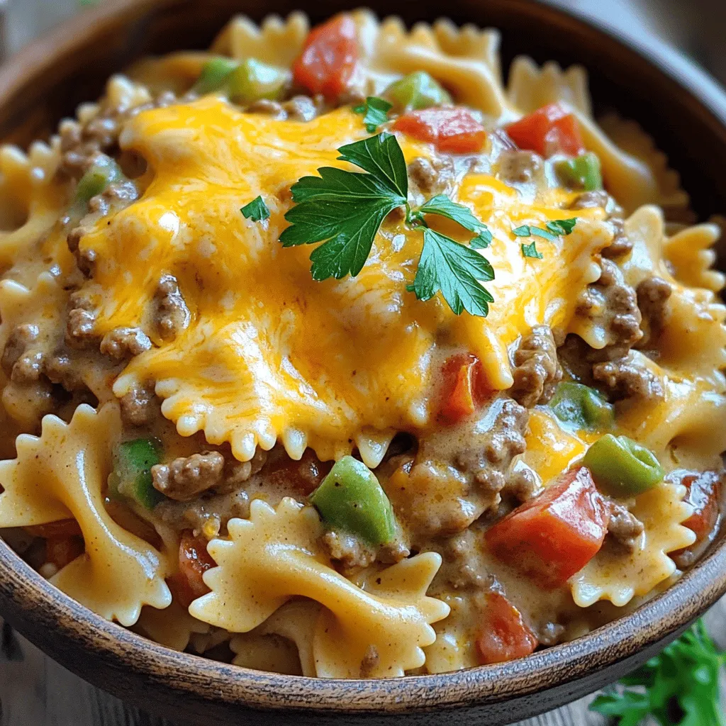 - 225 g Schmetterlingspasta - 450 g Rinderhackfleisch - 1 Dose (410 g) gewürfelte Tomaten mit grünen Chilis - 1 kleine Zwiebel, fein gehackt - 2 Knoblauchzehen, gehackt - 240 ml Rinderbrühe - 200 g geriebener Cheddar-Käse - 240 ml Schlagsahne - 1 Teelöffel italienische Gewürzmischung - 2 Esslöffel Olivenöl - Salz und Pfeffer nach Geschmack - Frische Petersilie zur Garnierung (optional) Für meine Käse-Burger und Schmetterlingspasta nutze ich frische und einfache Zutaten. Die Schmetterlingspasta hat eine tolle Form und nimmt die Sauce gut auf. Das Rinderhackfleisch sorgt für einen herzhaften Geschmack. Gewürfelte Tomaten mit Chilis bringen eine leichte Schärfe ins Gericht. Zwiebeln und Knoblauch geben ein feines Aroma. Die Rinderbrühe macht die Sauce reichhaltig. Cheddar-Käse und Schlagsahne sorgen für die cremige Konsistenz, die wir lieben. Ich empfehle, frische Petersilie als Garnierung zu nutzen. Sie bringt Farbe und einen frischen Geschmack. Diese Zutaten machen mein Rezept zu einer köstlichen Wahl für jedes Essen. Wenn du mehr Details zum Kochen brauchst, schau dir das Full Recipe an. Um die Schmetterlingspasta perfekt zu kochen, bringe einen großen Topf mit Wasser zum Kochen. Füge eine Prise Salz hinzu, um den Geschmack zu verbessern. Gib die Pasta hinein und koche sie nach den Anweisungen auf der Verpackung. Wichtig ist, die Pasta al dente zu kochen, damit sie nicht zu weich wird. Nach dem Kochen gieße die Pasta ab und stelle sie beiseite. Zuerst erhitze das Olivenöl in einer großen Pfanne bei mittlerer Hitze. Füge die fein gehackte Zwiebel hinzu und schwitze sie etwa 3-4 Minuten an, bis sie glasig ist. Dann gebe den gehackten Knoblauch dazu und gare ihn eine weitere Minute. Dies bringt einen tollen Duft in die Küche. Jetzt kommt das Rinderhackfleisch dazu. Zerkleinere es mit einem Pfannenwender, während es brät. Brate es etwa 5-7 Minuten, bis es braun und durchgegart ist. Gieße das überschüssige Fett ab, um das Gericht nicht zu schwer zu machen. Füge die gewürfelten Tomaten mit ihrem Saft, die Rinderbrühe und die italienische Gewürzmischung in die Pfanne. Rühre alles gut um und bringe es zum Köcheln. Lass die Mischung etwa 5 Minuten köcheln, damit die Aromen sich gut verbinden. Um eine cremige Konsistenz zu erreichen, reduziere die Hitze. Gieße dann langsam die Schlagsahne hinein und rühre, bis alles gut vermischt ist. Schmecke die Sauce mit Salz und Pfeffer ab. Gib die gekochte Schmetterlingspasta in die Pfanne mit der Sauce. Vermenge alles gut, damit die Pasta gleichmäßig mit der cremigen Soße überzogen ist. Füge nach und nach den geriebenen Cheddar-Käse hinzu und rühre weiter, bis der Käse geschmolzen und gut verteilt ist. Nimm die Pfanne vom Herd und lasse das Gericht einige Minuten ruhen. So dickt die Sauce leicht ein. Jetzt ist dein köstliches Gericht bereit, serviert zu werden! Um die beste Textur zu erzielen, koche die Schmetterlingspasta in einem großen Topf. Verwende gesalzenes, sprudelndes Wasser. Achte darauf, die Pasta al dente zu kochen. Das bedeutet, sie bleibt innen leicht fest und hat Biss. Nach dem Kochen, gieße die Pasta in ein Sieb ab. Lass sie kurz abtropfen, aber spüle sie nicht mit Wasser. So bleibt die Stärke haften, und die Soße haftet besser. Für perfektes Rinderhack ist es wichtig, die richtige Technik zu nutzen. Erhitze das Olivenöl in der Pfanne. Füge die Zwiebel hinzu und brate sie an. Der Duft ist einfach köstlich! Wenn das Fleisch hinzukommt, zerkleinere es mit einem Pfannenwender. Achte darauf, das überschüssige Fett abzugießen. So wird das Gericht weniger fettig und bleibt lecker. Um die Aromen zu variieren, kannst du neue Gewürze ausprobieren. Füge zum Beispiel Paprika oder Kreuzkümmel hinzu. Diese Gewürze bringen frische Noten in das Gericht. Du kannst auch mehr Gemüse hinzufügen. Karotten, Erbsen oder Paprika geben Farbe und Geschmack. So wird dein Gericht noch nahrhafter und sieht toll aus. {{image_4}} Wenn du eine vegetarische Option suchst, kannst du pflanzliches Hack oder Tofu verwenden. Diese Alternativen bringen einen ähnlichen Geschmack. Tofu lässt sich gut würzen. Du kannst ihn in kleine Stücke schneiden und anbraten. So erhält er eine schöne Textur. Pflanzliches Hack ist oft schon gewürzt und einfach zu nutzen. Damit hast du eine leckere und fleischlose Mahlzeit. Die Gewürze sind wichtig für den Geschmack. Du kannst die italienische Gewürzmischung nach deinem Geschmack anpassen. Probiere zum Beispiel etwas Paprika oder Kreuzkümmel hinzu. Diese Gewürze geben deinem Gericht eine neue Note. Du kannst auch frische Kräuter wie Basilikum oder Oregano verwenden. Das gibt dem Gericht mehr Frische und Aroma. Um das Gericht noch bunter und geschmackvoller zu machen, füge zusätzliche Zutaten hinzu. Pilze sind eine tolle Wahl. Sie bringen einen herzhaften Geschmack. Paprika in verschiedenen Farben sorgt für einen schönen Anblick. Du kannst sie einfach in die Pfanne geben, wenn du das Rinderhack anbrätst. Diese Extras machen dein Essen noch interessanter. Um Reste von Käse-Burger und Schmetterlingspasta richtig zu lagern, sollten Sie sie zuerst abkühlen lassen. Legen Sie sie dann in einen luftdichten Behälter. Im Kühlschrank sind sie bis zu drei Tage haltbar. Achten Sie darauf, den Behälter gut zu verschließen, damit die Reste frisch bleiben. Zum Aufwärmen empfehle ich die Mikrowelle oder eine Pfanne. In der Mikrowelle können Sie die Reste in einer Schüssel bei mittlerer Hitze erhitzen. Rühren Sie alle paar Minuten um, um gleichmäßige Wärme zu erzielen. In der Pfanne geben Sie etwas Wasser oder Brühe hinzu, um die Soße wieder cremig zu machen. Erhitzen Sie bei mittlerer Hitze und rühren Sie regelmäßig um. Wenn Sie Portionen einfrieren möchten, lassen Sie die Pasta zuerst vollständig abkühlen. Teilen Sie die Reste in kleine Portionen auf und legen Sie sie in gefriergeeignete Behälter oder Beutel. So bleibt die Pasta bis zu drei Monate frisch. Zum Auftauen können Sie die Portionen über Nacht im Kühlschrank lassen oder sie direkt in der Mikrowelle aufwärmen. Die Zubereitung dauert insgesamt 30 Minuten. Die Vorbereitungszeit liegt bei 15 Minuten. Während dieser Zeit schneidest du die Zwiebel und den Knoblauch. Du kochst auch die Schmetterlingspasta. Die restlichen 15 Minuten nutzt du zum Braten des Rinderhackfleischs und zum Mischen der Zutaten. Ja, du kannst das Rezept im Voraus zubereiten. Koche die Pasta und die Sauce separat. Lass beides abkühlen, bevor du es in den Kühlschrank stellst. Du kannst die Sauce bis zu drei Tage aufbewahren. Wenn du bereit bist zu essen, erhitze alles zusammen in einer Pfanne. Füge den Käse hinzu, damit er schön schmilzt. Ein einfacher grüner Salat passt gut zu diesem Gericht. Auch Knoblauchbrot ist eine tolle Beilage. Du kannst auch gedämpftes Gemüse wie Brokkoli oder grüne Bohnen servieren. Diese Beilagen bringen Farbe und Frische auf den Teller. Wenn du magst, kannst du auch einen leichten Joghurt-Dip dazu anbieten. Zusammenfassend haben wir die besten Zutaten für Käse-Burger und Schmetterlingspasta besprochen. Wir haben die Zubereitung Schritt für Schritt erklärt. Tipps zur perfekten Textur und Variationen waren ebenfalls wichtig. Denke an frische Kräuter und verschiedene Gewürze für mehr Geschmack. Dieses Gericht macht Freude und ist einfach zuzubereiten. Du kannst leicht Abwandlungen ausprobieren und Reste gut lagern. Viel Spaß beim Kochen und Genießen!
