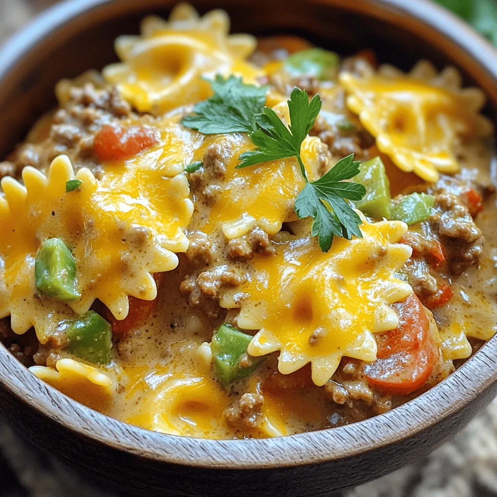 - 225 g Schmetterlingspasta - 450 g Rinderhackfleisch - 1 Dose (410 g) gewürfelte Tomaten mit grünen Chilis - 1 kleine Zwiebel, fein gehackt - 2 Knoblauchzehen, gehackt - 240 ml Rinderbrühe - 200 g geriebener Cheddar-Käse - 240 ml Schlagsahne - 1 Teelöffel italienische Gewürzmischung - 2 Esslöffel Olivenöl - Salz und Pfeffer nach Geschmack - Frische Petersilie zur Garnierung (optional) Für meine Käse-Burger und Schmetterlingspasta nutze ich frische und einfache Zutaten. Die Schmetterlingspasta hat eine tolle Form und nimmt die Sauce gut auf. Das Rinderhackfleisch sorgt für einen herzhaften Geschmack. Gewürfelte Tomaten mit Chilis bringen eine leichte Schärfe ins Gericht. Zwiebeln und Knoblauch geben ein feines Aroma. Die Rinderbrühe macht die Sauce reichhaltig. Cheddar-Käse und Schlagsahne sorgen für die cremige Konsistenz, die wir lieben. Ich empfehle, frische Petersilie als Garnierung zu nutzen. Sie bringt Farbe und einen frischen Geschmack. Diese Zutaten machen mein Rezept zu einer köstlichen Wahl für jedes Essen. Wenn du mehr Details zum Kochen brauchst, schau dir das Full Recipe an. Um die Schmetterlingspasta perfekt zu kochen, bringe einen großen Topf mit Wasser zum Kochen. Füge eine Prise Salz hinzu, um den Geschmack zu verbessern. Gib die Pasta hinein und koche sie nach den Anweisungen auf der Verpackung. Wichtig ist, die Pasta al dente zu kochen, damit sie nicht zu weich wird. Nach dem Kochen gieße die Pasta ab und stelle sie beiseite. Zuerst erhitze das Olivenöl in einer großen Pfanne bei mittlerer Hitze. Füge die fein gehackte Zwiebel hinzu und schwitze sie etwa 3-4 Minuten an, bis sie glasig ist. Dann gebe den gehackten Knoblauch dazu und gare ihn eine weitere Minute. Dies bringt einen tollen Duft in die Küche. Jetzt kommt das Rinderhackfleisch dazu. Zerkleinere es mit einem Pfannenwender, während es brät. Brate es etwa 5-7 Minuten, bis es braun und durchgegart ist. Gieße das überschüssige Fett ab, um das Gericht nicht zu schwer zu machen. Füge die gewürfelten Tomaten mit ihrem Saft, die Rinderbrühe und die italienische Gewürzmischung in die Pfanne. Rühre alles gut um und bringe es zum Köcheln. Lass die Mischung etwa 5 Minuten köcheln, damit die Aromen sich gut verbinden. Um eine cremige Konsistenz zu erreichen, reduziere die Hitze. Gieße dann langsam die Schlagsahne hinein und rühre, bis alles gut vermischt ist. Schmecke die Sauce mit Salz und Pfeffer ab. Gib die gekochte Schmetterlingspasta in die Pfanne mit der Sauce. Vermenge alles gut, damit die Pasta gleichmäßig mit der cremigen Soße überzogen ist. Füge nach und nach den geriebenen Cheddar-Käse hinzu und rühre weiter, bis der Käse geschmolzen und gut verteilt ist. Nimm die Pfanne vom Herd und lasse das Gericht einige Minuten ruhen. So dickt die Sauce leicht ein. Jetzt ist dein köstliches Gericht bereit, serviert zu werden! Um die beste Textur zu erzielen, koche die Schmetterlingspasta in einem großen Topf. Verwende gesalzenes, sprudelndes Wasser. Achte darauf, die Pasta al dente zu kochen. Das bedeutet, sie bleibt innen leicht fest und hat Biss. Nach dem Kochen, gieße die Pasta in ein Sieb ab. Lass sie kurz abtropfen, aber spüle sie nicht mit Wasser. So bleibt die Stärke haften, und die Soße haftet besser. Für perfektes Rinderhack ist es wichtig, die richtige Technik zu nutzen. Erhitze das Olivenöl in der Pfanne. Füge die Zwiebel hinzu und brate sie an. Der Duft ist einfach köstlich! Wenn das Fleisch hinzukommt, zerkleinere es mit einem Pfannenwender. Achte darauf, das überschüssige Fett abzugießen. So wird das Gericht weniger fettig und bleibt lecker. Um die Aromen zu variieren, kannst du neue Gewürze ausprobieren. Füge zum Beispiel Paprika oder Kreuzkümmel hinzu. Diese Gewürze bringen frische Noten in das Gericht. Du kannst auch mehr Gemüse hinzufügen. Karotten, Erbsen oder Paprika geben Farbe und Geschmack. So wird dein Gericht noch nahrhafter und sieht toll aus. {{image_4}} Wenn du eine vegetarische Option suchst, kannst du pflanzliches Hack oder Tofu verwenden. Diese Alternativen bringen einen ähnlichen Geschmack. Tofu lässt sich gut würzen. Du kannst ihn in kleine Stücke schneiden und anbraten. So erhält er eine schöne Textur. Pflanzliches Hack ist oft schon gewürzt und einfach zu nutzen. Damit hast du eine leckere und fleischlose Mahlzeit. Die Gewürze sind wichtig für den Geschmack. Du kannst die italienische Gewürzmischung nach deinem Geschmack anpassen. Probiere zum Beispiel etwas Paprika oder Kreuzkümmel hinzu. Diese Gewürze geben deinem Gericht eine neue Note. Du kannst auch frische Kräuter wie Basilikum oder Oregano verwenden. Das gibt dem Gericht mehr Frische und Aroma. Um das Gericht noch bunter und geschmackvoller zu machen, füge zusätzliche Zutaten hinzu. Pilze sind eine tolle Wahl. Sie bringen einen herzhaften Geschmack. Paprika in verschiedenen Farben sorgt für einen schönen Anblick. Du kannst sie einfach in die Pfanne geben, wenn du das Rinderhack anbrätst. Diese Extras machen dein Essen noch interessanter. Um Reste von Käse-Burger und Schmetterlingspasta richtig zu lagern, sollten Sie sie zuerst abkühlen lassen. Legen Sie sie dann in einen luftdichten Behälter. Im Kühlschrank sind sie bis zu drei Tage haltbar. Achten Sie darauf, den Behälter gut zu verschließen, damit die Reste frisch bleiben. Zum Aufwärmen empfehle ich die Mikrowelle oder eine Pfanne. In der Mikrowelle können Sie die Reste in einer Schüssel bei mittlerer Hitze erhitzen. Rühren Sie alle paar Minuten um, um gleichmäßige Wärme zu erzielen. In der Pfanne geben Sie etwas Wasser oder Brühe hinzu, um die Soße wieder cremig zu machen. Erhitzen Sie bei mittlerer Hitze und rühren Sie regelmäßig um. Wenn Sie Portionen einfrieren möchten, lassen Sie die Pasta zuerst vollständig abkühlen. Teilen Sie die Reste in kleine Portionen auf und legen Sie sie in gefriergeeignete Behälter oder Beutel. So bleibt die Pasta bis zu drei Monate frisch. Zum Auftauen können Sie die Portionen über Nacht im Kühlschrank lassen oder sie direkt in der Mikrowelle aufwärmen. Die Zubereitung dauert insgesamt 30 Minuten. Die Vorbereitungszeit liegt bei 15 Minuten. Während dieser Zeit schneidest du die Zwiebel und den Knoblauch. Du kochst auch die Schmetterlingspasta. Die restlichen 15 Minuten nutzt du zum Braten des Rinderhackfleischs und zum Mischen der Zutaten. Ja, du kannst das Rezept im Voraus zubereiten. Koche die Pasta und die Sauce separat. Lass beides abkühlen, bevor du es in den Kühlschrank stellst. Du kannst die Sauce bis zu drei Tage aufbewahren. Wenn du bereit bist zu essen, erhitze alles zusammen in einer Pfanne. Füge den Käse hinzu, damit er schön schmilzt. Ein einfacher grüner Salat passt gut zu diesem Gericht. Auch Knoblauchbrot ist eine tolle Beilage. Du kannst auch gedämpftes Gemüse wie Brokkoli oder grüne Bohnen servieren. Diese Beilagen bringen Farbe und Frische auf den Teller. Wenn du magst, kannst du auch einen leichten Joghurt-Dip dazu anbieten. Zusammenfassend haben wir die besten Zutaten für Käse-Burger und Schmetterlingspasta besprochen. Wir haben die Zubereitung Schritt für Schritt erklärt. Tipps zur perfekten Textur und Variationen waren ebenfalls wichtig. Denke an frische Kräuter und verschiedene Gewürze für mehr Geschmack. Dieses Gericht macht Freude und ist einfach zuzubereiten. Du kannst leicht Abwandlungen ausprobieren und Reste gut lagern. Viel Spaß beim Kochen und Genießen!