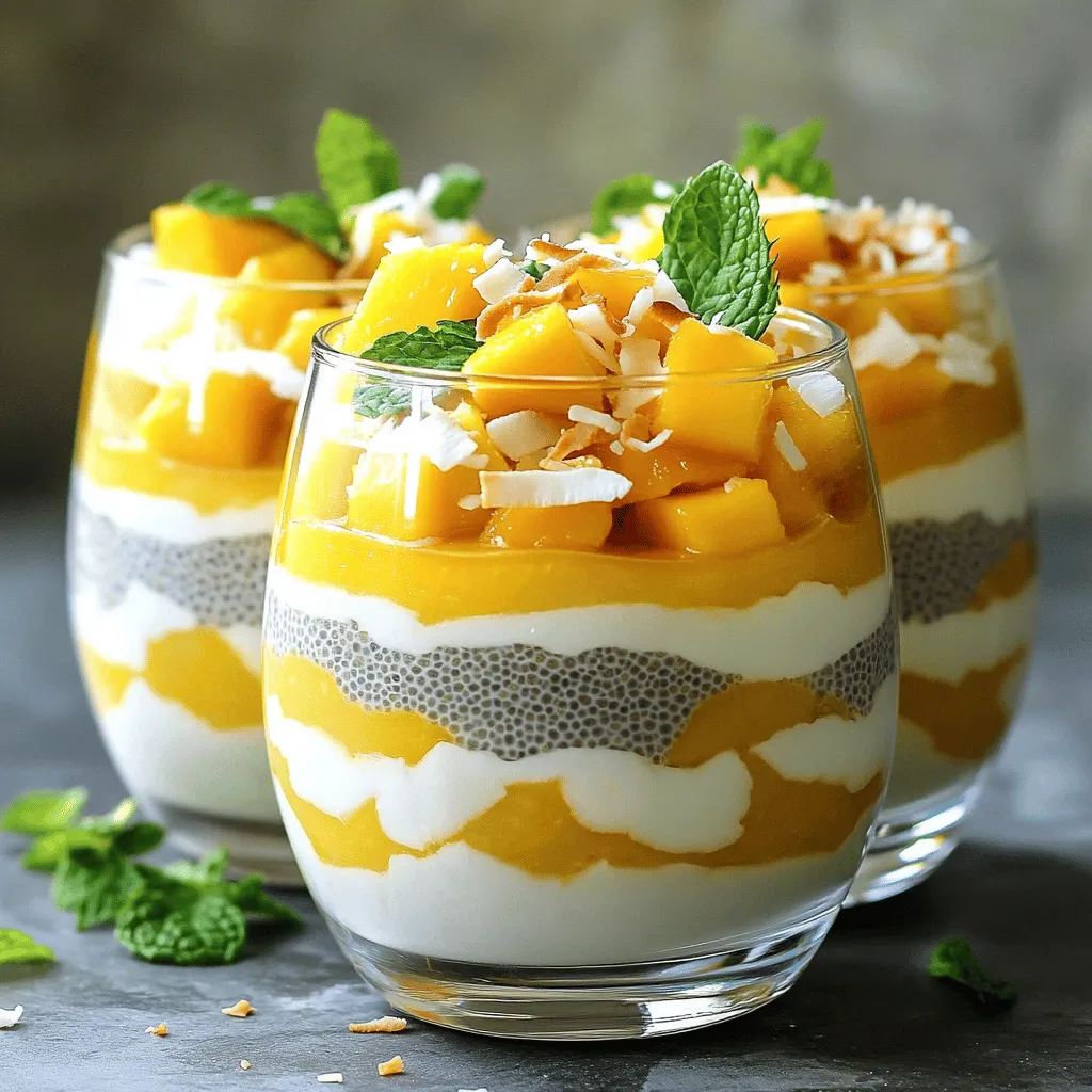 Für einen leckeren Mango-Kokos-Chia-Pudding brauchst du nur einige einfache Zutaten. Hier ist die Liste: - 1 Tasse Kokosnussmilch (aus der Dose oder im Karton) - 2 Esslöffel Chiasamen - 2 reife Mangos (1 gewürfelt, 1 püriert) - 2 Esslöffel Honig oder Ahornsirup (optional) - 1 Teelöffel Vanilleextrakt - Eine Prise Salz - Geröstete Kokosflocken zur Dekoration - Frische Minzblätter zur Dekoration Diese Zutaten machen den Pudding frisch und cremig. Kokosmilch gibt ihm einen tropischen Geschmack. Die Chiasamen sorgen für die richtige Konsistenz. Mangos bringen Süße und Frische. Um die besten Mangos zu finden, achte auf einige Dinge. Die Haut sollte glatt und ohne Druckstellen sein. Ein leichter Duft nach Süße zeigt, dass die Mango reif ist. Wenn du die Mango leicht drückst, sollte sie etwas nachgeben. Das zeigt, dass sie saftig ist. Wähle eine Mango, die keine grünen Stellen hat, denn das bedeutet, dass sie noch nicht reif ist. Wenn du keine Kokosmilch magst, gibt es viele Alternativen. Du kannst Mandelmilch oder Hafermilch verwenden. Diese pflanzlichen Milchsorten geben dem Pudding einen anderen, aber leckeren Geschmack. Du kannst auch normale Milch nehmen, wenn du keine Pflanzenmilch möchtest. Denke daran, dass die Wahl der Milch den Geschmack des Puddings verändern kann. Probiere verschiedene Sorten aus, um deinen Favoriten zu finden! Für die vollständige Zubereitung schaue dir das [Full Recipe] an. Zuerst sammeln wir die Zutaten. Diese sind einfach und frisch. Du brauchst: - 1 Tasse Kokosnussmilch - 2 Esslöffel Chiasamen - 2 reife Mangos - 2 Esslöffel Honig oder Ahornsirup (optional) - 1 Teelöffel Vanilleextrakt - Eine Prise Salz - Geröstete Kokosflocken für die Deko - Frische Minzblätter für die Deko Schäle die Mangos und schneide eine in kleine Würfel. Püriere die andere Mango in einem Mixer, bis sie glatt ist. Bereite alles vor, bevor du mit dem Pudding beginnst. In einer großen Schüssel vermischst du die Kokosnussmilch, Chiasamen, Honig, Vanilleextrakt und eine Prise Salz. Rühre die Mischung gut um. Es ist wichtig, dass die Chiasamen gleichmäßig verteilt sind. Lass die Mischung für 5-10 Minuten stehen. Rühre danach nochmals um, um Klumpen zu vermeiden. Decke die Schüssel ab und stelle sie für mindestens 4 Stunden oder über Nacht in den Kühlschrank. Die Chiasamen quellen und die Mischung wird puddingartig. Nimm den Chia-Pudding nach der Kühlzeit aus dem Kühlschrank und rühre ihn gut durch. Jetzt folgt der spaßige Teil: das Schichten! Fülle kleine Gläser oder Schalen abwechselnd mit Chia-Pudding und pürierter Mango. Obenauf kommen die gewürfelten Mangostücke. Dekoriere das Ganze mit gerösteten Kokosflocken und frischen Minzblättern. So sieht dein Mango-Kokos-Chia-Pudding frisch und einladend aus. Für die besten Ergebnisse achte darauf, die Schichten gleichmäßig zu machen. Wenn du die Schritte befolgst, hast du ein leckeres und gesundes Dessert. Du kannst das Rezept auch anpassen, indem du andere Früchte hinzufügst. Schau dir die Full Recipe für mehr Details an! Ein häufiger Fehler ist, die Chiasamen nicht gut zu vermischen. Wenn sie klumpen, quellen sie ungleichmäßig. Rühren Sie die Mischung nach 5-10 Minuten gut um. Ein weiterer Fehler ist, nicht genug Zeit zum Kühlen einzuplanen. Chiasamen brauchen Zeit, um die Flüssigkeit aufzunehmen. Die beste Kühlzeit für Mango-Kokos-Chia-Pudding ist mindestens 4 Stunden. Ich empfehle jedoch, ihn über Nacht im Kühlschrank zu lassen. So wird der Pudding besonders cremig und dick. Je länger, desto besser! Für die Präsentation empfehle ich, klare Gläser zu verwenden. So sehen die Schichten von Chia-Pudding und Mango toll aus. Fügen Sie geröstete Kokosflocken und frische Minzblätter hinzu. Das macht das Gericht nicht nur schöner, sondern auch leckerer! {{image_4}} Du kannst deinen Mango-Kokos-Chia-Pudding leicht mit anderen Früchten anpassen. Probiere Beeren wie Himbeeren oder Erdbeeren für einen fruchtigen Kick. Die Farben sind lebhaft und machen den Pudding noch ansprechender. Du kannst auch Bananen oder Kiwi verwenden. Diese Früchte fügen nicht nur Geschmack hinzu, sondern auch gesunde Nährstoffe. Mische die pürierten Früchte mit dem Chia-Pudding oder schichte sie einfach darüber. Wenn du eine vegane oder zuckerfreie Variante wünschst, ist das einfach. Ersetze den Honig durch Agavendicksaft oder ganz einfach durch nichts. Verwende die süße der Früchte. Die Kokosmilch ist bereits vegan, sodass du sie ohne Sorgen verwenden kannst. Diese Optionen machen den Pudding leicht und gesund. Du wirst den Geschmack trotzdem lieben. Du kannst diesen Pudding als Basis für viele andere Rezepte nutzen. Füge Gewürze wie Zimt oder Kakao hinzu, um neue Geschmäcker zu entdecken. Du kannst auch Nüsse oder Samen einstreuen, um Textur und Crunch hinzuzufügen. Experimentiere mit verschiedenen Kombinationen. Du wirst überrascht sein, wie vielseitig Chia-Pudding sein kann. Stelle dir die Möglichkeiten vor und finde deine Lieblingsversion. Für die vollständige Rezeptanleitung schau dir das Rezept an. Um Mango-Kokos-Chia-Pudding frisch zu halten, bewahre ihn in einem luftdichten Behälter auf. Dies schützt ihn vor anderen Gerüchen im Kühlschrank. Verwende am besten Glasbehälter, da sie keine Chemikalien abgeben. Der Pudding hält sich gut im Kühlschrank für etwa 4 bis 5 Tage. Nach dieser Zeit kann die Textur leiden. Die Chiasamen können weich und matschig werden, was den Genuss mindert. Achte auf Veränderungen im Geruch oder Aussehen. Wenn der Pudding einen sauren Geruch hat oder die Konsistenz wässrig wird, ist es Zeit, ihn wegzuwerfen. Klumpen oder eine schleimige Schicht sind ebenfalls Warnzeichen. Denke daran, dass du beim Lagern immer die Frische der Zutaten im Blick behalten solltest. So bleibt dein Mango-Kokos-Chia-Pudding lecker und gesund! Chiasamen benötigen etwa 4 Stunden, um richtig zu quellen. Es ist am besten, sie über Nacht im Kühlschrank zu lassen. Dadurch erhalten sie die perfekte puddingähnliche Konsistenz. Wenn du es eilig hast, kannst du sie auch nur 30 Minuten quellen lassen, aber das Ergebnis wird weniger cremig. Ja, gefrorene Mangos sind eine gute Option! Du kannst sie einfach im Mixer pürieren, ohne sie vorher aufzutauen. Das spart Zeit und macht die Zubereitung noch einfacher. Achte darauf, die gefrorenen Mangos in kleinen Stücken zu verwenden, damit sie gleichmäßig püriert werden. Chiasamen sind sehr nahrhaft. Sie sind reich an Ballaststoffen, was gut für die Verdauung ist. Außerdem enthalten sie viele Omega-3-Fettsäuren, die gut für das Herz sind. Chiasamen sind auch eine großartige Proteinquelle und helfen, den Blutzuckerspiegel stabil zu halten. Daher sind sie eine gesunde Ergänzung zu deinem Frühstück oder Snack. Du kannst Honig oder Ahornsirup verwenden, um den Pudding zu süßen. Wenn du es zuckerfrei magst, versuche Stevia oder einen anderen natürlichen Süßstoff. Beginne mit einem Esslöffel und passe die Menge nach deinem Geschmack an. Ja, der Mango-Kokos-Chia-Pudding kann vegan sein, wenn du pflanzliche Milch und einen pflanzlichen Süßstoff verwendest. Kokosnussmilch ist eine tolle Basis, die cremig und lecker ist. Achte darauf, dass der verwendete Süßstoff ebenfalls vegan ist. Der Pudding hält sich bis zu 5 Tage im Kühlschrank. Stelle sicher, dass du ihn in einem luftdichten Behälter aufbewahrst. Wenn du ihn länger aufbewahren möchtest, kannst du ihn auch einfrieren. Achte darauf, ihn gut einzupacken, um Gefrierbrand zu vermeiden. Ja, du kannst andere Früchte hinzufügen oder die Mangos ersetzen. Beeren, Bananen oder Ananas passen gut zu diesem Rezept. Experimentiere mit verschiedenen Kombinationen, um deine Lieblingsgeschmäcker zu finden. Mango-Kokos-Chia-Pudding ist einfach zuzubereiten und voller Geschmack. Wir haben die besten Zutaten erkundet, Tipps zur Zubereitung gegeben und häufige Fehler besprochen. Du kannst das Rezept nach deinem Geschmack anpassen und mit verschiedenen Früchten spielen. Achte darauf, den Pudding richtig zu lagern, damit er frisch bleibt. Probier es selbst aus! Dieser Pudding ist nicht nur lecker, sondern auch gesund. Lass deiner Kreativität freien Lauf und genieße jede Löffel.
