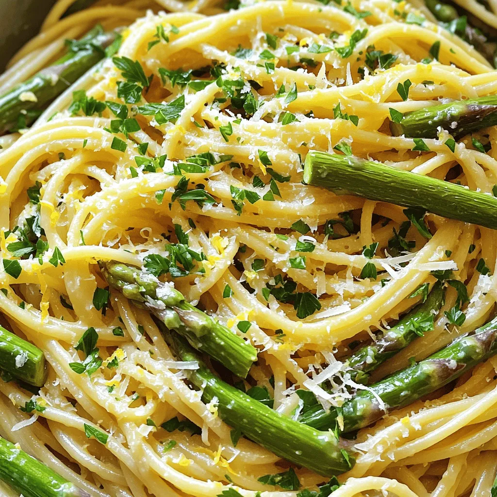 - 225 g Spaghetti oder Fettuccine - 1 Bund frischer Spargel, endenbeschnitten und in 5 cm lange Stücke geschnitten - 3 Esslöffel Olivenöl - 2 Knoblauchzehen, fein gehackt - Abgeriebene Schale von 1 Zitrone - 60 ml frisch gepresster Zitronensaft - 125 g frisch geriebener Parmesan, plus mehr zum Servieren - Salz und schwarzer Pfeffer nach Geschmack - 1/4 Teelöffel rote Pfefferflocken (optional) - Frische Petersilie, gehackt, zum Garnieren