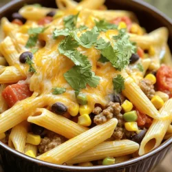 Für diese leckere Käse-Taco-Pasta brauchst du folgende Zutaten: - 225 g Penne-Nudeln - 450 g Rinderhackfleisch (oder Putenhackfleisch) - 1 mittlere Zwiebel, gewürfelt - 2 Knoblauchzehen, gehackt - 1 Esslöffel Olivenöl - 1 Päckchen Taco-Gewürz - 1 Dose (425 g) gewürfelte Tomaten mit Chili, unverdünnt - 500 ml Hühner- oder Gemüsebrühe - 100 g geriebener Cheddar-Käse - 150 g Mais (frisch, gefroren oder aus der Dose) - 150 g schwarze Bohnen (abgespült und abgetropft) - Salz und Pfeffer nach Geschmack - Frischer Koriander zur Garnierung (optional) Beim Einkauf frischer Zutaten achte auf Qualität. Wähle Rinderhackfleisch, das rot und frisch aussieht. Die Zwiebeln sollten fest und ohne Flecken sein. Knoblauchzehen sollten prall und nicht schrumplig sein. Bei Tomaten, greife zu einer Dose mit ganzen oder gewürfelten Tomaten. So hast du mehr Geschmack. Achte auch darauf, frischen oder gefrorenen Mais zu kaufen. Die Bohnen sollten in einer Dose ohne Zuckerzusatz sein. Die Zutaten für Käse-Taco-Pasta sind nicht nur lecker, sondern auch nahrhaft. - Penne-Nudeln liefern dir Kohlenhydrate für Energie. - Rinderhackfleisch bringt viel Protein für den Muskelaufbau. - Zwiebeln und Knoblauch sind gut für das Immunsystem. - Tomaten sind reich an Antioxidantien und Vitamin C. - Mais bietet Ballaststoffe, die die Verdauung unterstützen. - Schwarze Bohnen sind eine tolle Proteinquelle und enthalten viele Vitamine. - Cheddar-Käse liefert Kalzium für starke Knochen. Wenn du diese Zutaten kombinierst, bekommst du eine ausgewogene und köstliche Mahlzeit. Probiere es aus mit dem Full Recipe und genieße den Geschmack! Um die Käse-Taco-Pasta einfach zuzubereiten, folge diesen Schritten: 1. Erhitze das Olivenöl in einer großen Pfanne bei mittlerer Hitze. 2. Gib die gewürfelte Zwiebel und den gehackten Knoblauch hinzu. Brate sie an, bis die Zwiebel glasig ist, etwa 3-4 Minuten. 3. Füge das Rinderhackfleisch oder Putenhackfleisch hinzu. Zerbrich es mit einem Spatel und brate es, bis es gleichmäßig braun ist, etwa 5-7 Minuten. Lass überschüssiges Fett abtropfen, wenn nötig. 4. Rühre das Taco-Gewürz unter das Fleisch und mische alles gut. 5. Gieße die gewürfelten Tomaten und die Brühe in die Pfanne. Bringe alles zum Köcheln. 6. Füge die Penne-Nudeln hinzu und rühre um, sodass die Nudeln in der Flüssigkeit liegen. 7. Decke die Pfanne ab und koche sie etwa 12-15 Minuten, dabei gelegentlich umrühren, bis die Nudeln al dente sind. 8. Rühre den Mais und die schwarzen Bohnen unter, bis alles gut durchgewärmt ist. 9. Nimm die Pfanne vom Herd und füge den geriebenen Cheddar-Käse hinzu. Rühre, bis der Käse geschmolzen ist. 10. Schmecke die Pasta mit Salz und Pfeffer ab. Einige Techniken machen das Kochen einfacher: - Anbraten: Achte darauf, die Zwiebel und den Knoblauch gut anzubraten. Das bringt mehr Geschmack. - Köcheln: Lass die Flüssigkeit sanft kochen. So nehmen die Nudeln den Geschmack auf. - Rühren: Rühre regelmäßig um, damit die Nudeln nicht kleben bleiben und gleichmäßig garen. Gutes Zeitmanagement spart Zeit: - Bereite alle Zutaten vor, bevor du mit dem Kochen beginnst. Das nennt man "Mise en Place". - Nutze die Zeit, während die Nudeln kochen, um die anderen Zutaten vorzubereiten. - Halte die Schritte klar und konzentriere dich auf das Kochen. Mit dieser Anleitung wird deine Käse-Taco-Pasta ganz einfach und schnell zubereitet. Für das komplette Rezept schau dir die [Full Recipe] an. Die Kochzeit für die Penne-Nudeln ist sehr wichtig. Ich empfehle, die Nudeln al dente zu kochen. Das bedeutet, sie sollten noch leicht fest sein. Das dauert in der Regel 12 bis 15 Minuten in der Brühe. Rühre die Nudeln regelmäßig um, damit sie nicht kleben. Wenn die Nudeln fertig sind, nimm die Pfanne vom Herd. So behältst du den perfekten Biss. Du kannst den Geschmack der Käse-Taco-Pasta leicht anpassen. Füge zum Beispiel mehr Taco-Gewürz hinzu, wenn du es schärfer magst. Oder benutze verschiedene Käsesorten wie Monterey Jack oder Gouda. Du kannst auch frische Paprika oder Jalapeños hinzufügen. Diese Zutaten bringen mehr Frische und Farbe in das Gericht. Experimentiere ruhig mit deinen Lieblingszutaten. Ein häufiger Fehler ist, die Nudeln zu lange zu kochen. Das macht sie matschig und ungenießbar. Vermeide auch, die Pfanne zu überfüllen. Wenn die Pfanne zu voll ist, garen die Zutaten ungleichmäßig. Achte außerdem darauf, das überschüssige Fett nach dem Braten des Fleisches abzugießen. Zu viel Fett macht die Pasta schwer. Halte dich an die Schritte im Full Recipe für den besten Erfolg. {{image_4}} Wenn du eine vegetarische Version der Käse-Taco-Pasta machen möchtest, gibt es viele leckere Alternativen. Du kannst das Rinderhackfleisch durch pflanzliche Hackfleisch-Alternativen ersetzen. Diese gibt es oft aus Erbsenprotein oder Soja. - Zutaten: - 450 g pflanzliches Hackfleisch - 150 g Kichererbsen (abgespült und abgetropft) Diese Zutaten geben deiner Pasta eine gute Textur und viele Proteine. Du kannst auch mehr Gemüse hinzufügen, wie Zucchini oder Paprika. Das macht das Gericht noch bunter und gesünder. Gewürze sind der Schlüssel zu einem tollen Geschmack. Du kannst mit verschiedenen Gewürzen experimentieren, um die Pasta nach deinem Geschmack zu gestalten. - Zutaten: - 1 Teelöffel Kreuzkümmel - 1 Teelöffel Paprikapulver - 1/2 Teelöffel Cayennepfeffer (für Schärfe) Diese Gewürze bringen mehr Tiefe in das Gericht. Wenn du es milder magst, lasse den Cayennepfeffer weg. Für eine mexikanische Note kannst du auch einen Spritzer Limettensaft hinzufügen. Die richtige Beilage macht das Essen noch besser. Hier sind einige Ideen, um deine Käse-Taco-Pasta zu ergänzen. - Vorschläge: - Guacamole - Salsa - Sour Cream Diese Beilagen bringen frische Aromen und eine cremige Textur. Du kannst die Pasta auch mit Tortilla-Chips servieren. Dies gibt einen tollen Crunch und macht das Gericht spannend. Für das komplette Rezept schau dir die Vollständige Rezeptanleitung an! Wenn du Reste von Käse-Taco-Pasta hast, ist die Lagerung wichtig. Lass die Pasta zuerst auf Raumtemperatur abkühlen. Dann fülle sie in einen luftdichten Behälter. Achte darauf, dass die Reste gut abgedeckt sind. So bleiben sie frisch und lecker. Du kannst die Pasta bis zu drei Tage im Kühlschrank aufbewahren. Im Kühlschrank hält die Käse-Taco-Pasta bis zu drei Tage. Wenn du sie länger aufbewahren möchtest, friere sie ein. In einem luftdichten Behälter hält sie bis zu drei Monate im Gefrierfach. Achte darauf, die Pasta gut zu etikettieren. So weißt du, wann du sie gemacht hast. Um die Käse-Taco-Pasta wieder aufzuwärmen, kannst du entweder die Mikrowelle oder den Herd verwenden. Wenn du die Mikrowelle nutzt, erwärme die Pasta in kurzen Intervallen. Rühre dabei immer wieder um, damit sie gleichmäßig warm wird. Wenn du den Herd benutzt, füge einen kleinen Schuss Brühe oder Wasser hinzu, damit sie nicht austrocknet. Erhitze die Pasta bei schwacher Hitze und rühre regelmäßig um. So bleibt sie cremig und köstlich. Ja, du kannst die Pasta glutenfrei machen. Nutze einfach glutenfreie Penne oder eine andere glutenfreie Pasta. Diese sind in vielen Geschäften erhältlich. Achte darauf, dass auch das Taco-Gewürz glutenfrei ist. So bleibt das Gericht lecker und für alle geeignet. Ich empfehle dir, Cheddar zu verwenden, da er gut schmilzt. Du kannst auch Gouda oder Monterey Jack ausprobieren. Wenn du etwas mehr Würze möchtest, nutze Pepper Jack Käse. Für eine leichtere Option, probiere fettarmen Käse. Jeder Käse bringt seinen eigenen Geschmack in die Pasta. Die Schärfe kannst du leicht anpassen. Verwende weniger Taco-Gewürz, wenn du es milder magst. Du kannst auch die gewürfelten Tomaten ohne Chili nehmen. Wenn du es schärfer möchtest, füge frische Jalapeños oder Chilipulver hinzu. So kannst du die Schärfe genau nach deinem Geschmack einstellen. Die Käse-Taco-Pasta vereint frische Zutaten, einfache Zubereitung und kreative Variationen. Du hast gelernt, wie du frische Zutaten kaufst und die Pasta perfekt zubereitest. Achte auf Kochzeiten und vermeide häufige Fehler. Mit den Tipps zum Anpassen der Rezepte wird jede Mahlzeit einzigartig. Vergiss nicht, wie du Reste richtig lagerst und wieder aufwärmst. Jetzt bist du bereit, diese leckere Pasta zu genießen und sie nach deinem Geschmack zu gestalten. Probiere es aus und bringe frischen Geschmack in deine Küche!