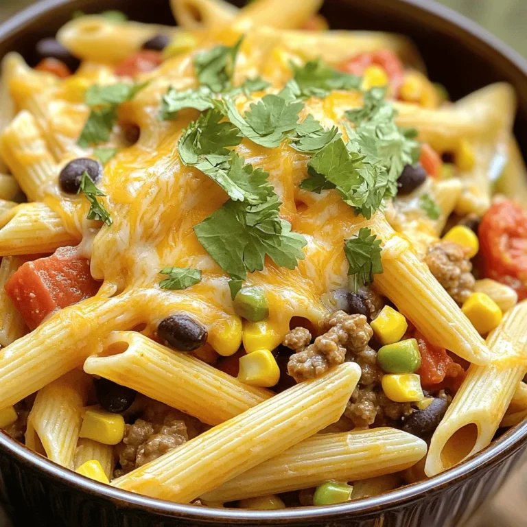Für diese leckere Käse-Taco-Pasta brauchst du folgende Zutaten: - 225 g Penne-Nudeln - 450 g Rinderhackfleisch (oder Putenhackfleisch) - 1 mittlere Zwiebel, gewürfelt - 2 Knoblauchzehen, gehackt - 1 Esslöffel Olivenöl - 1 Päckchen Taco-Gewürz - 1 Dose (425 g) gewürfelte Tomaten mit Chili, unverdünnt - 500 ml Hühner- oder Gemüsebrühe - 100 g geriebener Cheddar-Käse - 150 g Mais (frisch, gefroren oder aus der Dose) - 150 g schwarze Bohnen (abgespült und abgetropft) - Salz und Pfeffer nach Geschmack - Frischer Koriander zur Garnierung (optional) Beim Einkauf frischer Zutaten achte auf Qualität. Wähle Rinderhackfleisch, das rot und frisch aussieht. Die Zwiebeln sollten fest und ohne Flecken sein. Knoblauchzehen sollten prall und nicht schrumplig sein. Bei Tomaten, greife zu einer Dose mit ganzen oder gewürfelten Tomaten. So hast du mehr Geschmack. Achte auch darauf, frischen oder gefrorenen Mais zu kaufen. Die Bohnen sollten in einer Dose ohne Zuckerzusatz sein. Die Zutaten für Käse-Taco-Pasta sind nicht nur lecker, sondern auch nahrhaft. - Penne-Nudeln liefern dir Kohlenhydrate für Energie. - Rinderhackfleisch bringt viel Protein für den Muskelaufbau. - Zwiebeln und Knoblauch sind gut für das Immunsystem. - Tomaten sind reich an Antioxidantien und Vitamin C. - Mais bietet Ballaststoffe, die die Verdauung unterstützen. - Schwarze Bohnen sind eine tolle Proteinquelle und enthalten viele Vitamine. - Cheddar-Käse liefert Kalzium für starke Knochen. Wenn du diese Zutaten kombinierst, bekommst du eine ausgewogene und köstliche Mahlzeit. Probiere es aus mit dem Full Recipe und genieße den Geschmack! Um die Käse-Taco-Pasta einfach zuzubereiten, folge diesen Schritten: 1. Erhitze das Olivenöl in einer großen Pfanne bei mittlerer Hitze. 2. Gib die gewürfelte Zwiebel und den gehackten Knoblauch hinzu. Brate sie an, bis die Zwiebel glasig ist, etwa 3-4 Minuten. 3. Füge das Rinderhackfleisch oder Putenhackfleisch hinzu. Zerbrich es mit einem Spatel und brate es, bis es gleichmäßig braun ist, etwa 5-7 Minuten. Lass überschüssiges Fett abtropfen, wenn nötig. 4. Rühre das Taco-Gewürz unter das Fleisch und mische alles gut. 5. Gieße die gewürfelten Tomaten und die Brühe in die Pfanne. Bringe alles zum Köcheln. 6. Füge die Penne-Nudeln hinzu und rühre um, sodass die Nudeln in der Flüssigkeit liegen. 7. Decke die Pfanne ab und koche sie etwa 12-15 Minuten, dabei gelegentlich umrühren, bis die Nudeln al dente sind. 8. Rühre den Mais und die schwarzen Bohnen unter, bis alles gut durchgewärmt ist. 9. Nimm die Pfanne vom Herd und füge den geriebenen Cheddar-Käse hinzu. Rühre, bis der Käse geschmolzen ist. 10. Schmecke die Pasta mit Salz und Pfeffer ab. Einige Techniken machen das Kochen einfacher: - Anbraten: Achte darauf, die Zwiebel und den Knoblauch gut anzubraten. Das bringt mehr Geschmack. - Köcheln: Lass die Flüssigkeit sanft kochen. So nehmen die Nudeln den Geschmack auf. - Rühren: Rühre regelmäßig um, damit die Nudeln nicht kleben bleiben und gleichmäßig garen. Gutes Zeitmanagement spart Zeit: - Bereite alle Zutaten vor, bevor du mit dem Kochen beginnst. Das nennt man "Mise en Place". - Nutze die Zeit, während die Nudeln kochen, um die anderen Zutaten vorzubereiten. - Halte die Schritte klar und konzentriere dich auf das Kochen. Mit dieser Anleitung wird deine Käse-Taco-Pasta ganz einfach und schnell zubereitet. Für das komplette Rezept schau dir die [Full Recipe] an. Die Kochzeit für die Penne-Nudeln ist sehr wichtig. Ich empfehle, die Nudeln al dente zu kochen. Das bedeutet, sie sollten noch leicht fest sein. Das dauert in der Regel 12 bis 15 Minuten in der Brühe. Rühre die Nudeln regelmäßig um, damit sie nicht kleben. Wenn die Nudeln fertig sind, nimm die Pfanne vom Herd. So behältst du den perfekten Biss. Du kannst den Geschmack der Käse-Taco-Pasta leicht anpassen. Füge zum Beispiel mehr Taco-Gewürz hinzu, wenn du es schärfer magst. Oder benutze verschiedene Käsesorten wie Monterey Jack oder Gouda. Du kannst auch frische Paprika oder Jalapeños hinzufügen. Diese Zutaten bringen mehr Frische und Farbe in das Gericht. Experimentiere ruhig mit deinen Lieblingszutaten. Ein häufiger Fehler ist, die Nudeln zu lange zu kochen. Das macht sie matschig und ungenießbar. Vermeide auch, die Pfanne zu überfüllen. Wenn die Pfanne zu voll ist, garen die Zutaten ungleichmäßig. Achte außerdem darauf, das überschüssige Fett nach dem Braten des Fleisches abzugießen. Zu viel Fett macht die Pasta schwer. Halte dich an die Schritte im Full Recipe für den besten Erfolg. {{image_4}} Wenn du eine vegetarische Version der Käse-Taco-Pasta machen möchtest, gibt es viele leckere Alternativen. Du kannst das Rinderhackfleisch durch pflanzliche Hackfleisch-Alternativen ersetzen. Diese gibt es oft aus Erbsenprotein oder Soja. - Zutaten: - 450 g pflanzliches Hackfleisch - 150 g Kichererbsen (abgespült und abgetropft) Diese Zutaten geben deiner Pasta eine gute Textur und viele Proteine. Du kannst auch mehr Gemüse hinzufügen, wie Zucchini oder Paprika. Das macht das Gericht noch bunter und gesünder. Gewürze sind der Schlüssel zu einem tollen Geschmack. Du kannst mit verschiedenen Gewürzen experimentieren, um die Pasta nach deinem Geschmack zu gestalten. - Zutaten: - 1 Teelöffel Kreuzkümmel - 1 Teelöffel Paprikapulver - 1/2 Teelöffel Cayennepfeffer (für Schärfe) Diese Gewürze bringen mehr Tiefe in das Gericht. Wenn du es milder magst, lasse den Cayennepfeffer weg. Für eine mexikanische Note kannst du auch einen Spritzer Limettensaft hinzufügen. Die richtige Beilage macht das Essen noch besser. Hier sind einige Ideen, um deine Käse-Taco-Pasta zu ergänzen. - Vorschläge: - Guacamole - Salsa - Sour Cream Diese Beilagen bringen frische Aromen und eine cremige Textur. Du kannst die Pasta auch mit Tortilla-Chips servieren. Dies gibt einen tollen Crunch und macht das Gericht spannend. Für das komplette Rezept schau dir die Vollständige Rezeptanleitung an! Wenn du Reste von Käse-Taco-Pasta hast, ist die Lagerung wichtig. Lass die Pasta zuerst auf Raumtemperatur abkühlen. Dann fülle sie in einen luftdichten Behälter. Achte darauf, dass die Reste gut abgedeckt sind. So bleiben sie frisch und lecker. Du kannst die Pasta bis zu drei Tage im Kühlschrank aufbewahren. Im Kühlschrank hält die Käse-Taco-Pasta bis zu drei Tage. Wenn du sie länger aufbewahren möchtest, friere sie ein. In einem luftdichten Behälter hält sie bis zu drei Monate im Gefrierfach. Achte darauf, die Pasta gut zu etikettieren. So weißt du, wann du sie gemacht hast. Um die Käse-Taco-Pasta wieder aufzuwärmen, kannst du entweder die Mikrowelle oder den Herd verwenden. Wenn du die Mikrowelle nutzt, erwärme die Pasta in kurzen Intervallen. Rühre dabei immer wieder um, damit sie gleichmäßig warm wird. Wenn du den Herd benutzt, füge einen kleinen Schuss Brühe oder Wasser hinzu, damit sie nicht austrocknet. Erhitze die Pasta bei schwacher Hitze und rühre regelmäßig um. So bleibt sie cremig und köstlich. Ja, du kannst die Pasta glutenfrei machen. Nutze einfach glutenfreie Penne oder eine andere glutenfreie Pasta. Diese sind in vielen Geschäften erhältlich. Achte darauf, dass auch das Taco-Gewürz glutenfrei ist. So bleibt das Gericht lecker und für alle geeignet. Ich empfehle dir, Cheddar zu verwenden, da er gut schmilzt. Du kannst auch Gouda oder Monterey Jack ausprobieren. Wenn du etwas mehr Würze möchtest, nutze Pepper Jack Käse. Für eine leichtere Option, probiere fettarmen Käse. Jeder Käse bringt seinen eigenen Geschmack in die Pasta. Die Schärfe kannst du leicht anpassen. Verwende weniger Taco-Gewürz, wenn du es milder magst. Du kannst auch die gewürfelten Tomaten ohne Chili nehmen. Wenn du es schärfer möchtest, füge frische Jalapeños oder Chilipulver hinzu. So kannst du die Schärfe genau nach deinem Geschmack einstellen. Die Käse-Taco-Pasta vereint frische Zutaten, einfache Zubereitung und kreative Variationen. Du hast gelernt, wie du frische Zutaten kaufst und die Pasta perfekt zubereitest. Achte auf Kochzeiten und vermeide häufige Fehler. Mit den Tipps zum Anpassen der Rezepte wird jede Mahlzeit einzigartig. Vergiss nicht, wie du Reste richtig lagerst und wieder aufwärmst. Jetzt bist du bereit, diese leckere Pasta zu genießen und sie nach deinem Geschmack zu gestalten. Probiere es aus und bringe frischen Geschmack in deine Küche!