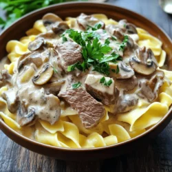- 450 g Rinderfilet, dünn geschnitten - 2 Esslöffel Olivenöl - 1 mittelgroße Zwiebel, fein gehackt - 2 Knoblauchzehen, minced - 225 g Champignons, in Scheiben geschnitten - 1 Teelöffel Dijon-Senf Diese Zutaten sind die Basis für Beef Stroganoff. Das Rinderfilet sorgt für zartes Fleisch. Olivenöl gibt dem Gericht Geschmack. Die Zwiebel und der Knoblauch bringen eine süße Note. Champignons fügen einen erdigen Geschmack hinzu. Dijon-Senf verleiht eine leichte Schärfe. - 240 ml Rinderbrühe - 240 ml saure Sahne - 2 Esslöffel Mehl - 1 Teelöffel Worcestershire-Sauce - Salz und Pfeffer nach Geschmack - Frische Petersilie, gehackt (zum Garnieren) Diese Zutaten runden das Rezept ab. Rinderbrühe gibt Tiefe und Umami. Saure Sahne macht die Sauce cremig. Mehl hilft, die Sauce zu binden. Worcestershire-Sauce fügt eine zusätzliche Geschmacksschicht hinzu. Die Petersilie sorgt für Farbe und Frische. - Eiernudeln oder Reis Eiernudeln sind die klassische Wahl. Sie nehmen die Sauce gut auf. Reis ist eine gute Alternative. Beide Beilagen machen das Gericht vollwertig. Servieren Sie das Beef Stroganoff warm und genießen Sie es! Für die komplette Anleitung schauen Sie sich das [Full Recipe] an. - Anbraten des Rinderfilets Zuerst erhitze ich das Olivenöl in einer großen Pfanne. Bei mittlerer bis hoher Hitze brate ich die dünn geschnittenen Rinderfilets. Ich lasse sie rundherum etwa 3-4 Minuten anbraten, bis sie schön braun sind. Dann nehme ich das Fleisch aus der Pfanne und lege es beiseite. - Anbraten von Zwiebeln und Knoblauch In derselben Pfanne gebe ich die fein gehackte Zwiebel und den minced Knoblauch. Ich brate sie für etwa 2-3 Minuten an, bis die Zwiebel glasig wird. - Hinzufügen von Champignons und Mehl Jetzt kommen die geschnittenen Champignons in die Pfanne. Ich brate sie für 4-5 Minuten an, bis sie goldbraun sind und ihre Flüssigkeit verlieren. Dann streue ich das Mehl gleichmäßig über die Pilze und rühre gut um. Dies hilft, die Sauce später zu binden. - Einrühren von Brühe und saurer Sahne Langsam füge ich die Rinderbrühe unter ständigem Rühren hinzu. So vermeide ich Klumpen. Ich gebe den Dijon-Senf und die Worcestershire-Sauce hinzu und vermische alles gut. Dann bringe ich die Mischung zum Sanften Simmern und lasse sie etwa 5 Minuten kochen, bis sie etwas eindickt. Jetzt reduziere ich die Hitze und rühre die saure Sahne ein, bis alles cremig ist. - Zusammenführen aller Zutaten Ich gebe das gebratene Rindfleisch zurück in die Pfanne. Jetzt schmecke ich alles mit Salz und Pfeffer ab und lasse es für weitere 2-3 Minuten erhitzen. Schließlich serviere ich den Rindfleisch Stroganoff über gekochten Eiernudeln oder Reis und garniere ihn mit frisch gehackter Petersilie. Für die genaue Zubereitung schaue dir das [Full Recipe] an. Um Zeit beim Kochen zu sparen, bereite die Zutaten im Voraus vor. Schneide das Rinderfilet in dünne Streifen und hacke die Zwiebel und den Knoblauch. Du kannst auch die Champignons in Scheiben schneiden. Lege alles in separate Schalen. So hast du alles griffbereit, wenn du anfängst zu kochen. Um Klumpenbildung in der Sauce zu vermeiden, füge die Rinderbrühe langsam hinzu. Rühre die Brühe ständig um, während du sie gießt. Das Mehl gleichmäßig über die Pilze streuen. So verbindet es sich gut mit den anderen Zutaten und hilft, eine glatte Sauce zu bilden. Petersilie ist eine tolle Garnitur, doch du kannst auch andere Kräuter nutzen. Frischer Schnittlauch oder Thymian bringen Farbe und Geschmack. Auch geriebener Käse kann eine leckere Option sein. Experimentiere mit verschiedenen Zutaten für deine eigene Note. {{image_4}} Um Beef Stroganoff vegetarisch zu machen, empfehle ich, das Rindfleisch durch Pilze oder Tofu zu ersetzen. Champignons geben viel Geschmack. Sie sind auch zart und saftig. Tofu kann mit Sojasauce gewürzt werden. Er nimmt Aromen gut auf. Verwenden Sie auch Gemüsebrühe statt Rinderbrühe. Dies sorgt für einen vollen Geschmack. Fügen Sie mehr Gemüse wie Paprika oder Zucchini hinzu. Diese bringen Farbe und Nährstoffe ins Gericht. Wenn Sie wenig Zeit haben, nutzen Sie einen Schnellkochtopf. So sparen Sie viel Zeit. Braten Sie zuerst das Rindfleisch an. Dann fügen Sie die Zwiebeln, den Knoblauch und die Champignons hinzu. Geben Sie die restlichen Zutaten in den Topf. Stellen Sie den Topf auf Hochdruck und kochen Sie etwa 10 Minuten. Lassen Sie den Druck dann natürlich ab. Dies sorgt für einen schnellen, leckeren Stroganoff. Experimentieren Sie mit Gewürzen, um neue Aromen zu entdecken. Paprika gibt einen schönen, rauchigen Geschmack. Thymian oder Rosmarin passen auch gut dazu. Frische Kräuter wie Dill bringen Frische. Fügen Sie etwas Zitrone für Säure hinzu. Auch ein Schuss Sherry kann Wunder wirken. Probieren Sie verschiedene Kombinationen, um Ihr perfektes Gericht zu finden. Um Ihren übrig gebliebenen Stroganoff frisch zu halten, kühlen Sie ihn schnell ab. Lagern Sie ihn in einem luftdichten Behälter. So bleibt der Geschmack erhalten. Sie können den Stroganoff auch einfrieren. Teilen Sie ihn in Portionen auf, damit Sie nur das auftauen, was Sie brauchen. Achten Sie darauf, die Reste innerhalb von drei Monaten zu essen. So bleibt die Qualität gut. Um den Stroganoff richtig wieder zu erwärmen, wählen Sie die Methode mit dem Herd. Erhitzen Sie ihn bei mittlerer Hitze. Rühren Sie oft, um ein Anbrennen zu vermeiden. Wenn die Sauce zu dick ist, fügen Sie etwas Brühe hinzu. So bleibt die Textur schön cremig. Alternativ können Sie die Mikrowelle nutzen. Stellen Sie die Leistung auf mittel und rühren Sie alle 30 Sekunden um. Wie lange ist der Rindfleisch Stroganoff gut? Im Kühlschrank bleibt er etwa drei bis vier Tage frisch. Achten Sie darauf, ihn gut zu verpacken. Wenn er gefroren ist, hält er bis zu drei Monate. Überprüfen Sie immer auf Geruch oder Farbveränderungen, bevor Sie ihn essen. Wenn etwas nicht stimmt, entsorgen Sie es sofort. Zu Classic Beef Stroganoff passen viele Beilagen. Hier sind einige Vorschläge: - Eiernudeln: Diese sind klassisch und nehmen die Sauce gut auf. - Reis: Einfache, weiße oder braune Sorten sind eine gute Wahl. - Kartoffelpüree: Cremig und sättigend, es ergänzt das Gericht perfekt. - Knoblauchbrot: Für etwas Knusprigkeit und Geschmack neben dem Hauptgericht. - Salat: Ein frischer grüner Salat bringt Farbe und Frische ins Essen. Wenn du die Sauce dicker machen möchtest, gibt es einfache Tricks: - Mehr Mehl: Füge etwas mehr Mehl in die Pfanne, während du die Pilze brätst. - Stärke: Mische etwas Maisstärke mit Wasser und rühre es in die Sauce ein. - Länger köcheln: Lass die Sauce länger kochen, um mehr Flüssigkeit zu reduzieren. - Weniger Brühe: Verwende weniger Rinderbrühe, um die Dicke zu erhöhen. Jede dieser Methoden hilft, die perfekte Konsistenz zu erreichen. Classic Beef Stroganoff ist nicht von Natur aus glutenfrei. Hier sind einige Tipps: - Ersetze das Mehl: Nutze glutenfreies Mehl oder Maisstärke als Bindemittel. - Überprüfe die Brühe: Stelle sicher, dass die Rinderbrühe glutenfrei ist. - Sojasauce: Verwende glutenfreie Sojasauce, wenn du sie hinzufügen möchtest. Mit diesen Anpassungen kannst du ein köstliches, glutenfreies Gericht zaubern. Classic Beef Stroganoff ist ein köstliches Gericht, das Sie leicht zubereiten können. Wir haben die Hauptzutaten, die Zubereitung und Tipps für Beilagen und Variationen betrachtet. Mit diesen einfachen Schritten und Tricks können Sie ein tolles Essen auf den Tisch bringen. Denken Sie daran, mit den Zutaten und Aromen zu spielen. So wird jedes Mal eine neue Erfahrung. Genießen Sie Ihr Gericht und die Zeit mit Familie und Freunden.