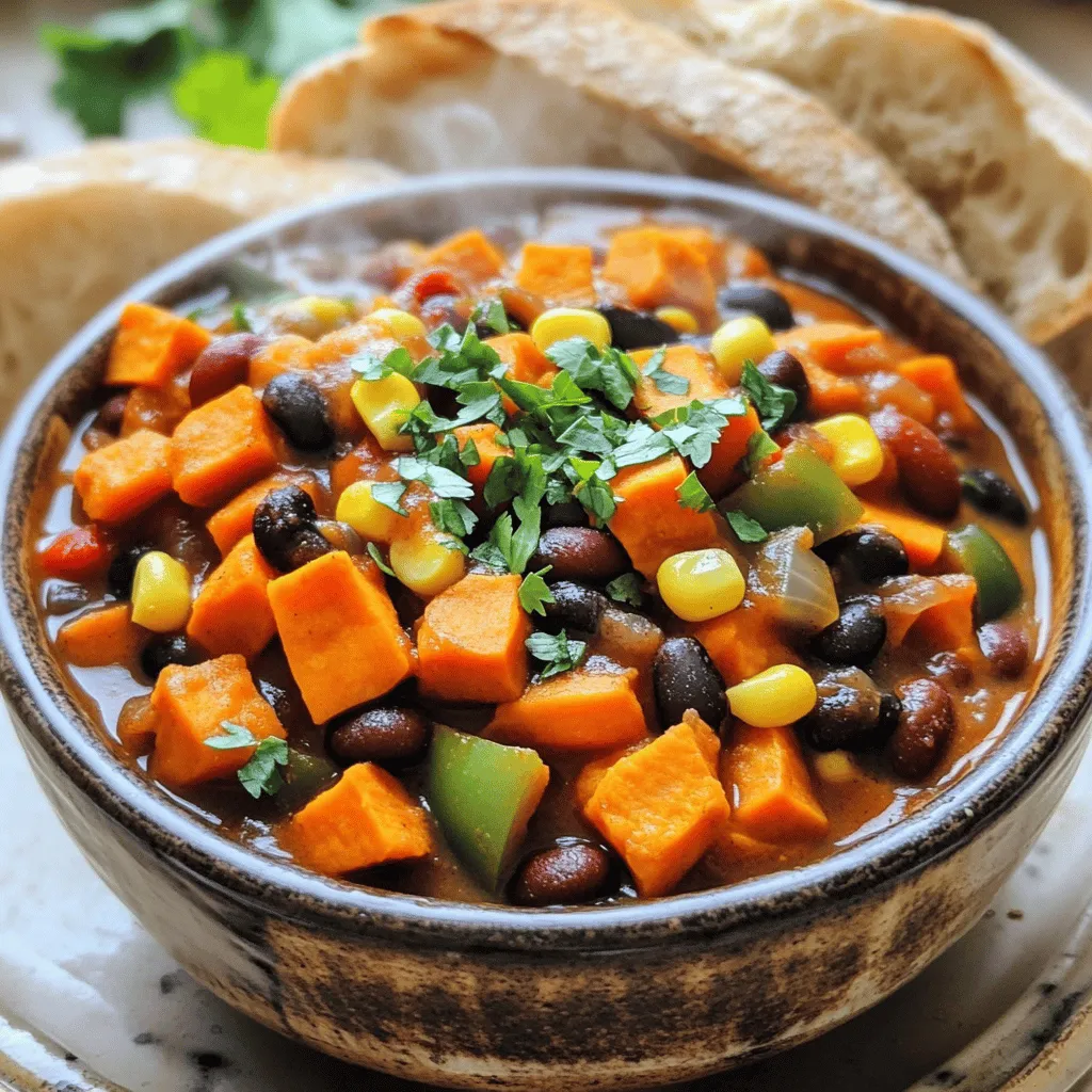 Um ein leckeres Vegan Süßkartoffel-Chili zuzubereiten, benötigst du einige Hauptzutaten. Hier sind die wichtigsten: - 2 mittelgroße Süßkartoffeln, geschält und gewürfelt - 1 Esslöffel Olivenöl - 1 große Zwiebel, gehackt - 3 Knoblauchzehen, fein gehackt - 1 rote Paprika, gewürfelt - 1 grüne Paprika, gewürfelt - 2 Dosen (je 425 g) schwarze Bohnen, abgetropft und abgewaschen - 1 Dose (425 g) gewürfelte Tomaten mit grünen Chilischoten - 1 Tasse Maiskörner (frisch oder gefroren) - 2 Tassen Gemüsebrühe Diese Zutaten geben deinem Chili eine tolle Mischung aus Textur und Geschmack. Die Süßkartoffeln sorgen für eine süße Note, während die Bohnen und das Gemüse für viel Nährstoffe sorgen. Die Gewürze machen das Chili besonders. Hier sind die, die du brauchen wirst: - 2 Esslöffel Chilipulver - 1 Teelöffel Kreuzkümmel - 1 Teelöffel geräuchertes Paprikapulver - Salz und Pfeffer nach Geschmack - Frischer Koriander, gehackt (zum Garnieren) Chilipulver gibt dem Gericht seine Schärfe. Kreuzkümmel und geräuchertes Paprikapulver bringen einen tollen Geschmack. Am Ende kannst du mit frischem Koriander garnieren. Dieser gibt dem Chili einen frischen Kick. Beim Kauf von Süßkartoffeln gibt es ein paar Dinge zu beachten: - Wähle feste Süßkartoffeln ohne Druckstellen. - Achte auf die Farbe. Sie sollten eine schöne, gleichmäßige Farbe haben. - Vermeide solche mit Rissen oder Schimmel. Frische Süßkartoffeln machen dein Chili noch besser. Sie sind reich an Vitaminen und geben deinem Gericht eine süße, cremige Konsistenz. Wenn du die besten Süßkartoffeln auswählst, wird dein Chili garantiert lecker! Zuerst schälen Sie die Süßkartoffeln und schneiden sie in kleine Würfel. Diese Würfel sorgen für eine gute Textur im Chili. Hacken Sie dann die Zwiebel und den Knoblauch fein. Die roten und grünen Paprika sind auch wichtig. Schneiden Sie diese ebenfalls in Würfel. Erhitzen Sie das Olivenöl in einem großen Topf bei mittlerer Hitze. Fügen Sie die Zwiebel hinzu und dünsten Sie sie etwa 5 Minuten lang, bis sie glasig ist. Rühren Sie den Knoblauch ein und kochen Sie ihn für 1-2 Minuten. So entfalten sich die Aromen. Jetzt geben Sie die gewürfelten Süßkartoffeln, die rote und grüne Paprika in den Topf. Braten Sie diese Mischung für etwa 10 Minuten an. Rühren Sie dabei regelmäßig um, damit das Gemüse gleichmäßig weich wird. Nach dem Anbraten fügen Sie die schwarzen Bohnen hinzu. Diese Bohnen bringen Protein und machen das Chili nahrhaft. Geben Sie dann die gewürfelten Tomaten mit ihrem Saft, den Mais und die Gemüsebrühe dazu. Jetzt ist es Zeit für die Gewürze. Streuen Sie Chilipulver, Kreuzkümmel, geräuchertes Paprikapulver, Salz und Pfeffer über die Mischung. Rühren Sie alles gut um. Lassen Sie das Chili aufkochen. Reduzieren Sie dann die Hitze auf niedrig. Decken Sie den Topf ab und lassen Sie das Chili 30-35 Minuten köcheln. Rühren Sie gelegentlich um, damit nichts anbrennt. Nach dem Kochen sind die Süßkartoffeln weich und die Aromen gut gemischt. Probieren Sie das Chili und passen Sie die Gewürze nach Ihrem Geschmack an. Zum Servieren schöpfen Sie das Chili in Schalen. Garnieren Sie es mit frischem Koriander. Servieren Sie es am besten mit knusprigem Brot oder Maisbrot. Dieses Gericht ist nicht nur lecker, sondern auch gesund. Es ist eine perfekte Wahl für alle, die eine nahrhafte Mahlzeit suchen. Für das vollständige Rezept schauen Sie sich das [Full Recipe] an. Um dein Vegan Süßkartoffel-Chili perfekt zuzubereiten, achte auf die Süßkartoffeln. Wähle feste und unbeschädigte Knollen. Schneide sie gleichmäßig, damit sie gleichmäßig garen. Koche das Chili langsam. So verbinden sich die Aromen gut. Rühre regelmäßig um, damit nichts anbrennt. Ein häufiger Fehler ist, das Chili zu früh zu würzen. Warte, bis die Aromen sich verbunden haben. So schmeckt es besser. Ein weiterer Fehler ist, die Bohnen zu lange zu kochen. Sie sollten weich, aber nicht matschig sein. Überprüfe die Konsistenz regelmäßig. Serviere dein Chili mit frischem Koriander oder Avocado für mehr Geschmack. Knuspriges Brot passt gut dazu und macht das Essen noch besser. Du kannst auch Reis oder Quinoa als Beilage wählen. Diese Optionen ergänzen das Chili und machen die Mahlzeit vollwertig. Für das vollständige Rezept schau dir die [Full Recipe] an. {{image_4}} Wenn du dein Vegan Süßkartoffel-Chili aufpeppen möchtest, gibt es viele Wege. Du kannst Zutaten wie Kichererbsen, Quinoa oder sogar Linsen hinzufügen. Diese Hülsenfrüchte geben deinem Chili mehr Protein und eine tolle Textur. Du könntest auch Spinat oder Grünkohl für mehr Nährstoffe hinzufügen. Wenn du es noch bunter magst, probiere orange oder gelbe Paprika. Liebst du es scharf? Dann füge frische Jalapeños oder Habaneros hinzu. Diese Paprika bringt mehr Hitze ins Spiel. Du kannst auch rote Pfefferflocken oder mehr Chilipulver verwenden. Achte darauf, die Schärfe langsam zu steigern. So kannst du den perfekten Schärfegrad für deine Gäste finden. Wenn du nach veganen Alternativen suchst, brauchst du keine Angst haben. Du kannst zum Beispiel die Gemüsebrühe durch Kokosmilch ersetzen. Das gibt deinem Chili eine cremige Konsistenz. Für mehr Geschmack kannst du einige Esslöffel Sojasauce oder Tamari hinzufügen. Diese Zutaten bringen Umami und Tiefe in dein Gericht. Das Vegan Süßkartoffel-Chili ist vielseitig und anpassbar. Probiere die verschiedenen Variationen aus, um dein perfektes Chili zu finden! Um dein Vegan Süßkartoffel-Chili frisch zu halten, lagere es in einem luftdichten Behälter. Lass es zuerst auf Raumtemperatur abkühlen. So vermeidest du Kondensation. Stelle den Behälter dann in den Kühlschrank. Dort bleibt das Chili bis zu fünf Tage frisch. Achte darauf, das Chili nicht zu lange offen zu lassen, um den Geschmack zu bewahren. Wenn du mehr Chili hast, friere es ein. Verwende gefriergeeignete Behälter oder Beutel. Teile das Chili in Portionen auf, damit du nur das auftauen kannst, was du brauchst. So bleibt es frisch und schmackhaft. Das Chili kann bis zu drei Monate im Gefrierfach bleiben. Denk daran, es vor dem Einfrieren abkühlen zu lassen. Um dein Chili wieder aufzuwärmen, gehe so vor: 1. Aus dem Kühlschrank nehmen: Lass das Chili bei Raumtemperatur stehen. 2. In den Topf geben: Erhitze es bei mittlerer Hitze. Rühre oft um, damit es gleichmäßig warm wird. 3. Wenn gefroren: Lass es über Nacht im Kühlschrank auftauen. Erhitze es dann wie oben beschrieben. 4. Temperatur prüfen: Stelle sicher, dass das Chili mindestens 74 Grad Celsius erreicht. So sind alle Bakterien abgetötet. 5. Nach Geschmack anpassen: Füge eventuell frische Gewürze oder Koriander hinzu. So wird das Aroma lebendig. Diese Tipps helfen dir, dein Chili frisch und lecker zu genießen. Für die vollständige Zubereitung schau dir das [Full Recipe] an. Ja, du kannst das Rezept leicht anpassen. Alle Zutaten in diesem Rezept sind glutenfrei. Achte darauf, dass die Dosenprodukte, wie die gewürfelten Tomaten und Bohnen, keine glutenhaltigen Zusätze enthalten. Verwende frische Zutaten und kontrolliere die Etiketten. Das sorgt dafür, dass dein Chili garantiert glutenfrei bleibt. Du kannst das Chili bis zu fünf Tage im Kühlschrank aufbewahren. Stelle sicher, dass es in einem luftdichten Behälter ist. So bleibt es frisch und lecker. Wenn du es länger aufbewahren möchtest, friere es ein. Im Gefrierfach hält es bis zu drei Monate. Lass es in Portionen einfrieren, um es einfach wieder aufzutauen. Ja, das Chili ist perfekt für Meal Prep! Es lässt sich gut vorbereiten und schmeckt am nächsten Tag sogar noch besser. Du kannst große Mengen kochen und in Portionen aufteilen. Es ist eine tolle Option für schnelle, gesunde Mahlzeiten während der Woche. Einfach aufwärmen und genießen! Du findest die Details im Full Recipe. Das Rezept für das vegane Süßkartoffel-Chili ist einfach und lecker. Wir haben die wichtigsten Zutaten, die Zubereitungsschritte und nützliche Tipps behandelt. Denk daran, die besten Süßkartoffeln zu wählen und die häufigsten Fehler zu vermeiden. Variationen und Aufbewahrungshinweise machen dein Chili noch besser. Probiere das Rezept aus und entdecke deine eigene Variante. Du wirst lieben, wie vielseitig und gesund dieses Chili ist. Es ist eine perfekte Wahl für jedes Essen!