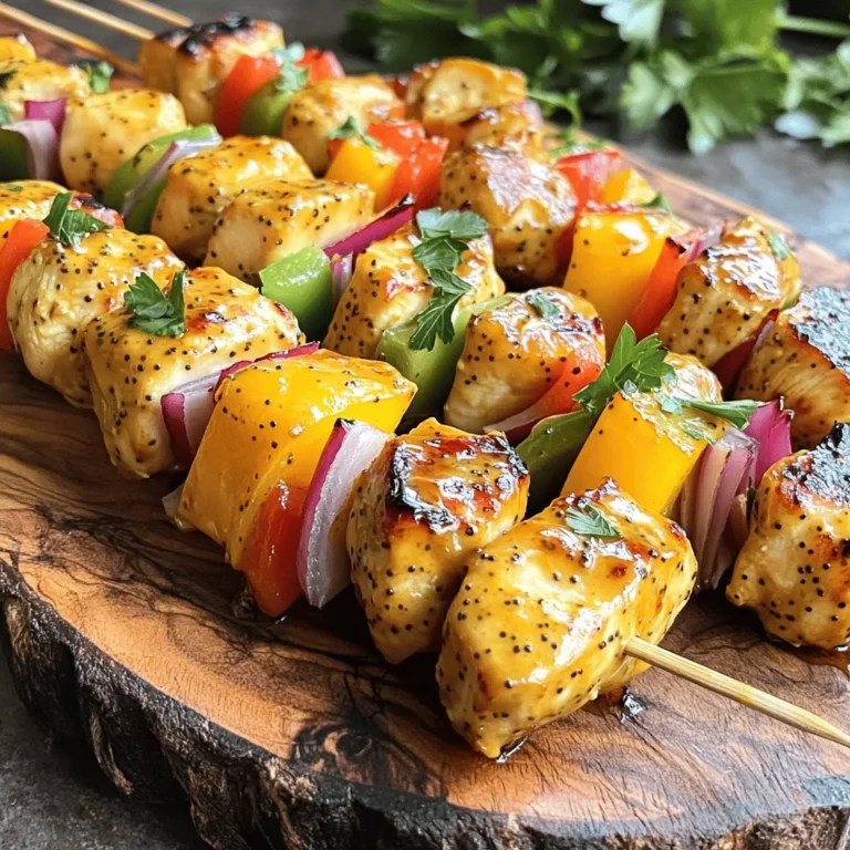 - Hähnchenbrustfilet: 450 g, ohne Haut und Knochen, in 2,5 cm große Würfel geschnitten. Hähnchen ist der Hauptbestandteil. Es bleibt saftig und zart beim Grillen. - Honig und Dijon-Senf: 60 ml Honig und 60 ml Dijon-Senf geben den Spießen ihren süßen und würzigen Geschmack. Diese Kombination sorgt für eine tolle Balance. - Gemüse und Gewürze: Verwende 1 Paprika (beliebige Farbe, in 2,5 cm große Stücke geschnitten), 1 mittelgroße rote Zwiebel (in Spalten geschnitten) und Gewürze wie 1 Teelöffel Knoblauchpulver, 1 Teelöffel Zwiebelpulver, Salz und Pfeffer nach Geschmack. Das Gemüse bringt Frische und Farbe. Die Mischung dieser Zutaten macht die Honig-Senf-Hähnchenspieße zu einem leckeren Grillgericht. Für die vollständige Zubereitung, schau dir das [Full Recipe] an. Vorbereitung der Marinade Für die Marinade mischen Sie in einer Schüssel: - 60 ml Honig - 60 ml Dijon-Senf - 30 ml Olivenöl - 15 ml Apfelessig - 1 Teelöffel Knoblauchpulver - 1 Teelöffel Zwiebelpulver - Salz und Pfeffer nach Geschmack Rühren Sie alles gut um, bis die Mischung glatt ist. Marinierzeit und Tipps Legen Sie die Hähnchenwürfel in die Marinade. Achten Sie darauf, dass jedes Stück gut bedeckt ist. Decken Sie die Schüssel ab und lassen Sie das Hähnchen mindestens 30 Minuten marinieren. Für mehr Geschmack empfehle ich, es bis zu 2 Stunden im Kühlschrank zu lassen. Grillvorbereitung Heizen Sie den Grill auf mittelhohe Hitze vor. Wenn Sie Holzspieße verwenden, weichen Sie diese 15-20 Minuten in Wasser ein. So verhindern Sie, dass sie verbrennen. Aufspießen der Zutaten Stecken Sie die marinierten Hähnchenstücke, Paprikastücke und Zwiebelspalten abwechselnd auf die Spieße. Achten Sie darauf, dass die Stücke genug Platz haben, damit sie gleichmäßig garen. Grillzeit und Temperatur Legen Sie die Spieße auf den Grill und grillen Sie sie für 10-12 Minuten. Wenden Sie sie gelegentlich. Achten Sie darauf, dass das Hähnchen eine Innentemperatur von 75 °C erreicht. Anwendung der Marinade während des Grillens In den letzten Minuten des Grillens bestreichen Sie die Spieße mit der restlichen Marinade. So wird der Geschmack noch intensiver. Für das vollständige Rezept und weitere Details schauen Sie sich die [Full Recipe] an. Um die besten Hähnchenspieße zuzubereiten, müssen Sie einige Dinge beachten. - Verwendung von Holz- oder Metallspießen: Holzspieße geben dem Grillgericht einen besonderen Geschmack. Achten Sie darauf, sie vorher in Wasser einzuweichen. Das verhindert, dass sie auf dem Grill verbrennen. Metallspieße sind wiederverwendbar und leiten die Hitze gut. - Vermeidung von trockenem Hähnchen: Marinieren Sie das Hähnchen gut. Eine gute Marinade macht das Fleisch zart und saftig. Lassen Sie es mindestens 30 Minuten im Kühlschrank ziehen. Für noch mehr Geschmack können Sie es bis zu 2 Stunden marinieren. Die Marinade ist das Herzstück dieses Gerichts. Hier sind einige Tipps zur Verbesserung. - Zusätzliche Gewürzvariationen: Experimentieren Sie mit verschiedenen Gewürzen. Paprikapulver oder Kreuzkümmel geben einen neuen Geschmack. Fühlen Sie sich frei, kreativ zu sein. - Verwendung von frischen Kräutern: Frische Kräuter wie Thymian oder Rosmarin bringen eine tolle Frische in die Marinade. Fügen Sie sie einfach zur Marinade hinzu, bevor Sie das Hähnchen einlegen. Das macht Ihre Hähnchenspieße noch aromatischer und leckerer. Für das vollständige Rezept besuchen Sie den [Full Recipe]. {{image_4}} Du kannst viele verschiedene Gemüsesorten für deine Spieße nutzen. Zucchini, Champignons oder Kirschtomaten passen gut dazu. Diese Gemüse geben Farbe und Geschmack. Du kannst sie einfach in Stücke schneiden, wie die Paprika und Zwiebeln. Das Grillen mit Obst ist auch eine tolle Idee. Ananas oder Pfirsiche bringen eine süße Note. Sie harmonieren perfekt mit dem Honig in der Marinade. Alternative Marinaden bringen neue Aromen. Du kannst zum Beispiel Teriyaki-Sauce oder BBQ-Sauce verwenden. Diese Soßen geben dem Hähnchen einen anderen Geschmack. Probiere auch, verschiedene Gewürze hinzuzufügen. Paprika, Kreuzkümmel oder italienische Kräuter bringen internationale Geschmäcker. Experimentiere mit deinen Lieblingsgewürzen. So machst du die Spieße noch interessanter. Um die Honig-Senf-Hähnchenspieße frisch zu halten, sollten Sie sie gut verpacken. Verwenden Sie einen luftdichten Behälter oder einen Gefrierbeutel. Lagern Sie sie im Kühlschrank bei 4 °C. So bleiben sie bis zu 3 Tage frisch. Wenn Sie die Spieße länger aufbewahren möchten, legen Sie sie ins Gefrierfach. Dort halten sie mehrere Monate. Achten Sie darauf, dass die Spieße gut verpackt sind, um Gefrierbrand zu vermeiden. Wenn Sie die Reste aufwärmen möchten, gibt es einfache Methoden. Die beste Art ist, die Spieße im Ofen zu erhitzen. Stellen Sie den Ofen auf 180 °C ein. Legen Sie die Spieße auf ein Backblech und decken Sie sie mit Alufolie ab. So bleibt das Fleisch saftig. Nach etwa 15 Minuten sind sie heiß. Alternativ können Sie die Spieße auch in der Mikrowelle aufwärmen. Achten Sie darauf, sie nicht zu lange zu erhitzen, damit sie nicht trocken werden. Für die restlichen Zutaten können Sie kreativ sein. Mischen Sie die Spieße mit Salat oder fügen Sie sie zu einem Wrap hinzu. So genießen Sie Ihre Reste auf neue Weise. Das ist nicht nur lecker, sondern auch eine gute Möglichkeit, Lebensmittelverschwendung zu vermeiden. Die ideale Marinierzeit für Hähnchenspieße liegt zwischen 30 Minuten und 2 Stunden. Eine kürzere Zeit gibt einen milden Geschmack. Längeres Marinieren intensiviert die Aromen. Wenn du die Spieße über Nacht im Kühlschrank lässt, wird das Hähnchen sehr zart und lecker. Achte darauf, die Marinade gut zu verteilen, damit der Geschmack überall hinkommt. Ja, du kannst die Spieße auch im Ofen zubereiten. Heize den Ofen auf 200 Grad Celsius vor. Lege die Spieße auf ein Backblech mit Backpapier. Gare sie etwa 15-20 Minuten lang. Wende die Spieße nach der Hälfte der Zeit, damit sie gleichmäßig garen. Überprüfe die Innentemperatur des Hähnchens, um sicherzustellen, dass es durch ist. Zu den Hähnchenspießen passen viele Beilagen. Hier sind einige Vorschläge: - Ein frischer grüner Salat - Gegrilltes Gemüse wie Zucchini oder Auberginen - Reis oder Quinoa als sättigende Option - Ein Dip aus Joghurt mit Kräutern für zusätzlichen Geschmack Diese Beilagen ergänzen die süßliche Note der Honig-Senf-Marinade. Um sicherzugehen, dass das Hähnchen durchgegart ist, überprüfe die Innentemperatur. Sie sollte mindestens 75 Grad Celsius betragen. Eine gute Methode ist, ein Fleischthermometer zu benutzen. Du kannst auch das Hähnchen anschneiden. Wenn der Saft klar ist und das Fleisch nicht rosa ist, ist es fertig. Das sorgt für ein sicheres und schmackhaftes Gericht. Die Zubereitung von Honig-Senf-Hähnchenspießen ist einfach und macht Spaß. Wir haben die Hauptzutaten, die Marinade, die Grilltechniken sowie Tipps und Variationen besprochen. So gelingt dir ein leckeres Gericht, das jeden begeistert. Denke an die Lagerung, damit du die Reste optimal nutzen kannst. Experimentiere mit verschiedenen Gemüse- und Gewürzvariationen. Nutze frische Kräuter und alternative Marinaden für neue Geschmackserlebnisse. Mit diesen einfachen Schritten wird dein Grillabend ein voller Erfolg. Jetzt ist es an der Zeit, deinen Grill anzuwerfen!