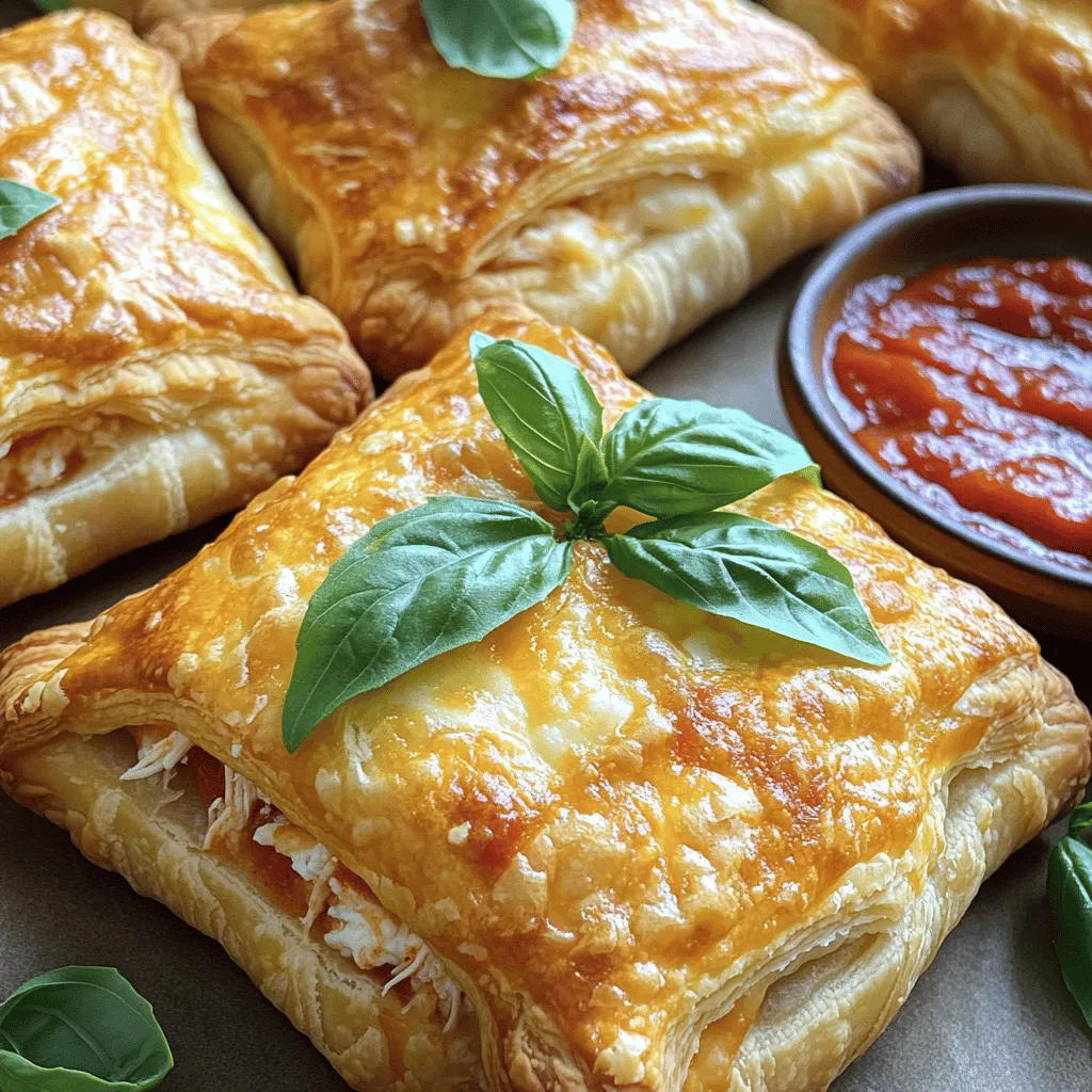 Um die Hühnchen-Parmesan-Pakete lecker zu machen, benötigen Sie einige Hauptzutaten. Diese Zutaten sind einfach zu finden und machen das Gericht besonders schmackhaft. - 2 Tassen gekochtes Hühnchen, zerrupft - 1 Tasse Ricotta-Käse - 1 Tasse Mozzarella-Käse, gerieben - 1/2 Tasse Parmesan, gerieben - 1 Teelöffel Knoblauchpulver - 1 Teelöffel italienische Gewürzmischung - Salz und Pfeffer nach Geschmack - 1 Packung Blätterteig (2 Blätter) - 1 Ei, verquirlt (für die Eiwäsche) - 1 Tasse Marinara-Sauce, zum Servieren - Frische Basilikumblätter, zur Garnitur Diese Zutaten geben den Paketen einen tollen Geschmack. Das zerrupfte Hühnchen sorgt für eine gute Basis. Ricotta und Mozzarella machen die Füllung cremig und herzhaft. Der Parmesan bringt einen kräftigen Geschmack, der perfekt mit den anderen Zutaten harmoniert. Die Wahl des Käses kann den Geschmack Ihrer Hühnchen-Parmesan-Pakete stark beeinflussen. Ricotta ist mild und cremig. Er gibt der Füllung eine schöne Textur. Mozzarella ist schön schmelzend und sorgt für einen tollen Käsegeschmack. Parmesan hat einen kräftigen, salzigen Geschmack und hebt die anderen Aromen hervor. Wenn Sie etwas anderes ausprobieren möchten, können Sie auch andere Käsesorten verwenden. Gouda oder Cheddar können einen anderen, aber leckeren Geschmack bringen. Überlegen Sie, was Ihnen gefällt, und passen Sie die Käseauswahl entsprechend an. Bei der Auswahl der Blätterteigplatten ist Frische wichtig. Achten Sie darauf, dass die Platten gut verpackt sind und das Haltbarkeitsdatum nicht überschritten ist. Frischer Teig hat eine bessere Struktur und bläht sich beim Backen besser auf. Sie können frischen Blätterteig verwenden oder gefrorenen Blätterteig kaufen. Wenn Sie gefrorenen Teig verwenden, lassen Sie ihn über Nacht im Kühlschrank auftauen. So gelingt die Zubereitung einfach. Achten Sie darauf, den Teig nicht zu lange zu bearbeiten, damit er die Luftblasen behält. Das gibt den Paketen eine knusprige Textur, die man einfach lieben muss. Für das perfekte Ergebnis empfehle ich, die Blätterteigplatten leicht zu bemehlen, bevor Sie sie ausrollen. So kleben die Platten nicht an der Arbeitsfläche. Als erstes heizen Sie den Ofen auf 200 °C vor. So wird der Teig gleichmäßig knusprig. Während der Ofen sich aufheizt, legen Sie ein Backblech mit Backpapier aus. Das Backpapier hilft, die Pakete nicht festzukleben. Es ist wichtig, dass Sie alles bereit haben, bevor Sie mit der Füllung anfangen. Jetzt geht es zur Füllung. In einer großen Schüssel kombinieren Sie das zerrupfte Hühnchen. Fügen Sie dann den Ricotta-Käse hinzu. Mischen Sie die Hälfte des Mozzarellas und den Parmesan dazu. Geben Sie das Knoblauchpulver und die italienische Gewürzmischung hinzu. Vergessen Sie nicht, mit Salz und Pfeffer zu würzen. Rühren Sie alles gut um, bis die Mischung gleichmäßig ist. Eine gut gewürzte Füllung macht die Pakete lecker. Jetzt formen wir die Kissen. Rollen Sie die Blätterteigplatten auf einer leicht bemehlten Fläche aus. Schneiden Sie sie in Quadrate von etwa 10 cm x 10 cm. Nehmen Sie ein Quadrat und geben Sie eine großzügige Menge Füllung in die Mitte. Achten Sie darauf, nicht zu viel Füllung zu nehmen, sonst platzen die Pakete. Falten Sie die Ecken über die Füllung. Drücken Sie die Ränder gut zusammen, damit nichts herausfällt. Nutzen Sie eine Gabel, um die Ränder zu wellen. So bleiben die Pakete sicher verschlossen. Legen Sie die gefüllten Pakete auf das Backblech. Bestreichen Sie die Oberseite mit dem verquirlten Ei für eine schöne goldene Farbe. Streuen Sie den restlichen Mozzarella darüber. Jetzt sind die Pakete bereit für den Ofen! Um die beste goldene Farbe zu erreichen, heizen Sie den Ofen gut vor. Ein heißer Ofen hilft dem Blätterteig, schnell zu backen. Bestreichen Sie die Oberseite der Pakete mit verquirltem Ei. Das Ei gibt eine schöne, glänzende Farbe. Achten Sie darauf, die Pakete nicht zu lange zu backen. Sie sollten goldbraun sein, aber nicht verbrannt. Das Versiegeln der Pakete ist wichtig, damit die Füllung nicht herausläuft. Nach dem Füllen drücken Sie die Ränder fest zusammen. Verwenden Sie eine Gabel, um eine schöne Welle zu formen. Diese Welle sorgt dafür, dass die Pakete gut verschlossen sind. Überprüfen Sie, dass keine Lücken bleiben. So bleibt der Geschmack innen und der Teig außen knusprig. Ein häufiger Fehler ist das Überfüllen der Pakete. Wenn Sie zu viel Füllung verwenden, können sie nicht richtig schließen. Ein weiterer Fehler ist, den Blätterteig nicht zu rollen. Das Ausrollen hilft, die Pakete gleichmäßig zu backen. Achten Sie darauf, dass der Teig nicht zu dick ist. Schließlich kann das Verpassen des Eiwaschs die Farbe der Pakete beeinflussen. Dieser Schritt ist wichtig, um die goldene Farbe zu erhalten. Wenn Sie diese Tipps befolgen, werden Ihre Hühnchen-Parmesan-Pakete perfekt! Schauen Sie sich auch das Full Recipe an, um jeden Schritt zu sehen. {{image_4}} Es gibt viele Möglichkeiten, die Füllung für Hühnchen-Parmesan-Pakete zu variieren. Du kannst zum Beispiel Gemüse hinzufügen. Spinat oder Brokkoli passen gut dazu. Diese Zutaten machen die Pakete bunter und gesünder. Du kannst auch verschiedene Käsesorten verwenden. Feta oder Gouda geben einen neuen Geschmack. Experimentiere mit Gewürzen. Chili-Flocken oder frische Kräuter machen die Füllung aufregender. Für eine vegane Version der Hühnchen-Parmesan-Pakete kannst du pflanzliche Alternativen nutzen. Anstelle von Hühnchen probiere zerrissenen Tofu oder Seitan. Diese Optionen geben dir die nötige Textur. Für den Käse gibt es viele tolle vegane Sorten. Cashew-Käse oder Hefeflocken sind gute Alternativen. Achte darauf, dass du veganen Blätterteig verwendest. So bleibt dein Gericht komplett pflanzlich. In verschiedenen Regionen gibt es eigene Variationen der Hühnchen-Parmesan-Pakete. In Italien nutzt man oft frische Kräuter wie Basilikum oder Oregano. Diese Kräuter geben den Paketen einen besonderen Geschmack. In den USA fügt man manchmal Salsa oder Jalapeños hinzu. Das bringt eine scharfe Note. Diese regionalen Unterschiede zeigen, wie vielseitig dieses Gericht ist. Du kannst deine Pakete ganz nach deinem Geschmack anpassen. Für die vollständige Zubereitung sieh dir das [Full Recipe] an. Um die Hühnchen-Parmesan-Pakete frisch zu halten, lege sie in einen luftdichten Behälter. Du kannst sie auch in Frischhaltefolie wickeln. So bleibt der Geschmack lange erhalten. Lagere sie im Kühlschrank, wenn du sie innerhalb von zwei Tagen essen willst. Bei richtiger Lagerung bleiben sie lecker und saftig. Wenn du die Pakete aufwärmen möchtest, heize deinen Ofen auf 180 °C vor. Lege die Pakete auf ein Backblech und decke sie mit Aluminiumfolie ab. So trocknen sie nicht aus. Backe sie 10 bis 15 Minuten lang. Du kannst auch die Mikrowelle nutzen, aber der Ofen sorgt für eine bessere Textur. Wenn du die Pakete für später aufbewahren willst, friere sie ein. Wickele jede Portion in Frischhaltefolie und lege sie in einen Gefrierbeutel. So bleiben sie bis zu drei Monate frisch. Zum Auftauen lege die Pakete über Nacht in den Kühlschrank. Backe sie dann wie oben beschrieben. So schmecken sie fast wie frisch zubereitet. Für das komplette Rezept, schau dir die [Full Recipe] an. Die Zubereitung der Hühnchen-Parmesan-Pakete dauert etwa 20 Minuten. Das Backen im Ofen nimmt weitere 20 bis 25 Minuten in Anspruch. Insgesamt sind Sie in 45 Minuten bereit, diese köstlichen Pakete zu servieren. Genießen Sie den Duft, der durch die Küche zieht, während sie backen! Ja, Sie können die Füllung im Voraus zubereiten. Mischen Sie einfach das zerrupfte Hühnchen, die Käse und Gewürze. Lagern Sie die Füllung in einem luftdichten Behälter im Kühlschrank. So sparen Sie Zeit, wenn es an die Zubereitung geht. Zu den Hühnchen-Parmesan-Paketen passen verschiedene Beilagen gut. Hier sind einige Ideen: - Ein frischer grüner Salat - Pasta mit Marinara-Sauce - Knoblauchbrot - Gedünstetes Gemüse Diese Beilagen ergänzen das Gericht perfekt und machen das Essen noch schmackhafter. Probieren Sie verschiedene Kombinationen aus! Die Hühnchen-Parmesan-Pakete sind einfach und lecker. Wir haben die besten Zutaten, Zubereitungsschritte und Variationen behandelt. Wählen Sie den richtigen Käse für mehr Geschmack und finden Sie die idealen Blätterteigplatten. Achten Sie auf Techniken für die perfekte goldene Farbe. Vermeiden Sie häufige Fehler und entdecken Sie kreative Füllungen. Lagern Sie die Pakete richtig, um den Geschmack zu bewahren. Mit diesen Tipps und Tricks gelingen Ihnen köstliche Hühnchen-Parmesan-Pakete, die jeder liebt. Bereiten Sie sich auf viele Komplimente vor. Viel Spaß beim Kochen!