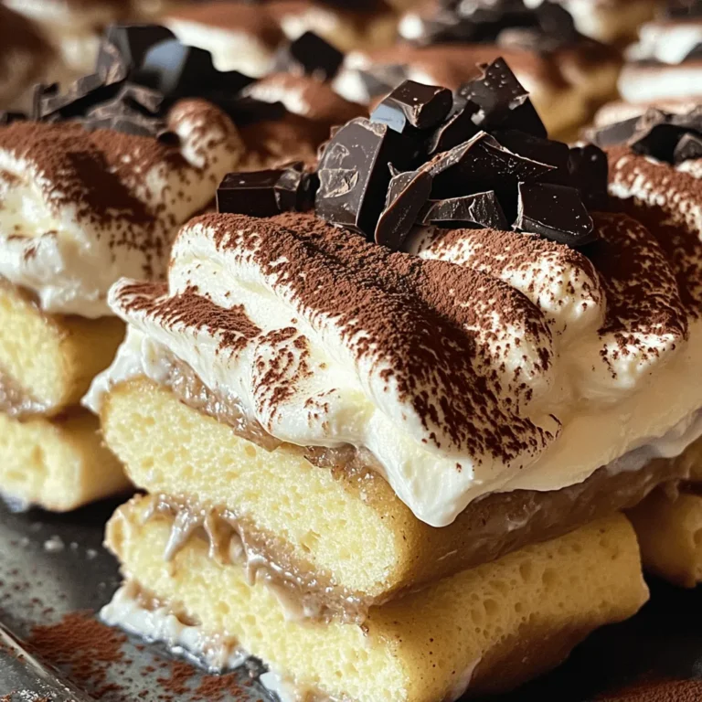 Für ein leckeres No-Bake Tiramisu brauchst du einige wichtige Zutaten. Diese sind: - 1 Tasse stark gebrühter Kaffee, abgekühlt - 1 Esslöffel Kakaopulver (zum Bestäuben) - 24 Löffelbiskuits - 1 Tasse Mascarpone-Creme - 1 Tasse Schlagsahne - 1/2 Tasse Puderzucker - 1 Teelöffel Vanilleextrakt - 2 Esslöffel Kaffeeextrakt (für zusätzlichen Geschmack) - Dunkle Schokoladenspäne zur Garnitur (optional) Diese Zutaten bringen den klassischen Geschmack von Tiramisu auf deinen Tisch. Die Wahl der richtigen Löffelbiskuits ist wichtig. Du möchtest, dass sie die perfekte Textur haben. Achte darauf, dass sie leicht und trocken sind. Sie sollten gut Flüssigkeit aufnehmen, ohne zu breiig zu werden. Kaufe sie am besten frisch oder aus einer vertrauenswürdigen Marke. So bekommst du den besten Geschmack und die beste Konsistenz für dein Tiramisu. Mascarpone ist der Schlüssel für die Cremigkeit. Suche nach einer hochwertigen Marke, die reichhaltig und glatt ist. Die Sahne sollte frisch sein und einen hohen Fettgehalt haben. So gelingt dir die perfekte, luftige Textur. Achte darauf, dass beide Zutaten gut gekühlt sind, bevor du sie verwendest. Das hilft, die Creme beim Mischen stabil zu halten. Für die besten Ergebnisse kannst du das ganze Rezept [Full Recipe] verwenden. Um mit dem No-Bake Tiramisu zu starten, machen wir zuerst das Kaffeegemisch. Nehmen Sie eine flache Schüssel. Gießen Sie eine Tasse stark gebrühten, abgekühlten Kaffee hinein. Fügen Sie einen Esslöffel Kaffeeextrakt hinzu. Rühren Sie gut um und lassen Sie es beiseite stehen. Dieses Gemisch gibt dem Tiramisu seinen tollen Kaffeegeschmack. Jetzt kommen wir zur Schlagsahne. Nehmen Sie eine Rührschüssel und geben Sie eine Tasse Schlagsahne hinein. Schlagen Sie die Sahne, bis sie weiche Spitzen bildet. Fügen Sie dann nach und nach eine halbe Tasse Puderzucker und einen Teelöffel Vanilleextrakt hinzu. Schlagen Sie weiter, bis die Sahne steif und luftig ist. Diese Sahne macht das Dessert schön cremig. In einer separaten Schüssel nehmen Sie eine Tasse Mascarpone-Creme. Heben Sie die geschlagene Sahne vorsichtig unter die Mascarpone. Mischen Sie es sanft, bis alles gut vermischt ist. Achten Sie darauf, die Luftigkeit der Sahne zu erhalten. Diese Mischung wird die Basis für unser Tiramisu. Nun beginnt der spaßige Teil. Nehmen Sie die Löffelbiskuits und tauchen Sie jeden Biskuit schnell in das Kaffeegemisch. Halten Sie sie nur 1-2 Sekunden im Kaffee. Sie sollen feucht, aber nicht matschig sein. Legen Sie die Hälfte der getränkten Biskuits in eine Form. Verteilen Sie die Hälfte der Mascarpone-Mischung gleichmäßig darüber. Wiederholen Sie dies mit der anderen Hälfte der Biskuits und der restlichen Mascarpone. Decken Sie die Form ab und stellen Sie sie für mindestens 4 Stunden in den Kühlschrank. So können die Aromen gut durchziehen. Für die vollständige Anleitung und alle Schritte schauen Sie sich das [Full Recipe] an. Ein häufiger Fehler ist, die Löffelbiskuits zu lange in Kaffee zu tauchen. Dies macht sie matschig. Tauchen Sie sie nur kurz, etwa 1-2 Sekunden. Achten Sie darauf, die Sahne nicht zu übermixen. Wenn die Sahne zu lange geschlagen wird, kann sie grießig werden. Eine gute Mischung ist leicht und fluffig. Die Mascarpone muss gut mit der geschlagenen Sahne vermischt werden. Arbeiten Sie vorsichtig, um die Luftigkeit zu bewahren. Wenn die Masse zu dick ist, fügen Sie einen Esslöffel Sahne hinzu. Dies macht das Tiramisu cremiger. Lassen Sie das Dessert lange genug im Kühlschrank. Mindestens vier Stunden sind wichtig. So verbinden sich die Aromen gut. Kakaopulver verleiht dem Tiramisu einen schönen Geschmack. Bestäuben Sie die oberste Schicht kurz vor dem Servieren. Verwenden Sie hochwertige Schokoladenspäne für den besten Geschmack. Diese können leicht über die Kakaoschicht gestreut werden. Sie machen das Dessert nicht nur leckerer, sondern sehen auch toll aus. Experimentieren Sie mit der Menge. So finden Sie die perfekte Balance für Ihren Geschmack. {{image_4}} Das No-Bake Tiramisu ist so vielseitig! Du kannst es nach deinem Geschmack ändern. Lass uns einige Varianten erkunden. Eine schokoladige Variante ist einfach. Füge Kakaopulver oder Schokoladenspäne zur Mascarpone-Mischung hinzu. Das gibt dem Dessert einen intensiven Schokoladengeschmack. Du kannst auch Schokoladenlöffelbiskuits verwenden. Für eine fruchtige Note, probiere pürierte Erdbeeren oder Himbeeren. Mische die Früchte in die Mascarpone. Du kannst auch frische Früchte zwischen den Schichten hinzufügen. Das macht das Tiramisu bunt und frisch. Das Tiramisu ist von Natur aus vegetarisch. Um es glutenfrei zu machen, wähle glutenfreie Löffelbiskuits. Diese sind jetzt in vielen Läden erhältlich. Achte darauf, dass alle Zutaten glutenfrei sind. Du kannst auch eine vegane Variante machen. Nutze pflanzliche Sahne und einen pflanzlichen Mascarpone-Ersatz. Das Ergebnis ist eine leckere, tierfreundliche Option. Experimentiere mit verschiedenen Aromen! Füge einen Schuss Likör wie Amaretto oder Baileys hinzu. Das gibt dem Tiramisu eine besondere Note. Du kannst auch Zimt oder Muskatnuss für einen warmen Geschmack verwenden. Für eine erfrischende Variante, probiere Minze oder Zitrone. Diese Aromen sorgen für einen spannenden Twist. Du kannst dein No-Bake Tiramisu immer wieder neu erfinden. Für das vollständige Rezept, schau dir die [Full Recipe] an. Um das No-Bake Tiramisu frisch zu halten, bewahre es im Kühlschrank auf. Verwende eine abgedeckte Form oder Frischhaltefolie. Das Tiramisu benötigt eine kühle Umgebung, um seine Textur zu bewahren. Halte es von stark riechenden Lebensmitteln fern, um den Geschmack zu schützen. Im Kühlschrank bleibt das Tiramisu etwa 3 bis 4 Tage frisch. Nach dieser Zeit kann es an Geschmack und Konsistenz verlieren. Achte darauf, dass du es gut abdeckst, damit es nicht austrocknet. Wenn du es länger aufbewahren möchtest, ist das Einfrieren eine gute Option. Wenn du das Tiramisu einfrieren willst, schneide es in Portionen. Wickle jede Portion in Frischhaltefolie und lege sie in einen luftdichten Behälter. So bleibt der Geschmack erhalten. Zum Auftauen lege die Portionen einfach in den Kühlschrank. Vermeide das erneute Einfrieren, um die Qualität zu sichern. Um dein No-Bake Tiramisu frisch zu halten, decke es gut ab. Nutze Frischhaltefolie oder einen festen Deckel. Lagere es im Kühlschrank. So bleibt die Creme schön fest und die Biskuits weich. Du kannst dein Tiramisu auch für bis zu drei Tage im Kühlschrank aufbewahren. Achte darauf, es nicht zu lange stehen zu lassen. Die Aromen bleiben so am besten erhalten. Ja, du kannst das Rezept einfach anpassen. Wenn du mehr Gäste hast, verdopple die Zutaten. Wenn du weniger brauchst, halbiere sie. Achte darauf, die Schichten gleichmäßig zu verteilen. So schmeckt es auch bei veränderten Portionen gleich gut. Die Zubereitung bleibt gleich, egal wie viel du machst. Wenn du keine Löffelbiskuits hast, probiere andere Kekse. Butterkekse oder sogar Biskuitkekse sind gute Alternativen. Sie nehmen den Kaffee gut auf. Du kannst auch glutenfreie Kekse verwenden, wenn du das brauchst. Experimentiere mit verschiedenen Texturen und Geschmäckern. So wird dein Tiramisu immer neu und spannend. In diesem Artikel haben wir die Hauptzutaten für No-Bake Tiramisu untersucht. Wir haben Schritt für Schritt gezeigt, wie man es zubereitet. Ich habe häufige Fehler erklärt und Tipps zur perfekten Konsistenz gegeben. Zudem haben wir verschiedene Varianten und Aufbewahrungsmethoden behandelt. No-Bake Tiramisu ist einfach und flexibel. Experimentiere mit Aromen und Variationen. Behalte die Tipps im Kopf, um ein köstliches Dessert zu zaubern. So gelingt es dir garantiert!