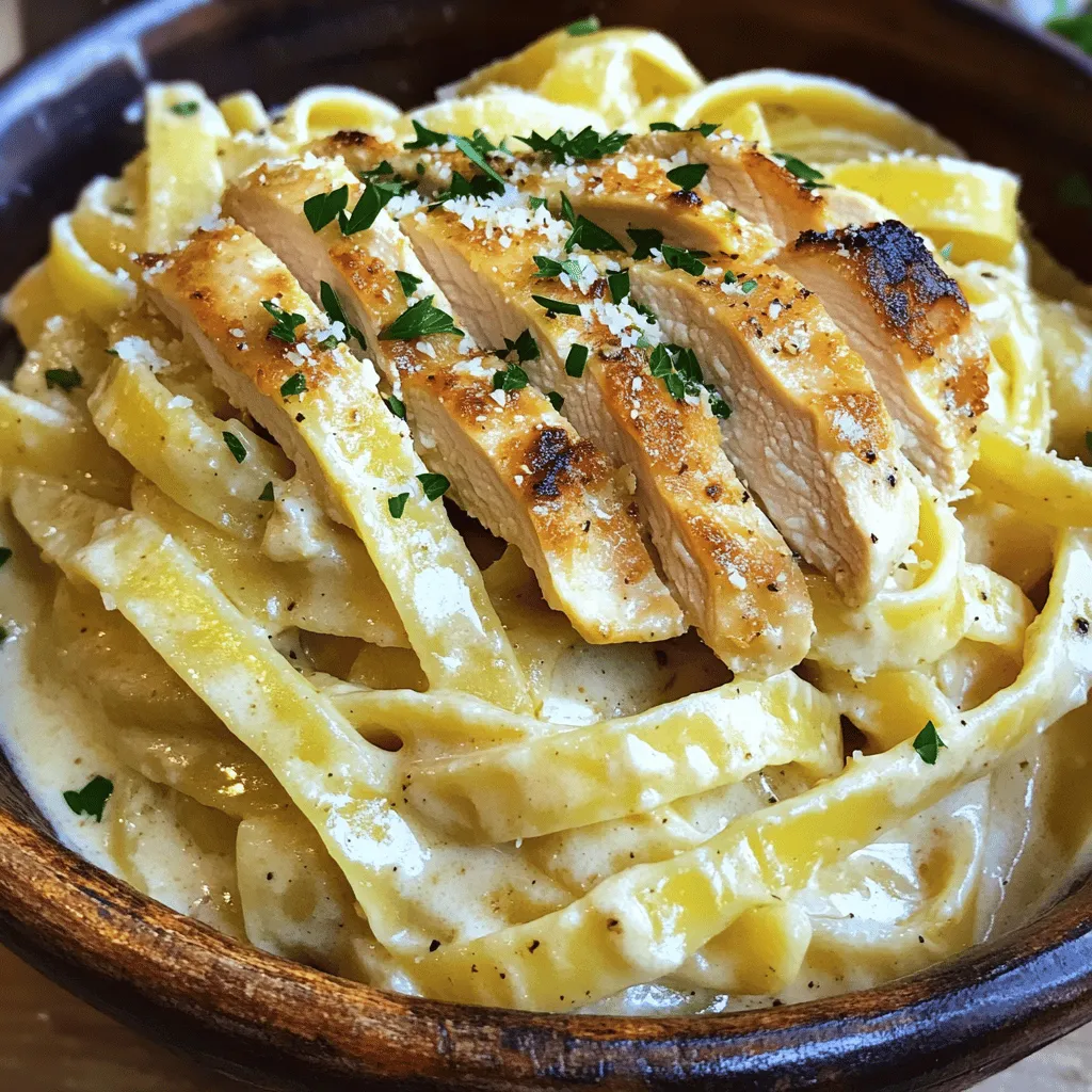 Für dieses leckere Gericht brauchen wir: - 2 Hähnchenbrustfilets, ohne Knochen und Haut - 225 g Fettuccine-Nudeln - 4 Knoblauchzehen, fein gehackt - 2 Esslöffel Olivenöl - 240 ml Schlagsahne - 100 g geriebener Parmesan-Käse - 1/2 Teelöffel getrocknete italienische Kräuter - Salz und Pfeffer nach Geschmack - Frischer Petersilie, gehackt (zum Garnieren) Die Mengen sind für vier Portionen. Wenn du mehr oder weniger machen willst, passe die Zutaten an. Für zwei Personen halbiere die Menge. Für sechs Personen verdopple sie. Das ist einfach und macht Spaß! Frische Zutaten machen einen großen Unterschied. Schau dir das Hähnchen genau an. Es sollte rosa und fest sein. Die Fettuccine sollten keine Risse haben. Wenn du frischen Knoblauch kaufst, wähle feste Zehen ohne Flecken. Der Parmesan sollte frisch gerieben sein, nicht aus der Packung. Und vergiss die Petersilie nicht! Sie sollte grün und knackig sein. Frische Zutaten bringen den besten Geschmack in dein Gericht. Wenn du mehr Tipps brauchst, schau dir das Full Recipe an. Zuerst müssen Sie die Fettuccine-Nudeln kochen. Nehmen Sie einen großen Topf und füllen Sie ihn mit Wasser. Fügen Sie viel Salz hinzu, damit die Nudeln gut gewürzt sind. Lassen Sie das Wasser kochen und geben Sie dann die Nudeln hinein. Kochen Sie sie gemäß der Anleitung auf der Verpackung. Wenn sie al dente sind, gießen Sie sie ab, aber bewahren Sie etwas vom Nudelwasser auf. Das hilft später, die Sauce zu binden. Jetzt kümmern wir uns um das Hähnchen. Nehmen Sie die Hähnchenbrustfilets und würzen Sie sie mit Salz, Pfeffer und der Hälfte der italienischen Kräuter. Heizen Sie eine große Pfanne bei mittlerer bis hoher Hitze. Geben Sie das Olivenöl hinein und warten Sie, bis es heiß ist. Fügen Sie dann die Hähnchenbrustfilets hinzu. Braten Sie sie ca. 5-7 Minuten auf jeder Seite, bis sie goldbraun sind. Nehmen Sie das Hähnchen aus der Pfanne und lassen Sie es einige Minuten ruhen, bevor Sie es in Streifen schneiden. Für die Sauce bleiben wir in der gleichen Pfanne. Reduzieren Sie die Hitze auf mittlere Stufe und geben Sie den gehackten Knoblauch hinzu. Braten Sie ihn für 1-2 Minuten an, bis er duftet. Achten Sie darauf, dass er nicht verbrennt! Gießen Sie dann die Schlagsahne in die Pfanne. Lassen Sie sie leicht köcheln und rühren Sie den Parmesan hinein. Rühren Sie, bis der Käse geschmolzen ist und die Sauce cremig wird. Wenn die Sauce zu dick ist, fügen Sie nach und nach etwas vom Nudelwasser hinzu. Rühren Sie die restlichen Kräuter unter und schmecken Sie die Sauce mit Salz und Pfeffer ab. Jetzt kommen die gekochten Fettuccine in die Pfanne. Wenden Sie die Nudeln, bis sie gleichmäßig mit der Sauce bedeckt sind. Fügen Sie die geschnittenen Hähnchenstreifen hinzu und vermengen Sie alles sanft. Servieren Sie das Gericht heiß, garniert mit frischer Petersilie. So einfach ist es, ein köstliches Gericht zu zaubern! Wenn Sie mehr erfahren möchten, sehen Sie sich das [Full Recipe] an. Um das Hähnchen zart zu machen, wähle frische Brustfilets. Du kannst die Filets auch leicht klopfen. Das macht das Fleisch gleichmäßiger. Würze das Hähnchen gut mit Salz und Pfeffer. Die richtige Würze hilft, den Geschmack zu verbessern. Brate das Hähnchen nicht zu lange. Achte darauf, dass es goldbraun ist, aber noch saftig bleibt. Lass das Hähnchen nach dem Braten kurz ruhen. So bleibt der Saft im Fleisch. Für die perfekte Soße nutze frischen Knoblauch. Achte darauf, ihn nicht zu lange zu braten. Ein bis zwei Minuten reichen aus, bis er duftet. Füge die Schlagsahne langsam hinzu. Lass die Soße sanft köcheln. So wird sie nicht zu dick. Wenn sie zu dick wird, gib etwas Nudelwasser dazu. Das hilft, die cremige Konsistenz zu erreichen. Rühre den Parmesan gut ein, bis er schmilzt. So wird die Soße schön glatt und lecker. Die Anrichtung macht das Gericht besonders. Verwende einen großen Teller, um die Pasta zu präsentieren. Lege die Fettuccine zuerst auf den Teller. Danach kommen die Hähnchenstreifen darüber. Für einen frischen Farbklecks streue gehackte Petersilie darauf. Du kannst auch etwas frisch geriebenen Parmesan oben drauf geben. Das sieht toll aus und schmeckt gut. Serviere das Gericht sofort, wenn es heiß ist. {{image_4}} Du kannst das Rezept anpassen, um neue Aromen zu entdecken. Füge Gemüse wie Spinat, Erbsen oder Paprika hinzu. Diese bringen Farbe und Nährstoffe in dein Gericht. Du kannst das Hähnchen auch durch Garnelen oder Tofu ersetzen. Beides sorgt für einen anderen Geschmack und eine interessante Textur. Für eine glutenfreie Variante wähle einfach glutenfreie Nudeln. Es gibt viele Optionen, die genauso lecker sind. Achte darauf, die Kochzeit auf der Packung zu befolgen. So bleiben die Nudeln al dente und das Gericht wird perfekt. Wenn du eine vegane Variante möchtest, ersetze die Sahne durch pflanzliche Alternativen wie Kokosmilch oder Cashewcreme. Für den Parmesan kannst du Hefeflocken verwenden. Sie geben einen tollen käsigen Geschmack. So bleibt dein Gericht lecker und vegan. Diese Variationen machen das Gericht vielseitig und spannend. Du kannst jeden Biss genießen, egal welche Zutaten du wählst. Wenn du mehr Ideen brauchst, schau dir das Full Recipe an! Um die Reste von cremigem Knoblauch-Hühnchen und Parmesan Pasta richtig zu lagern, lege sie in einen luftdichten Behälter. Lass das Essen zuerst auf Raumtemperatur abkühlen. Bewahre die Reste dann im Kühlschrank auf. So bleiben die Aromen frisch und lecker. Wenn du das Gericht wieder aufwärmen möchtest, benutze einen Topf oder die Mikrowelle. Erhitze es langsam, um die Cremigkeit zu bewahren. Füge einen Spritzer Wasser oder etwas Sahne hinzu, damit die Sauce nicht zu dick wird. Rühre gut um, um eine gleichmäßige Wärme zu erreichen. Im Kühlschrank hält sich das Gericht bis zu drei Tage. Wenn du es länger aufbewahren möchtest, friere es ein. Im Gefrierschrank bleibt es bis zu drei Monate gut. Achte darauf, es in einem geeigneten Behälter einzufrieren. So bleibt der Geschmack erhalten. Für das vollständige Rezept und mehr Details, schau dir die gesamte Anleitung an. Um die Sauce dicker zu machen, füge mehr Parmesan hinzu. Der Käse bindet die Flüssigkeit gut. Du kannst auch etwas mehr Schlagsahne verwenden. Wenn die Sauce zu dick ist, gib einfach etwas vom Nudelwasser hinzu. Das Wasser bringt die Sauce wieder in die richtige Konsistenz. Rühre gut um, bis alles gleichmäßig ist. Zu cremigem Knoblauch-Hühnchen und Parmesan Pasta passen viele Beilagen. Ein einfacher grüner Salat ist frisch und lecker. Gegrilltes Gemüse bringt Farbe und Geschmack. Du könntest auch knuspriges Brot servieren. Das Brot eignet sich gut, um die Sauce aufzutunken. Ja, du kannst das Rezept im Voraus zubereiten. Koche die Nudeln und das Hähnchen und bewahre sie getrennt auf. Die Sauce kannst du auch im Voraus machen. Stelle sie kühl. Wenn du alles wieder zusammenbringst, erhitze die Sauce langsam. Füge bei Bedarf etwas Nudelwasser hinzu. So bleibt das Gericht frisch und schmackhaft. Du findest das vollständige Rezept für Cremige Knoblauch-Hühnchen und Parmesan Pasta Delight in diesem Artikel. Diese Blogeinheit zeigt, wie Sie eine leckere, cremige Knoblauch-Hühnchen-Pasta zubereiten. Wir haben die Hauptzutaten, die Vorbereitung und die Zubereitung besprochen. Tipps sorgten dafür, dass Ihr Hühnchen zart bleibt und die Sauce perfekt gelingt. Sie lernten auch, wie Sie das Gericht abwandeln können und wie Sie Reste richtig lagern. Denken Sie daran, dass frische Zutaten den besten Geschmack bieten. Experimentieren Sie und genießen Sie jedes Biss!