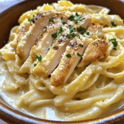 Für dieses leckere Gericht brauchen wir: - 2 Hähnchenbrustfilets, ohne Knochen und Haut - 225 g Fettuccine-Nudeln - 4 Knoblauchzehen, fein gehackt - 2 Esslöffel Olivenöl - 240 ml Schlagsahne - 100 g geriebener Parmesan-Käse - 1/2 Teelöffel getrocknete italienische Kräuter - Salz und Pfeffer nach Geschmack - Frischer Petersilie, gehackt (zum Garnieren) Die Mengen sind für vier Portionen. Wenn du mehr oder weniger machen willst, passe die Zutaten an. Für zwei Personen halbiere die Menge. Für sechs Personen verdopple sie. Das ist einfach und macht Spaß! Frische Zutaten machen einen großen Unterschied. Schau dir das Hähnchen genau an. Es sollte rosa und fest sein. Die Fettuccine sollten keine Risse haben. Wenn du frischen Knoblauch kaufst, wähle feste Zehen ohne Flecken. Der Parmesan sollte frisch gerieben sein, nicht aus der Packung. Und vergiss die Petersilie nicht! Sie sollte grün und knackig sein. Frische Zutaten bringen den besten Geschmack in dein Gericht. Wenn du mehr Tipps brauchst, schau dir das Full Recipe an. Zuerst müssen Sie die Fettuccine-Nudeln kochen. Nehmen Sie einen großen Topf und füllen Sie ihn mit Wasser. Fügen Sie viel Salz hinzu, damit die Nudeln gut gewürzt sind. Lassen Sie das Wasser kochen und geben Sie dann die Nudeln hinein. Kochen Sie sie gemäß der Anleitung auf der Verpackung. Wenn sie al dente sind, gießen Sie sie ab, aber bewahren Sie etwas vom Nudelwasser auf. Das hilft später, die Sauce zu binden. Jetzt kümmern wir uns um das Hähnchen. Nehmen Sie die Hähnchenbrustfilets und würzen Sie sie mit Salz, Pfeffer und der Hälfte der italienischen Kräuter. Heizen Sie eine große Pfanne bei mittlerer bis hoher Hitze. Geben Sie das Olivenöl hinein und warten Sie, bis es heiß ist. Fügen Sie dann die Hähnchenbrustfilets hinzu. Braten Sie sie ca. 5-7 Minuten auf jeder Seite, bis sie goldbraun sind. Nehmen Sie das Hähnchen aus der Pfanne und lassen Sie es einige Minuten ruhen, bevor Sie es in Streifen schneiden. Für die Sauce bleiben wir in der gleichen Pfanne. Reduzieren Sie die Hitze auf mittlere Stufe und geben Sie den gehackten Knoblauch hinzu. Braten Sie ihn für 1-2 Minuten an, bis er duftet. Achten Sie darauf, dass er nicht verbrennt! Gießen Sie dann die Schlagsahne in die Pfanne. Lassen Sie sie leicht köcheln und rühren Sie den Parmesan hinein. Rühren Sie, bis der Käse geschmolzen ist und die Sauce cremig wird. Wenn die Sauce zu dick ist, fügen Sie nach und nach etwas vom Nudelwasser hinzu. Rühren Sie die restlichen Kräuter unter und schmecken Sie die Sauce mit Salz und Pfeffer ab. Jetzt kommen die gekochten Fettuccine in die Pfanne. Wenden Sie die Nudeln, bis sie gleichmäßig mit der Sauce bedeckt sind. Fügen Sie die geschnittenen Hähnchenstreifen hinzu und vermengen Sie alles sanft. Servieren Sie das Gericht heiß, garniert mit frischer Petersilie. So einfach ist es, ein köstliches Gericht zu zaubern! Wenn Sie mehr erfahren möchten, sehen Sie sich das [Full Recipe] an. Um das Hähnchen zart zu machen, wähle frische Brustfilets. Du kannst die Filets auch leicht klopfen. Das macht das Fleisch gleichmäßiger. Würze das Hähnchen gut mit Salz und Pfeffer. Die richtige Würze hilft, den Geschmack zu verbessern. Brate das Hähnchen nicht zu lange. Achte darauf, dass es goldbraun ist, aber noch saftig bleibt. Lass das Hähnchen nach dem Braten kurz ruhen. So bleibt der Saft im Fleisch. Für die perfekte Soße nutze frischen Knoblauch. Achte darauf, ihn nicht zu lange zu braten. Ein bis zwei Minuten reichen aus, bis er duftet. Füge die Schlagsahne langsam hinzu. Lass die Soße sanft köcheln. So wird sie nicht zu dick. Wenn sie zu dick wird, gib etwas Nudelwasser dazu. Das hilft, die cremige Konsistenz zu erreichen. Rühre den Parmesan gut ein, bis er schmilzt. So wird die Soße schön glatt und lecker. Die Anrichtung macht das Gericht besonders. Verwende einen großen Teller, um die Pasta zu präsentieren. Lege die Fettuccine zuerst auf den Teller. Danach kommen die Hähnchenstreifen darüber. Für einen frischen Farbklecks streue gehackte Petersilie darauf. Du kannst auch etwas frisch geriebenen Parmesan oben drauf geben. Das sieht toll aus und schmeckt gut. Serviere das Gericht sofort, wenn es heiß ist. {{image_4}} Du kannst das Rezept anpassen, um neue Aromen zu entdecken. Füge Gemüse wie Spinat, Erbsen oder Paprika hinzu. Diese bringen Farbe und Nährstoffe in dein Gericht. Du kannst das Hähnchen auch durch Garnelen oder Tofu ersetzen. Beides sorgt für einen anderen Geschmack und eine interessante Textur. Für eine glutenfreie Variante wähle einfach glutenfreie Nudeln. Es gibt viele Optionen, die genauso lecker sind. Achte darauf, die Kochzeit auf der Packung zu befolgen. So bleiben die Nudeln al dente und das Gericht wird perfekt. Wenn du eine vegane Variante möchtest, ersetze die Sahne durch pflanzliche Alternativen wie Kokosmilch oder Cashewcreme. Für den Parmesan kannst du Hefeflocken verwenden. Sie geben einen tollen käsigen Geschmack. So bleibt dein Gericht lecker und vegan. Diese Variationen machen das Gericht vielseitig und spannend. Du kannst jeden Biss genießen, egal welche Zutaten du wählst. Wenn du mehr Ideen brauchst, schau dir das Full Recipe an! Um die Reste von cremigem Knoblauch-Hühnchen und Parmesan Pasta richtig zu lagern, lege sie in einen luftdichten Behälter. Lass das Essen zuerst auf Raumtemperatur abkühlen. Bewahre die Reste dann im Kühlschrank auf. So bleiben die Aromen frisch und lecker. Wenn du das Gericht wieder aufwärmen möchtest, benutze einen Topf oder die Mikrowelle. Erhitze es langsam, um die Cremigkeit zu bewahren. Füge einen Spritzer Wasser oder etwas Sahne hinzu, damit die Sauce nicht zu dick wird. Rühre gut um, um eine gleichmäßige Wärme zu erreichen. Im Kühlschrank hält sich das Gericht bis zu drei Tage. Wenn du es länger aufbewahren möchtest, friere es ein. Im Gefrierschrank bleibt es bis zu drei Monate gut. Achte darauf, es in einem geeigneten Behälter einzufrieren. So bleibt der Geschmack erhalten. Für das vollständige Rezept und mehr Details, schau dir die gesamte Anleitung an. Um die Sauce dicker zu machen, füge mehr Parmesan hinzu. Der Käse bindet die Flüssigkeit gut. Du kannst auch etwas mehr Schlagsahne verwenden. Wenn die Sauce zu dick ist, gib einfach etwas vom Nudelwasser hinzu. Das Wasser bringt die Sauce wieder in die richtige Konsistenz. Rühre gut um, bis alles gleichmäßig ist. Zu cremigem Knoblauch-Hühnchen und Parmesan Pasta passen viele Beilagen. Ein einfacher grüner Salat ist frisch und lecker. Gegrilltes Gemüse bringt Farbe und Geschmack. Du könntest auch knuspriges Brot servieren. Das Brot eignet sich gut, um die Sauce aufzutunken. Ja, du kannst das Rezept im Voraus zubereiten. Koche die Nudeln und das Hähnchen und bewahre sie getrennt auf. Die Sauce kannst du auch im Voraus machen. Stelle sie kühl. Wenn du alles wieder zusammenbringst, erhitze die Sauce langsam. Füge bei Bedarf etwas Nudelwasser hinzu. So bleibt das Gericht frisch und schmackhaft. Du findest das vollständige Rezept für Cremige Knoblauch-Hühnchen und Parmesan Pasta Delight in diesem Artikel. Diese Blogeinheit zeigt, wie Sie eine leckere, cremige Knoblauch-Hühnchen-Pasta zubereiten. Wir haben die Hauptzutaten, die Vorbereitung und die Zubereitung besprochen. Tipps sorgten dafür, dass Ihr Hühnchen zart bleibt und die Sauce perfekt gelingt. Sie lernten auch, wie Sie das Gericht abwandeln können und wie Sie Reste richtig lagern. Denken Sie daran, dass frische Zutaten den besten Geschmack bieten. Experimentieren Sie und genießen Sie jedes Biss!