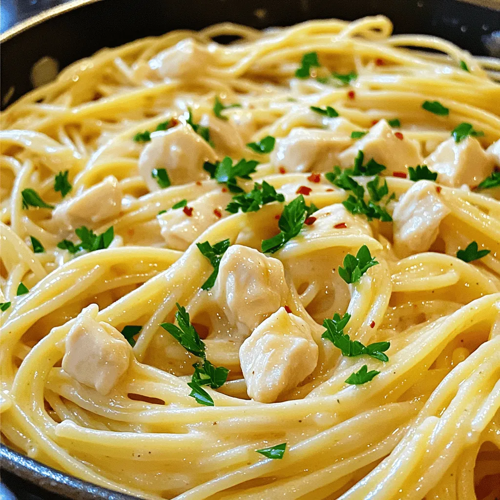 - 340 g Spaghetti - 450 g Hähnchenbrustfilets - 240 ml Schlagsahne - 240 ml Hühnerbrühe Die Hauptzutaten sind einfach und leicht zu finden. Ich wähle frisches Hähnchen, um den besten Geschmack zu erzielen. Die Spaghetti sind die Basis für dieses Gericht. Wir verwenden auch Schlagsahne und Hühnerbrühe für die leckere Soße. - 4 Knoblauchzehen - 1 Teelöffel getrockneter Thymian - Salz und Pfeffer nach Geschmack Knoblauch ist ein wichtiger Geschmacksträger. Ich benutze frischen Knoblauch für das beste Aroma. Getrockneter Thymian bringt eine feine Kräuternote. Salz und Pfeffer runden den Geschmack ab. - Frisch gehackte Petersilie - 100 g geriebener Parmesan Die Dekoration macht das Gericht schön und interessant. Frisch gehackte Petersilie bringt Farbe. Der geriebene Parmesan sorgt für einen herzhaften Geschmack. Diese Zutaten machen Chicken Spaghetti zu einem Festessen. Für das vollständige Rezept, schau dir die [Full Recipe] an. - Bringe in einem großen Topf reichlich Wasser mit Salz zum Kochen. - Füge die Spaghetti hinzu und koche sie al dente. Das dauert etwa 8-10 Minuten. Siebe die Nudeln ab, aber behalte 120 ml Nudelwasser. - Erhitze 2 Esslöffel Olivenöl in einer großen Pfanne bei mittlerer Hitze. - Würze die gewürfelten Hühnchenstücke mit Salz und Pfeffer. Brate das Hühnchen für 5-7 Minuten, bis es goldbraun ist. Nimm das Hühnchen aus der Pfanne und lege es beiseite. - Gib 4 fein gehackte Knoblauchzehen in die gleiche Pfanne. Brate den Knoblauch für 1-2 Minuten an, bis er aromatisch wird. Achte darauf, dass er nicht verbrennt. - Gieße 240 ml Hühnerbrühe und 240 ml Schlagsahne in die Pfanne. Rühre alles gut um und lasse die Mischung leicht köcheln. Jetzt bist du bereit, die cremige Knoblauch-Hühnchen-Spaghetti zu genießen! Für das vollständige Rezept kannst du [Full Recipe] hier anschauen. Um perfekte Spaghetti zu kochen, benutze viel Wasser. Gib einen Esslöffel Salz ins kochende Wasser. So wird die Pasta gut gewürzt. Koche die Spaghetti nach Packungsanweisung. Sie sollten al dente sein, also bissfest. Bevor du sie abgießt, bewahre etwa 120 ml Nudelwasser auf. Dieses Wasser hilft, die Soße später cremiger zu machen. Achte beim Anbraten des Hähnchens auf die Hitze. Zu hohe Hitze kann das Fleisch verbrennen. Brate die Würfel in Olivenöl für etwa 5-7 Minuten. Sie sollten goldbraun und durchgegart sein. Um sicherzustellen, dass das Hähnchen gar ist, schneide ein Stück auf. Es sollte kein rotes Fleisch mehr sichtbar sein. Um die Soße zu verfeinern, kannst du verschiedene Gewürze hinzufügen. Zwiebeln oder Paprika geben mehr Geschmack. Frische Kräuter wie Basilikum oder Petersilie machen die Soße lebendiger. Füge die Kräuter kurz vor dem Servieren hinzu. So bleiben der Geschmack und die Frische erhalten. Für die vollständige Zubereitung, sieh dir das [Full Recipe] an. {{image_4}} Wenn du eine vegetarische Option magst, ersetze das Hähnchen durch pflanzliche Alternativen. Du kannst Tofu, Seitan oder Kichererbsen verwenden. Diese bringen einen tollen Geschmack und Proteine. In der Soße füge mehr Gemüse hinzu. Zucchini, Paprika oder Spinat sind gute Optionen. Diese Variationen machen das Gericht bunt und gesund. Für eine scharfe Variante füge Chili oder scharfe Saucen hinzu. Du kannst frische Chilis oder eine spritzige Sriracha verwenden. Das gibt dem Gericht einen schönen Kick. Auch rote Pfefferflocken sind eine tolle Wahl. Sie sorgen für Wärme und ein wenig Farbe. Probiere, die Menge an Schärfe nach deinem Geschmack anzupassen. Käse ist immer eine gute Idee! Du kannst verschiedene Käsesorten ausprobieren. Mozzarella, Gouda oder Feta geben unterschiedliche Geschmäcker. Kombiniere sie für mehr Komplexität. Zum Beispiel, mische Parmesan mit Cheddar. Diese Käsevariation macht die Soße besonders cremig und lecker. Um Reste von Chicken Spaghetti zu lagern, lege sie in einen luftdichten Behälter. So bleiben sie frisch und lecker. Du kannst sie bis zu drei Tage im Kühlschrank aufbewahren. Vor dem Servieren solltest du die Reste gut durchwärmen. Überprüfe die Speisen auf Geruch oder Farbe, um sicherzugehen, dass sie noch gut sind. Wenn du Chicken Spaghetti einfrieren möchtest, teile sie in Portionen auf. Packe jede Portion in einen gefrierfesten Behälter. So bleibt der Geschmack erhalten. Du kannst sie bis zu drei Monate im Gefrierfach lagern. Zum Auftauen nimm die Portionen einen Tag vorher aus dem Gefrierfach. Erwärme sie dann in der Mikrowelle oder in einer Pfanne. Achte darauf, sie gut durchzuwärmen. Es gibt viele kreative Möglichkeiten, Reste von Chicken Spaghetti zu nutzen. Du kannst sie in einem Auflauf verwenden oder als Füllung für Wraps nehmen. Auch als Füllung für gefüllte Paprika sind sie perfekt. Lass deiner Kreativität freien Lauf und erschaffe neue Gerichte aus deinen Resten! Die Zubereitung von Chicken Spaghetti dauert insgesamt 30 Minuten. Die Vorbereitungszeit beträgt etwa 10 Minuten. In dieser Zeit schneiden Sie das Hühnchen und hacken den Knoblauch. Die Kochzeit für die Spaghetti ist ebenfalls ungefähr 10 Minuten. Während die Nudeln kochen, braten Sie das Hühnchen und bereiten die Soße vor. So können Sie alles rechtzeitig zusammenbringen. Ja, Sie können Chicken Spaghetti im Voraus zubereiten. Kochen Sie die Spaghetti und Hühnchen wie gewohnt. Lassen Sie die Speisen abkühlen und geben Sie sie in einen luftdichten Behälter. Im Kühlschrank bleiben sie bis zu drei Tage frisch. Für die beste Textur erwärmen Sie sie langsam in einer Pfanne. Fügen Sie etwas Hühnerbrühe hinzu, um die Soße aufzufrischen. Zu Chicken Spaghetti passen viele Beilagen. Ein frischer grüner Salat ist eine gute Wahl. Er bringt Farbe und Frische auf den Tisch. Auch Knoblauchbrot ist eine köstliche Ergänzung. Es passt perfekt zu der cremigen Soße. Wenn Sie etwas Gemüse möchten, können Sie gedünstetes Brokkoli oder grüne Bohnen servieren. Diese Beilagen sind einfach zuzubereiten und ergänzen das Gericht gut. Chicken Spaghetti ist einfach und lecker. Wir haben die Hauptzutaten, wie Spaghetti und Hähnchen, besprochen. Außerdem gelernt, wie man eine aromatische Knoblauchsoße zubereitet und welche Tipps das Gericht aufwerten. Variationen wie die vegetarische oder scharfe Version bieten Freude für jeden Geschmack. Abschließend haben wir Lagerung und Resteverwertung behandelt. Experimentiere mit diesen Rezepten und genieße jede Mahlzeit!