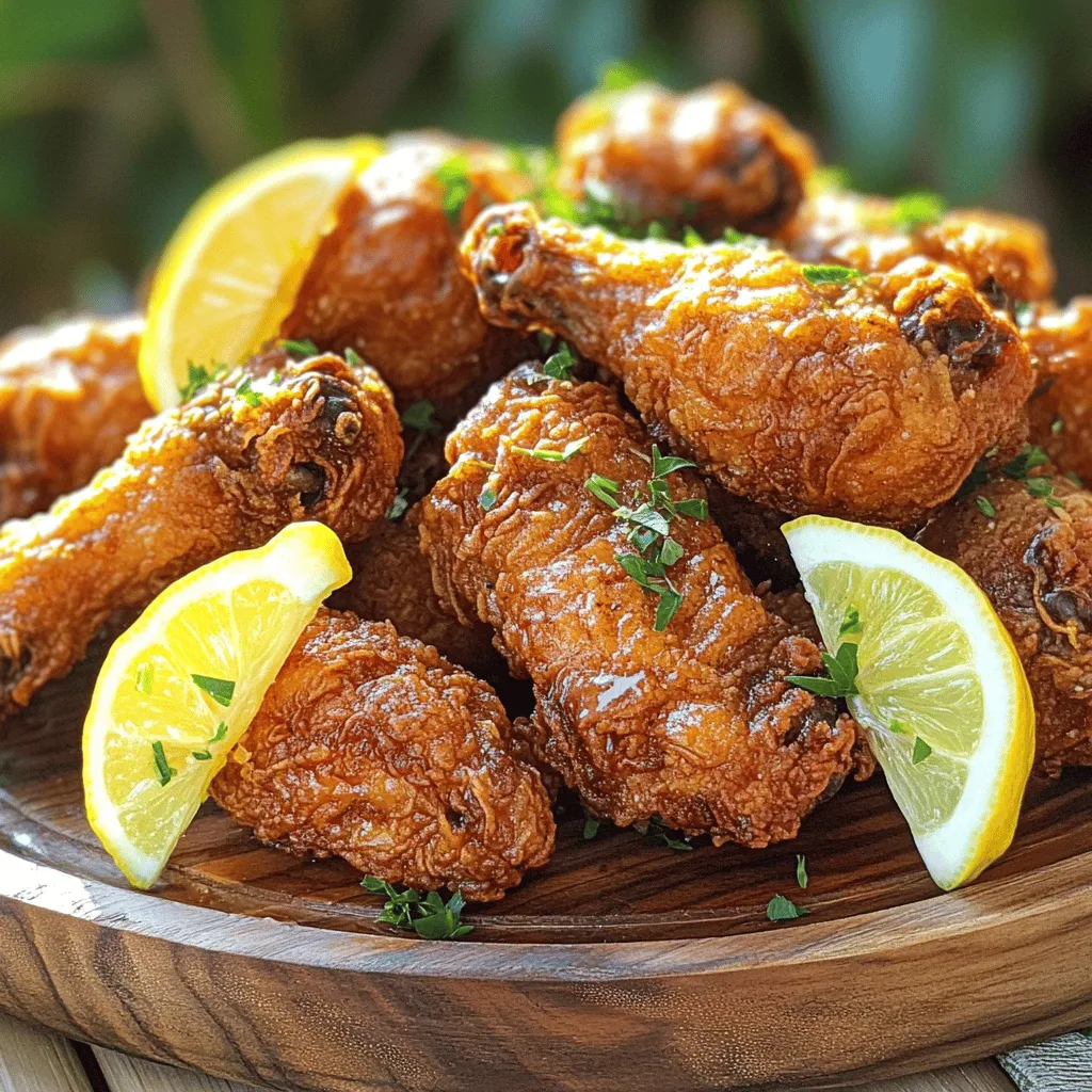 Für dieses Gericht brauchst du frische und einfache Zutaten. Hier ist die Liste: - 1 ganzes Hähnchen (ca. 1,5-2 kg), in Stücke zerteilt - 480 ml Buttermilch - 4 Beutel schwarzer Tee - 2 Esslöffel Zitronenschale (frisch gerieben) - 60 ml frischer Zitronensaft - 1 Esslöffel Knoblauchpulver - 1 Esslöffel Zwiebelpulver - 1 Teelöffel Paprika - 1 Teelöffel Cayennepfeffer (optional, für Schärfe) - Salz und Pfeffer nach Geschmack - 240 g Weizenmehl (allzweck) - 1 Teelöffel Backpulver - Pflanzenöl zum Frittieren Die Marinade macht das Hähnchen besonders saftig und aromatisch. Du beginnst mit schwarzem Tee, der dem Hähnchen einen reichen Geschmack verleiht. Buttermilch sorgt für Zartheit. Die Kombination aus Zitronenschale und Zitronensaft bringt frische Noten. Knoblauch- und Zwiebelpulver geben Tiefe. Paprika sorgt für eine milde Wärme, während Cayennepfeffer einen leichten Kick bietet. Wenn du keine Buttermilch hast, kannst du auch Joghurt oder Milch mit etwas Essig verwenden. Für den Tee kann grüner oder Kräutertee gut funktionieren, um verschiedene Geschmäcker zu testen. Bei den Gewürzen kannst du nach Belieben variieren. Experimentiere und finde deinen perfekten Mix! Zuerst bereiten wir die Marinade vor. Erhitze 480 ml Wasser und lasse vier Teebeutel schwarzen Tee für etwa fünf Minuten ziehen. Entferne die Teebeutel und lasse den Tee abkühlen. Füge dann die Buttermilch, zwei Esslöffel Zitronenschale, 60 ml frischen Zitronensaft, ein Esslöffel Knoblauchpulver, Zwiebelpulver, Paprika und optional einen Teelöffel Cayennepfeffer hinzu. Würze die Mischung mit Salz und Pfeffer. Lege die Hähnchenteile in die Marinade, decke sie ab und stelle sie mindestens vier Stunden oder über Nacht in den Kühlschrank. Dies gibt dem Hähnchen viel Geschmack. Während das Hähnchen mariniert, kannst du die Panade machen. Nimm eine große Schüssel und gebe 240 g Weizenmehl, einen Teelöffel Backpulver sowie eine Prise Salz und Pfeffer hinein. Mische alles gut, bis die Zutaten gleichmäßig verteilt sind. Diese Mischung wird die knusprige Schicht für dein Hähnchen sein. Jetzt wird es Zeit, das Hähnchen zu frittieren. Erhitze in einer großen Pfanne oder einem tiefen Topf etwa fünf Zentimeter Pflanzenöl auf mittelhoher Hitze, bis es etwa 175 °C erreicht. Nimm die Hähnchenteile aus der Marinade und lasse überschüssige Flüssigkeit abtropfen. Wende jedes Stück in der Mehlmischung, bis es vollständig bedeckt ist. Klopfe das überschüssige Mehl ab. Frittiere die Hähnchenteile in kleinen Portionen für etwa 12 bis 15 Minuten, bis sie goldbraun sind und eine Innentemperatur von 75 °C erreicht haben. Nach dem Frittieren nimm das Hähnchen aus dem Öl und lasse es auf einem Kuchengitter oder Papiertüchern abtropfen. Serviere das Zitronen-Tee frittierte Hähnchen heiß, garniert mit Zitronenscheiben und deiner Lieblings-Dipsauce. Für die vollständige Anleitung, sieh dir das Full Recipe an. Die Marinierzeit ist entscheidend für den Geschmack. Ich empfehle, das Hähnchen mindestens vier Stunden zu marinieren. So zieht die Buttermilch gut ein. Wenn du die Zeit hast, lasse es über Nacht im Kühlschrank. Das verbessert den Geschmack noch mehr. Achte darauf, das Hähnchen in der Marinade gut zu wenden. So stellen wir sicher, dass jedes Stück gleichmäßig gewürzt wird. Die Frittierbedingungen sind wichtig für knuspriges Hähnchen. Stelle sicher, dass das Öl die richtige Temperatur hat. Ich empfehle etwa 175 °C. Zu kühles Öl macht das Hähnchen fettig. Zu heißes Öl verbrennt die Panade. Überprüfe die Temperatur mit einem Küchenthermometer. Arbeite in kleinen Portionen, um ein gleichmäßiges Frittieren zu gewährleisten. Vermeide einige häufige Fehler beim Frittieren. Zuerst, lege das Hähnchen nicht direkt nach dem Marinieren in das Öl. Lass überschüssige Marinade abtropfen. Zuviel Flüssigkeit macht das Hähnchen matschig. Zweitens, wende das Hähnchen während des Frittierens vorsichtig. Nutze eine Zange, um die Stücke zu bewegen. So bleibt die Panade intakt. Schließlich, lasse das Hähnchen nach dem Frittieren gut abtropfen. Halte es warm, bis du servierst. Für das beste Ergebnis, folge dem Full Recipe. {{image_4}} Wenn du eine vegane Version von Zitronen-Tee Frittierte Hähnchen machen möchtest, ist das einfach. Nutze stattdessen pflanzliche Hähnchenalternativen. Diese Produkte gibt es in vielen Geschäften. Wähle eine Sorte, die gut mariniert werden kann. Du kannst auch Tofu oder Seitan verwenden. Marinieren bleibt gleich. Die Textur wird sich aber ändern. Experimentiere mit verschiedenen Gewürzen, um neue Geschmäcker zu finden. Füge zum Beispiel Kreuzkümmel oder Curry hinzu. Diese Gewürze geben dem Hähnchen einen besonderen Kick. Du kannst auch italienische Kräuter wie Oregano und Thymian verwenden. Achte darauf, die Mengen anzupassen, damit der Geschmack nicht überwältigt. Die richtigen Beilagen machen dein Gericht noch besser. Probiere einen frischen Salat mit Zitrusfrüchten. Das passt gut zu dem würzigen Hähnchen. Auch knusprige Pommes oder Kartoffelsalat sind tolle Optionen. Reis oder Quinoa sind ebenfalls gesund und lecker. Du kannst sogar einen Dip wie Aioli oder BBQ-Sauce anbieten. Sei kreativ und finde deine Lieblingskombination! Für das vollständige Rezept, schau dir die [Full Recipe] an. Um übrig gebliebenes Hähnchen frisch zu halten, legen Sie es in einen luftdichten Behälter. Stellen Sie sicher, dass das Hähnchen vollständig abgekühlt ist, bevor Sie es lagern. So bleibt es länger knusprig und lecker. Sie können das Hähnchen auch in Frischhaltefolie wickeln, um es zu schützen. Lagern Sie das Hähnchen im Kühlschrank für bis zu drei Tage. Um übrig gebliebenes Hähnchen aufzuwärmen, verwenden Sie den Ofen. Heizen Sie ihn auf 180 °C vor. Legen Sie das Hähnchen auf ein Backblech und decken Sie es locker mit Folie ab. So bleibt das Hähnchen saftig. Erwärmen Sie es etwa 20 Minuten, bis es warm ist. Vermeiden Sie die Mikrowelle, da sie das Hähnchen weich machen kann. Das Zitronen-Tee frittierte Hähnchen ist perfekt für Meal Prep. Marinieren Sie das Hähnchen am Abend vorher. So sparen Sie Zeit am nächsten Tag. Frittieren Sie nur, was Sie brauchen. Die restlichen Stücke können Sie für einfache Mahlzeiten verwenden. Fügen Sie das Hähnchen zu Salaten oder Sandwiches hinzu. Es bleibt lecker und vielseitig. Für die vollständige Anleitung, sehen Sie sich das [Full Recipe] an. Du kannst das marinierte Hähnchen bis zu 24 Stunden im Kühlschrank lassen. Je länger es mariniert, desto besser wird der Geschmack. Ich empfehle, das Hähnchen mindestens vier Stunden in der Marinade zu lassen. So ziehen die Aromen gut ein. Ja, du kannst verschiedene Teesorten ausprobieren. Grüner Tee oder Kräutertee geben auch einen tollen Geschmack. Achte darauf, dass der Tee gut zu Zitronen passt. So bleibt der frische Zitronengeschmack erhalten. Zu diesem Gericht passen viele Dips. Hier sind einige Vorschläge: - Honig-Senf-Sauce - BBQ-Sauce - Knoblauch-Dip - Zitronenaioli - Sriracha-Mayo Diese Saucen bringen noch mehr Geschmack und machen das Essen spannend. Du kannst auch deine eigene Sauce kreieren, um das Hähnchen noch mehr zu verfeinern. Zitronen-Tee Frittierte Hähnchen bieten einen besonderen Genuss. Wir haben die wichtigsten Zutaten, die Marinade und das Frittieren Schritt für Schritt besprochen. Auch Tipps zur Lagerung und Variationen wie die vegane Option sind wichtig. Achten Sie auf Marinierzeit und Frittierbedingungen für besten Geschmack. Experimentieren Sie mit Gewürzen und passenden Beilagen. Diese einfache Methode macht leckere Mahlzeiten möglich. Genießen Sie Ihr köstliches Ergebnis und teilen Sie die Freude am Kochen!