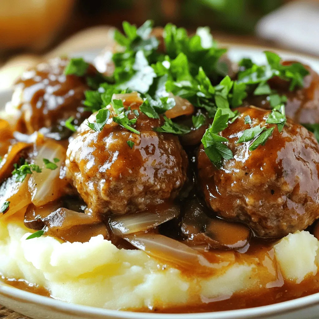 - 450 g Rinderhackfleisch - 120 g Semmelbrösel - 60 g fein gehackte Zwiebel - 1 Ei - 30 ml Worcestershire-Sauce - 1 TL Knoblauchpulver - 1 TL Zwiebelpulver - 0,5 TL schwarzer Pfeffer - Salz nach Geschmack Die Basis für die Fleischbällchen ist Rinderhackfleisch. Es gibt viele Möglichkeiten, Fleisch zu wählen, aber Rinderhack gibt den besten Geschmack. Semmelbrösel helfen, die Bällchen zusammenzuhalten. Sie geben eine schöne Textur. Die Zwiebel bringt süßen Geschmack und Feuchtigkeit. Das Ei bindet alles. Worcestershire-Sauce fügt Tiefe hinzu, während Gewürze wie Knoblauchpulver und Zwiebelpulver das Aroma verstärken. - 240 ml Rinderbrühe - 100 g geschnittene Champignons - 1 große Zwiebel, in Ringe geschnitten Die Sauce ist das Herzstück dieses Gerichts. Rinderbrühe sorgt für einen reichen Geschmack. Champignons bringen Umami und eine tolle Textur. Zwiebeln geben Süße und Tiefe. Diese Kombination macht die Sauce besonders lecker. Sie umhüllt die Fleischbällchen und verbessert das gesamte Gericht. - 1 EL Maisstärke (optional, zum Andicken) - 2 EL Wasser (optional, zum Andicken) - Salz und Pfeffer nach Geschmack Um die Sauce dicker zu machen, können Sie Maisstärke verwenden. Mischen Sie sie mit Wasser, um Klumpen zu vermeiden. Das gibt der Sauce eine schöne Konsistenz. Sie können auch nach Geschmack mit Salz und Pfeffer würzen. Passen Sie die Gewürze an, um das Gericht perfekt zu machen. Das ist das Rezept. Wenn Sie mehr wissen möchten, schauen Sie sich das [Full Recipe] an. - In einer großen Schüssel das Rinderhackfleisch, die Semmelbrösel, die fein gehackte Zwiebel, das Ei, die Worcestershire-Sauce, das Knoblauchpulver, das Zwiebelpulver, den schwarzen Pfeffer und das Salz gut vermengen. - Achte darauf, dass alles gleichmäßig vermischt ist. - Mit deinen Händen gleichmäßige Bällchen mit einem Durchmesser von etwa 4 cm formen. Diese Bällchen sind die Basis für dein Gericht. - Beginne mit dem Boden des Slow Cookers. Lege die geschnittenen Zwiebeln und Champignons gleichmäßig darauf. - Diese Basis sorgt für Geschmack und Feuchtigkeit. - Lege die vorbereiteten Fleischbällchen vorsichtig auf die Zwiebel- und Champignon-Schicht. Achte darauf, dass sie nicht übereinander liegen. - In einer separaten Schüssel die Rinderbrühe und die restliche Worcestershire-Sauce gut vermischen. - Gieße diese Flüssigkeit gleichmäßig über die Fleischbällchen. So bleiben sie saftig und zart. - Decke den Slow Cooker ab und stelle ihn auf niedrige Stufe für 5-6 Stunden oder auf hohe Stufe für 3-4 Stunden. Die Fleischbällchen sind fertig, wenn sie durchgegart und zart sind. - Für eine dickere Sauce, mische die Maisstärke mit Wasser in einer kleinen Schüssel. Rühre diese Mischung während der letzten 30 Minuten der Garzeit vorsichtig ein. - Rühre sanft um, um alles zu kombinieren. Lass die Sauce eindicken. - Nach der Garzeit nimm den Deckel ab und lasse die Fleischbällchen 10 Minuten ruhen, bevor du sie servierst. - Fleischbällchen gleichmäßig formen: Achte darauf, dass deine Fleischbällchen gleich groß sind. So garen sie gleichmäßig. Jedes Bällchen sollte etwa 4 cm im Durchmesser haben. Das hilft, dass alle Bällchen zur gleichen Zeit gar sind. - Wichtigkeit der Garzeit: Die Garzeit im Slow Cooker ist wichtig. Bei niedriger Stufe brauchst du 5-6 Stunden, bei hoher Stufe 3-4 Stunden. Lass die Bällchen nicht zu lange garen, sonst werden sie trocken. Überprüfe die Garzeit, um perfekte Ergebnisse zu erzielen. - Dickere Sauce herstellen: Wenn du eine dickere Sauce magst, füge während der letzten 30 Minuten Maisstärke und Wasser hinzu. Rühre es gut ein, damit keine Klumpen entstehen. Die Sauce wird so reichhaltiger und cremiger. - Geschmack anpassen: Probiere die Sauce, bevor du servierst. Füge Salz oder Pfeffer hinzu, wenn nötig. Auch ein Spritzer Worcestershire-Sauce kann den Geschmack verstärken. Sei kreativ, um die Sauce nach deinem Geschmack zu gestalten. - Beilagenempfehlungen: Serviere die Fleischbällchen auf einem Bett aus Kartoffelpüree oder Pasta. Diese Beilagen nehmen die köstliche Sauce gut auf. Du kannst auch Reis verwenden, um das Gericht zu variieren. - Garnituren für das Gericht: Frisch gehackte Petersilie ist eine tolle Garnitur. Sie bringt Farbe und Frische. Auch Röstzwiebeln oder ein Spritzer Zitronensaft geben dem Gericht das gewisse Etwas. Achte darauf, es ansprechend zu präsentieren. {{image_4}} Für die Slow Cooker Salisbury Steak Meatballs können Sie verschiedene Fleischsorten verwenden. Rinderhackfleisch ist klassisch, aber auch Puten- oder Hähnchenhack sind gute Optionen. Diese Alternativen machen das Gericht leichter und gesünder. Wenn Sie glutenfrei kochen möchten, nutzen Sie glutenfreie Semmelbrösel. Sie sind leicht erhältlich und ersetzen normale Semmelbrösel perfekt. So bleibt der Geschmack lecker und die Textur stimmt. Die Gewürze sind wichtig für den Geschmack. Fügen Sie frische Kräuter wie Petersilie oder Thymian hinzu. Diese Kräuter bringen eine frische Note ins Gericht. Auch italienische Kräuter können spannend sein und neue Aromen liefern. Wenn Sie es schärfer mögen, können Sie etwas Cayennepfeffer oder Paprika hinzufügen. Diese Gewürze geben Ihnen die Möglichkeit, den Schärfegrad nach Ihrem Geschmack zu ändern. Experimentieren Sie, um die perfekte Mischung zu finden! Zu den Fleischbällchen passen viele Beilagen. Kartoffelpüree ist klassisch und sehr beliebt. Es nimmt die köstliche Sauce gut auf. Auch Reis oder Pasta sind großartige Optionen. Wenn Sie etwas Vegetarisches möchten, probieren Sie gedämpftes Gemüse oder einen frischen Salat. Diese Beilagen machen das Gericht leicht und gesund. Sie können auch Quinoa oder Couscous verwenden, um mehr Textur und Geschmack hinzuzufügen. Für das vollständige Rezept, schauen Sie sich die [Full Recipe] an. - Lagern Sie die Fleischbällchen im Kühlschrank in einem luftdichten Behälter. - Lassen Sie die Fleischbällchen zuerst abkühlen, bevor Sie sie einlagern. - Um die Fleischbällchen richtig einzufrieren, legen Sie sie in einen gefrierfesten Beutel. - Drücken Sie die Luft heraus, um Gefrierbrand zu vermeiden. - Zum Auftauen legen Sie die Bällchen über Nacht in den Kühlschrank. - Erwärmen Sie sie dann in der Mikrowelle oder im Slow Cooker. - Die Fleischbällchen halten sich im Kühlschrank bis zu 3 Tage. - Um die Frische zu maximieren, bewahren Sie die Bällchen getrennt von der Sauce auf. - Prüfen Sie, ob das Gericht noch gut ist, indem Sie auf Geruch und Farbe achten. - Wenn es schlecht riecht oder die Farbe sich verändert hat, entsorgen Sie es. Die Garzeit hängt von der Einstellung des Slow Cookers ab. Auf niedriger Stufe brauchen die Fleischbällchen etwa 5 bis 6 Stunden. Auf hoher Stufe sind 3 bis 4 Stunden ausreichend. Die Bällchen sind fertig, wenn sie innen nicht mehr rosa sind und schön zart sind. Ich empfehle, die Temperatur mit einem Fleischthermometer zu prüfen, um sicherzugehen. Ja, du kannst die Fleischbällchen vorbereiten und im Kühlschrank lagern. Mische alle Zutaten und forme die Bällchen. Lege sie auf ein Backblech und stelle sie für bis zu 24 Stunden in den Kühlschrank. So sparst du Zeit, wenn du das Gericht zubereiten möchtest. Achte darauf, die Bällchen gut abzudecken, damit sie frisch bleiben. Zu diesen saftigen Fleischbällchen passen viele Beilagen. Hier sind einige beliebte Optionen: - Kartoffelpüree: Die cremige Textur ergänzt die Sauce perfekt. - Reis: Er nimmt die leckere Sauce gut auf. - Pasta: Eine leckere Kombination mit einem Hauch von Käse. - Gedünstetes Gemüse: Für eine gesunde, bunte Beilage. Du kannst auch frisches Brot dazu reichen, um die Sauce aufzutunken. Ja, du kannst die Zutaten nach deinem Geschmack anpassen. Wenn du kein Rinderhackfleisch magst, probiere Puten- oder Hähnchenhackfleisch. Für eine vegetarische Option kannst du pflanzliches Hackfleisch verwenden. Auch die Gewürze sind anpassbar. Füge frische Kräuter oder andere Gewürze hinzu, um neue Geschmäcker zu entdecken. Die Zubereitung der Slow Cooker Fleischbällchen ist einfach und macht Spaß. Du hast gelernt, auf hochwertige Zutaten zu achten und die Schritte für die perfekte Zubereitung zu befolgen. Denk daran, die Garzeiten genau einzuhalten und kreativ mit Gewürzen zu sein. Variiere bei Bedarf die Zutaten, um dein Gericht individuell zu gestalten. Mit den richtigen Beilagen wird dein Essen ein Hit. Halte die Reste gut aufbewahrt, damit du noch länger Freude daran hast. Viel Spaß beim Kochen!