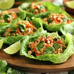 Um diese leckeren Spicy Thai Chicken Lettuce Wraps zu machen, brauchst du folgende Hauptzutaten: - 450 g gemahlenes Hühnchen - 1 Esslöffel Pflanzenöl - 3 Knoblauchzehen, fein gehackt - 1 Esslöffel frischer Ingwer, gerieben - 1 rote Paprika, gewürfelt - 1 Karotte, gerieben - 60 ml Frühlingszwiebeln, gehackt - 60 ml geröstete Erdnüsse, gehackt - 1 Esslöffel Sojasauce - 1 Esslöffel Fischsauce - 1 Esslöffel Sriracha (oder nach Geschmack) - 1 Esslöffel Limettensaft - 1 Kopf Buttersalat (oder Eisbergsalat), Blätter getrennt - Frische Korianderblätter zur Garnitur Diese Zutaten machen das Gericht frisch und köstlich. Das gemahlene Hühnchen gibt die tolle Basis. Zusammen mit Gemüse und Gewürzen entsteht ein voller Geschmack. Die Gewürze und Saucen geben den Wraps ihren besonderen Kick. Die Sojasauce sorgt für einen herzhaften Geschmack. Fischsauce fügt Tiefe hinzu, während Sriracha die Schärfe bringt. Limettensaft bringt Frische und Säure. Diese Zutaten sind wichtig, um das Gericht spannend zu machen. Falls du keine bestimmten Zutaten hast oder etwas anderes magst, gibt es Alternativen. Statt gemahlenem Hühnchen kannst du gemahlenes Rindfleisch oder Tofu verwenden. Gemüse wie Zucchini oder Champignons sind ebenfalls gute Optionen. Du kannst die Saucen nach deinem Geschmack anpassen. Wenn du es milder magst, verwende weniger Sriracha. So bleibt das Rezept flexibel und passt zu deinem Geschmack. Um die vollständige Rezeptanleitung zu erhalten, schau dir das [Full Recipe] an. Zuerst sammeln Sie alle Zutaten. Sie benötigen: - 450 g gemahlenes Hühnchen - 1 Esslöffel Pflanzenöl - 3 Knoblauchzehen, fein gehackt - 1 Esslöffel frischer Ingwer, gerieben - 1 rote Paprika, gewürfelt - 1 Karotte, gerieben - 60 ml Frühlingszwiebeln, gehackt - 60 ml geröstete Erdnüsse, gehackt - 1 Esslöffel Sojasauce - 1 Esslöffel Fischsauce - 1 Esslöffel Sriracha (oder nach Geschmack) - 1 Esslöffel Limettensaft - 1 Kopf Buttersalat (oder Eisbergsalat), Blätter getrennt - Frische Korianderblätter zur Garnitur Stellen Sie sicher, dass alles bereit ist. So sparen Sie Zeit beim Kochen. Erhitzen Sie das Pflanzenöl in einer großen Pfanne bei mittlerer Hitze. Fügen Sie dann den Knoblauch und den Ingwer hinzu. Braten Sie beides für 1-2 Minuten an. Es sollte gut riechen. Jetzt geben Sie das gemahlene Hühnchen in die Pfanne. Zerdrücken Sie es mit einem Holzlöffel. Kochen Sie das Hühnchen, bis es braun und gar ist. Dies dauert etwa 5-7 Minuten. Jetzt ist es Zeit für das Gemüse. Rühren Sie die gewürfelte Paprika und die geriebene Karotte ein. Kochen Sie alles für weitere 3-4 Minuten. Das Gemüse sollte leicht weich sein. Mischen Sie dann die Frühlingszwiebeln, die Erdnüsse, Sojasauce, Fischsauce, Sriracha und Limettensaft unter. Gut umrühren, um die Aromen zu vereinen. Lassen Sie die Mischung für 2 Minuten köcheln. Probieren Sie die Füllung. Mögen Sie es schärfer? Fügen Sie mehr Sriracha hinzu. Nehmen Sie die Pfanne vom Herd und lassen Sie die Füllung leicht abkühlen. Zum Servieren nehmen Sie ein Salatblatt. Geben Sie eine großzügige Portion der Hühnchenmischung hinein. Garnieren Sie mit frischen Korianderblättern. Wickeln Sie das Blatt um die Füllung wie einen Taco. Präsentationstipps: Legen Sie die Lettuce-Wraps auf eine Platte. Garnieren Sie sie mit zusätzlichen Erdnüssen und Koriander. Servieren Sie Limettenviertel dazu für einen extra Kick. Genießen Sie die frischen Aromen der Spicy Thai Chicken Lettuce Wraps! Um die beste Konsistenz für deine Füllung zu bekommen, achte auf die Kochzeit. Koche das Hühnchen, bis es leicht bräunt. Das gibt der Füllung einen tollen Geschmack. Füge das Gemüse erst nach dem Hühnchen hinzu. So bleibt es knackig und frisch. Rühre die Mischung gut um, damit sich die Aromen verbinden. Ein guter Tipp: Lass die Mischung nach dem Kochen leicht abkühlen. So läuft nichts aus dem Salatblatt. Spicy Thai Chicken Lettuce Wraps passen gut zu vielen Beilagen. Du kannst sie mit Reis oder Quinoa servieren. Auch eine Erdnusssauce dazu ist lecker. Für einen frischen Kick sind Limettenviertel ideal. Salat oder Gemüse-Sticks als Beilage bringen Farbe auf den Tisch. Wenn du es noch bunter magst, füge mehr Paprika oder Karotten hinzu. Die Schärfe kann leicht angepasst werden. Wenn du es schärfer magst, gib mehr Sriracha hinzu. Für weniger Schärfe, nimm einfach weniger. Du kannst auch andere Gewürze ausprobieren. Ein wenig Honig bringt eine süße Note. So wird die Füllung noch interessanter. Sei mutig und experimentiere mit den Zutaten. So findest du deine perfekte Mischung. Schau dir das [Full Recipe] an, um alle Details zu sehen! {{image_4}} Wenn du lieber auf Fleisch verzichten möchtest, probiere Tofu oder gewürzte Tempeh-Stücke. Diese Optionen sind lecker und bieten eine gute Textur. Du kannst auch Kichererbsen verwenden. Sie sind nahrhaft und passen gut zu den Aromen der Füllung. Mische sie mit den gleichen Gewürzen, um den richtigen Geschmack zu bekommen. Neben Hühnchen gibt es viele andere Proteinquellen. Du kannst Rindfleisch oder Schweinefleisch verwenden. Achte darauf, die Kochzeit anzupassen, damit das Fleisch gut durchgegart wird. Für eine leichtere Variante, probiere auch Garnelen oder Fisch. Diese Proteinquellen verleihen den Wraps eine besondere Note. Dressings geben deinen Wraps den letzten Schliff. Probiere Erdnusssoße für eine nussige Note. Eine süß-saure Soße kann die Aromen wunderbar ergänzen. Du kannst auch Joghurt oder eine scharfe Chilisauce verwenden. Experimentiere mit verschiedenen Kombinationen, um deinen Lieblingsgeschmack zu finden. Um die Reste der Spicy Thai Chicken Lettuce Wraps frisch zu halten, lege sie in einen luftdichten Behälter. Achte darauf, die Füllung von den Salatblättern zu trennen. So bleiben die Blätter knackig. Kühle die Reste schnell ab und stelle sie in den Kühlschrank. Die Reste sind im Kühlschrank etwa 3 bis 4 Tage haltbar. Nach dieser Zeit können Geschmack und Textur leiden. Du kannst die Füllung auch einfrieren, um sie länger zu lagern. Im Gefrierfach bleiben sie bis zu 3 Monate genießbar. Achte darauf, die Füllung gut zu verpacken, um Gefrierbrand zu vermeiden. Um die Füllung wieder zu erwärmen, benutze eine Pfanne bei mittlerer Hitze. Füge etwas Öl hinzu, um ein Ankleben zu verhindern. Erhitze die Füllung, bis sie heiß ist. Das dauert etwa 5 bis 7 Minuten. Verwende die frisch gekauften Salatblätter für den besten Geschmack und die beste Textur. So kannst du die Wraps wieder genießen, als wären sie frisch zubereitet. Um die Wraps schärfer zu machen, füge einfach mehr Sriracha hinzu. Du kannst auch frische, gehackte Chilischoten einfügen. Probiere Thai-Chilis oder Jalapeños für zusätzlichen Kick. Achte darauf, die Schärfe langsam zu steigern. So kannst du den perfekten Geschmack finden. Ja, du kannst die Zutaten im Voraus vorbereiten. Hacke das Gemüse und lagere es im Kühlschrank. Du kannst das Hühnchen auch schon anbraten und kalt stellen. Die Wraps sind schnell zubereitet, wenn alles bereit ist. So sparst du Zeit beim Kochen. Ja, diese Wraps sind glutenfrei, wenn du glutenfreie Sojasauce verwendest. Viele Marken bieten glutenfreie Optionen an. Achte darauf, dass die Fischsauce ebenfalls glutenfrei ist. So kannst du sicher sein, dass deine Wraps für alle geeignet sind. Zu diesen Wraps passen viele Beilagen gut. Serviere Reis oder Quinoa für eine vollere Mahlzeit. Frischer Salat oder eine scharfe Suppe ergänzen die Wraps perfekt. Für einen süßen Abschluss kannst du frische Früchte wie Mango oder Ananas anbieten. Die Spicy Thai Chicken Lettuce Wraps sind einfach zuzubereiten und lecker. Wir haben die Zutaten, Zubereitung und viele Tipps behandelt. Anpassungen und Variationen helfen dir, das Gericht zu personalisieren. Aufbewahrungshinweise sichern, dass Reste frisch bleiben. Setze deine neuen Ideen gleich um. Du wirst deine Freunde und Familie beeindrucken! Lass jede Wrap ein neues Geschmackserlebnis sein.