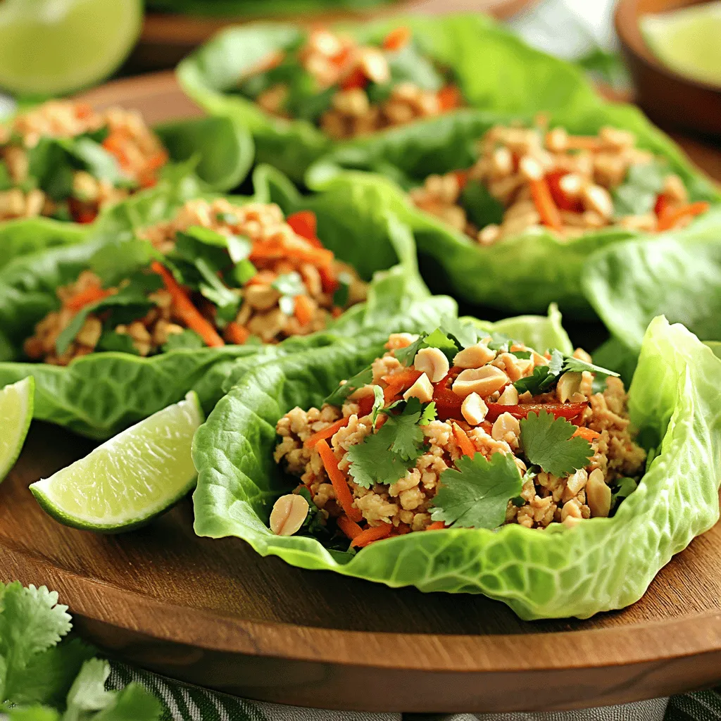 Um diese leckeren Spicy Thai Chicken Lettuce Wraps zu machen, brauchst du folgende Hauptzutaten: - 450 g gemahlenes Hühnchen - 1 Esslöffel Pflanzenöl - 3 Knoblauchzehen, fein gehackt - 1 Esslöffel frischer Ingwer, gerieben - 1 rote Paprika, gewürfelt - 1 Karotte, gerieben - 60 ml Frühlingszwiebeln, gehackt - 60 ml geröstete Erdnüsse, gehackt - 1 Esslöffel Sojasauce - 1 Esslöffel Fischsauce - 1 Esslöffel Sriracha (oder nach Geschmack) - 1 Esslöffel Limettensaft - 1 Kopf Buttersalat (oder Eisbergsalat), Blätter getrennt - Frische Korianderblätter zur Garnitur Diese Zutaten machen das Gericht frisch und köstlich. Das gemahlene Hühnchen gibt die tolle Basis. Zusammen mit Gemüse und Gewürzen entsteht ein voller Geschmack. Die Gewürze und Saucen geben den Wraps ihren besonderen Kick. Die Sojasauce sorgt für einen herzhaften Geschmack. Fischsauce fügt Tiefe hinzu, während Sriracha die Schärfe bringt. Limettensaft bringt Frische und Säure. Diese Zutaten sind wichtig, um das Gericht spannend zu machen. Falls du keine bestimmten Zutaten hast oder etwas anderes magst, gibt es Alternativen. Statt gemahlenem Hühnchen kannst du gemahlenes Rindfleisch oder Tofu verwenden. Gemüse wie Zucchini oder Champignons sind ebenfalls gute Optionen. Du kannst die Saucen nach deinem Geschmack anpassen. Wenn du es milder magst, verwende weniger Sriracha. So bleibt das Rezept flexibel und passt zu deinem Geschmack. Um die vollständige Rezeptanleitung zu erhalten, schau dir das [Full Recipe] an. Zuerst sammeln Sie alle Zutaten. Sie benötigen: - 450 g gemahlenes Hühnchen - 1 Esslöffel Pflanzenöl - 3 Knoblauchzehen, fein gehackt - 1 Esslöffel frischer Ingwer, gerieben - 1 rote Paprika, gewürfelt - 1 Karotte, gerieben - 60 ml Frühlingszwiebeln, gehackt - 60 ml geröstete Erdnüsse, gehackt - 1 Esslöffel Sojasauce - 1 Esslöffel Fischsauce - 1 Esslöffel Sriracha (oder nach Geschmack) - 1 Esslöffel Limettensaft - 1 Kopf Buttersalat (oder Eisbergsalat), Blätter getrennt - Frische Korianderblätter zur Garnitur Stellen Sie sicher, dass alles bereit ist. So sparen Sie Zeit beim Kochen. Erhitzen Sie das Pflanzenöl in einer großen Pfanne bei mittlerer Hitze. Fügen Sie dann den Knoblauch und den Ingwer hinzu. Braten Sie beides für 1-2 Minuten an. Es sollte gut riechen. Jetzt geben Sie das gemahlene Hühnchen in die Pfanne. Zerdrücken Sie es mit einem Holzlöffel. Kochen Sie das Hühnchen, bis es braun und gar ist. Dies dauert etwa 5-7 Minuten. Jetzt ist es Zeit für das Gemüse. Rühren Sie die gewürfelte Paprika und die geriebene Karotte ein. Kochen Sie alles für weitere 3-4 Minuten. Das Gemüse sollte leicht weich sein. Mischen Sie dann die Frühlingszwiebeln, die Erdnüsse, Sojasauce, Fischsauce, Sriracha und Limettensaft unter. Gut umrühren, um die Aromen zu vereinen. Lassen Sie die Mischung für 2 Minuten köcheln. Probieren Sie die Füllung. Mögen Sie es schärfer? Fügen Sie mehr Sriracha hinzu. Nehmen Sie die Pfanne vom Herd und lassen Sie die Füllung leicht abkühlen. Zum Servieren nehmen Sie ein Salatblatt. Geben Sie eine großzügige Portion der Hühnchenmischung hinein. Garnieren Sie mit frischen Korianderblättern. Wickeln Sie das Blatt um die Füllung wie einen Taco. Präsentationstipps: Legen Sie die Lettuce-Wraps auf eine Platte. Garnieren Sie sie mit zusätzlichen Erdnüssen und Koriander. Servieren Sie Limettenviertel dazu für einen extra Kick. Genießen Sie die frischen Aromen der Spicy Thai Chicken Lettuce Wraps! Um die beste Konsistenz für deine Füllung zu bekommen, achte auf die Kochzeit. Koche das Hühnchen, bis es leicht bräunt. Das gibt der Füllung einen tollen Geschmack. Füge das Gemüse erst nach dem Hühnchen hinzu. So bleibt es knackig und frisch. Rühre die Mischung gut um, damit sich die Aromen verbinden. Ein guter Tipp: Lass die Mischung nach dem Kochen leicht abkühlen. So läuft nichts aus dem Salatblatt. Spicy Thai Chicken Lettuce Wraps passen gut zu vielen Beilagen. Du kannst sie mit Reis oder Quinoa servieren. Auch eine Erdnusssauce dazu ist lecker. Für einen frischen Kick sind Limettenviertel ideal. Salat oder Gemüse-Sticks als Beilage bringen Farbe auf den Tisch. Wenn du es noch bunter magst, füge mehr Paprika oder Karotten hinzu. Die Schärfe kann leicht angepasst werden. Wenn du es schärfer magst, gib mehr Sriracha hinzu. Für weniger Schärfe, nimm einfach weniger. Du kannst auch andere Gewürze ausprobieren. Ein wenig Honig bringt eine süße Note. So wird die Füllung noch interessanter. Sei mutig und experimentiere mit den Zutaten. So findest du deine perfekte Mischung. Schau dir das [Full Recipe] an, um alle Details zu sehen! {{image_4}} Wenn du lieber auf Fleisch verzichten möchtest, probiere Tofu oder gewürzte Tempeh-Stücke. Diese Optionen sind lecker und bieten eine gute Textur. Du kannst auch Kichererbsen verwenden. Sie sind nahrhaft und passen gut zu den Aromen der Füllung. Mische sie mit den gleichen Gewürzen, um den richtigen Geschmack zu bekommen. Neben Hühnchen gibt es viele andere Proteinquellen. Du kannst Rindfleisch oder Schweinefleisch verwenden. Achte darauf, die Kochzeit anzupassen, damit das Fleisch gut durchgegart wird. Für eine leichtere Variante, probiere auch Garnelen oder Fisch. Diese Proteinquellen verleihen den Wraps eine besondere Note. Dressings geben deinen Wraps den letzten Schliff. Probiere Erdnusssoße für eine nussige Note. Eine süß-saure Soße kann die Aromen wunderbar ergänzen. Du kannst auch Joghurt oder eine scharfe Chilisauce verwenden. Experimentiere mit verschiedenen Kombinationen, um deinen Lieblingsgeschmack zu finden. Um die Reste der Spicy Thai Chicken Lettuce Wraps frisch zu halten, lege sie in einen luftdichten Behälter. Achte darauf, die Füllung von den Salatblättern zu trennen. So bleiben die Blätter knackig. Kühle die Reste schnell ab und stelle sie in den Kühlschrank. Die Reste sind im Kühlschrank etwa 3 bis 4 Tage haltbar. Nach dieser Zeit können Geschmack und Textur leiden. Du kannst die Füllung auch einfrieren, um sie länger zu lagern. Im Gefrierfach bleiben sie bis zu 3 Monate genießbar. Achte darauf, die Füllung gut zu verpacken, um Gefrierbrand zu vermeiden. Um die Füllung wieder zu erwärmen, benutze eine Pfanne bei mittlerer Hitze. Füge etwas Öl hinzu, um ein Ankleben zu verhindern. Erhitze die Füllung, bis sie heiß ist. Das dauert etwa 5 bis 7 Minuten. Verwende die frisch gekauften Salatblätter für den besten Geschmack und die beste Textur. So kannst du die Wraps wieder genießen, als wären sie frisch zubereitet. Um die Wraps schärfer zu machen, füge einfach mehr Sriracha hinzu. Du kannst auch frische, gehackte Chilischoten einfügen. Probiere Thai-Chilis oder Jalapeños für zusätzlichen Kick. Achte darauf, die Schärfe langsam zu steigern. So kannst du den perfekten Geschmack finden. Ja, du kannst die Zutaten im Voraus vorbereiten. Hacke das Gemüse und lagere es im Kühlschrank. Du kannst das Hühnchen auch schon anbraten und kalt stellen. Die Wraps sind schnell zubereitet, wenn alles bereit ist. So sparst du Zeit beim Kochen. Ja, diese Wraps sind glutenfrei, wenn du glutenfreie Sojasauce verwendest. Viele Marken bieten glutenfreie Optionen an. Achte darauf, dass die Fischsauce ebenfalls glutenfrei ist. So kannst du sicher sein, dass deine Wraps für alle geeignet sind. Zu diesen Wraps passen viele Beilagen gut. Serviere Reis oder Quinoa für eine vollere Mahlzeit. Frischer Salat oder eine scharfe Suppe ergänzen die Wraps perfekt. Für einen süßen Abschluss kannst du frische Früchte wie Mango oder Ananas anbieten. Die Spicy Thai Chicken Lettuce Wraps sind einfach zuzubereiten und lecker. Wir haben die Zutaten, Zubereitung und viele Tipps behandelt. Anpassungen und Variationen helfen dir, das Gericht zu personalisieren. Aufbewahrungshinweise sichern, dass Reste frisch bleiben. Setze deine neuen Ideen gleich um. Du wirst deine Freunde und Familie beeindrucken! Lass jede Wrap ein neues Geschmackserlebnis sein.