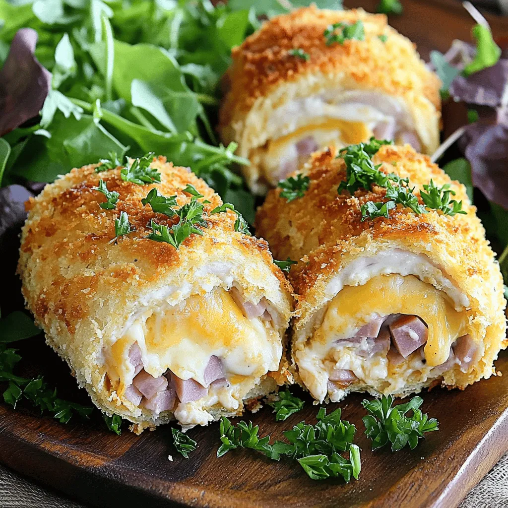 Für dieses Rezept brauchst du: - 2 große Hähnchenbrustfilets - 4 Scheiben Schinken (bevorzugt Schwarzwälder- oder Prosciutto) - 4 Scheiben Schweizer Käse - 1 Tasse Allzweckmehl - 2 Eier, verquirlt - 1 Tasse Paniermehl (Panko für extra Knusprigkeit) - 1 Teelöffel Knoblauchpulver - 1 Teelöffel Paprika - 1 Teelöffel getrockneter Thymian - Salz und Pfeffer nach Geschmack - 1/4 Tasse Frischkäse, weichgeschlagen - 1 Esslöffel Dijon-Senf - 2 Esslöffel frische Petersilie, gehackt (zum Garnieren) - Kochöl zum Braten Diese Zutaten bilden die Basis für ein leckeres Cordon Bleu. Die Hähnchenbrust liefert eiweißreiche Substanz. Schinken und Käse bringen den herzhaften Geschmack. Für den besten Geschmack nutze die richtigen Gewürze. Salz und Pfeffer sind ein Muss. Knoblauchpulver gibt dem Gericht Tiefe. Paprika sorgt für eine angenehme Wärme. Thymian bringt ein frisches, kräuteriges Aroma. Diese Gewürze heben den Geschmack des Hähnchens und der Füllung hervor. Frische Kräuter bringen Farbe und Geschmack. Petersilie ist eine tolle Wahl. Du kannst auch Thymian oder Schnittlauch verwenden. Diese Kräuter ergänzen den Geschmack des Gerichts. Als Beilagen empfehle ich gemischte grüne Salate oder geröstetes Gemüse. Diese bringen Frische und Farbe auf den Teller. Außerdem passen sie gut zu dem cremigen, knusprigen Hähnchen. Für das vollständige Rezept schaue dir die gesamte Anleitung an. Nehmen Sie die Hähnchenbrustfilets und legen Sie sie zwischen Frischhaltefolie. Klopfen Sie sie mit einem Fleischklopfer auf etwa 1,3 cm Dicke. Dies sorgt dafür, dass das Fleisch gleichmäßig gart. Würzen Sie die Hähnchenbrüste mit Salz, Pfeffer, Knoblauchpulver, Paprika und Thymian. So erhalten sie einen tollen Geschmack. Mischen Sie in einer kleinen Schüssel den weichen Frischkäse mit Dijon-Senf. Verteilen Sie diese Mischung gleichmäßig auf den Hähnchenbrüsten. Legen Sie zwei Scheiben Schinken und zwei Scheiben Schweizer Käse auf jede Brust. Rollen Sie die Hähnchenbrust von der schmaleren Seite her auf. Verwenden Sie Zahnstocher, um die Rolle zu fixieren, falls nötig. Bereiten Sie eine Panierstation vor. Stellen Sie drei Schalen bereit: eine mit Mehl, eine mit verquirlten Eiern und eine mit Paniermehl. Tauchen Sie die Hähnchenrollen zuerst in das Mehl, dann in die Eier und schließlich in das Paniermehl. Erhitzen Sie etwas Öl in einer Pfanne. Braten Sie die Hähnchenrollen von jeder Seite 3-4 Minuten goldbraun. Danach legen Sie die Rollen in eine Auflaufform und backen sie im Ofen für 15-20 Minuten. So wird das Hähnchen zart und der Käse schmilzt perfekt. Für das vollständige Rezept, schauen Sie bitte in die [Full Recipe]. Um die perfekte knusprige Panade zu erreichen, ist die Wahl der Panade wichtig. Ich empfehle Panko-Paniermehl. Es macht die Hähnchenrollen extra knusprig. Tauchen Sie die Hähnchenrollen zuerst in das Mehl, dann in das Ei und schließlich in das Paniermehl. Stellen Sie sicher, dass jede Rolle gut bedeckt ist. Lassen Sie die Rollen nach dem Panieren kurz ruhen. Das hilft, die Panade besser haften zu lassen. Für die cremige Füllung mischen Sie weichen Frischkäse mit Dijon-Senf. Diese Kombination gibt der Füllung einen tollen Geschmack. Achten Sie darauf, die Mischung gleichmäßig auf das Hähnchen zu verteilen. Verwenden Sie frische Kräuter, um den Geschmack zu intensivieren. Petersilie oder Schnittlauch passen gut dazu. So wird die Füllung noch aromatischer und frischer. Achten Sie darauf, das Öl vor dem Braten gut zu erhitzen. Wenn das Öl nicht heiß genug ist, saugt das Hähnchen das Öl auf. Das Ergebnis ist fettiges Hähnchen. Braten Sie die Rollen nicht zu lange, um ein Austrocknen zu vermeiden. Nach dem Braten kommen die Hähnchenrollen in den Ofen. So garen sie gleichmäßig. Die Innentemperatur sollte 74 °C erreichen. Das garantiert saftiges und sicheres Essen. {{image_4}} Um mehr Geschmack zu bekommen, können Sie Gemüse hinzufügen. Nutzen Sie Spinat, Brokkoli oder Paprika. Diese geben eine schöne Farbe und mehr Nährstoffe. Sie können das Gemüse einfach dünsten und auf die Hähnchenbrust legen, bevor Sie sie rollen. So wird Ihr Gericht noch gesünder und bunter. Wenn Sie kein Fan von Schinken sind, probieren Sie Putenbrust oder geräucherten Lachs. Diese Optionen bringen frische Aromen und eine neue Textur. Auch beim Käse können Sie variieren. Versuchen Sie Feta, Gouda oder sogar Jalapeño-Käse für einen würzigen Kick. Diese Alternativen machen das Gericht spannend und lecker. Für glutenfreie Panade nutzen Sie einfach Reismehl oder Mandelmehl. Diese Mehle sind leicht und geben trotzdem eine knusprige Textur. Für die Panierung verwenden Sie glutenfreies Paniermehl. Sie können auch gemahlene Mandeln oder Haferflocken verwenden. So bleibt Ihr Cordon Bleu knusprig und schmackhaft, ganz ohne Gluten. Um Ihr Crispy Creamy Chicken Cordon Bleu frisch zu halten, legen Sie es in einen luftdichten Behälter. Achten Sie darauf, dass die Hähnchenrollen vollständig abgekühlt sind. Sie können das Gericht bis zu drei Tage im Kühlschrank lagern. Vergessen Sie nicht, es vor dem Servieren zu überprüfen. Wenn es komisch riecht oder die Farbe sich verändert hat, werfen Sie es weg. Wenn Sie das Cordon Bleu länger aufbewahren möchten, frieren Sie es ein. Wickeln Sie jede Rolle in Frischhaltefolie und legen Sie sie in einen Gefrierbeutel. So bleibt es bis zu drei Monate frisch. Zum Auftauen legen Sie es einfach über Nacht in den Kühlschrank. Um es wieder aufzuwärmen, legen Sie die gefrorenen Rollen in den Ofen bei 180 °C für etwa 20-25 Minuten. So bleibt die Panade knusprig. Damit das Cordon Bleu nicht weich wird, vermeiden Sie, es in Folie einzuwickeln, während es noch warm ist. Lassen Sie es zuerst abkühlen. Verwenden Sie beim Aufbewahren immer einen luftdichten Behälter. Wenn Sie die Hähnchenrollen aufwärmen, nutzen Sie den Ofen statt der Mikrowelle. So bleibt die Panade schön knusprig. Die Zubereitung von Crispy Creamy Chicken Cordon Bleu dauert etwa 50 Minuten. Sie benötigen 20 Minuten, um die Zutaten vorzubereiten. Kochen und backen nehmen dann weitere 30 Minuten in Anspruch. So können Sie schnell ein köstliches Gericht zaubern. Ja, Sie können das Rezept im Voraus vorbereiten. Bereiten Sie die Hähnchenrollen bis zum Panieren vor und lagern Sie sie im Kühlschrank. So sparen Sie Zeit, wenn Sie das Gericht servieren möchten. Braten und backen Sie die Rollen einfach, wenn Sie bereit sind. Zu Crispy Creamy Chicken Cordon Bleu passen viele Beilagen. Hier sind einige Ideen: - Gemischter Salat: Frische Blätter und Gemüse bringen Farbe. - Geröstetes Gemüse: Karotten, Zucchini und Paprika sind lecker. - Kartoffelbrei: Cremig und sättigend, ergänzt es das Gericht perfekt. - Reis: Ein einfaches, neutrales Gericht, das gut harmoniert. Diese Beilagen machen Ihr Essen noch besser. Probieren Sie sie aus! Crispy Creamy Chicken Cordon Bleu ist einfach zuzubereiten und lecker. Wir haben die Hauptzutaten und Gewürze erkundet, die diesen Genuss ausmachen. Die Schritt-für-Schritt-Anleitung hilft dir beim Zubereiten. Mit unseren Tipps und Tricks kannst du perfekte Ergebnisse erzielen. Variationen bringen Abwechslung in dein Gericht. Denk daran, die Reste richtig zu lagern, um die Frische zu bewahren. Nimm dir die Zeit, dieses Gericht auszuprobieren. Du wirst es lieben!