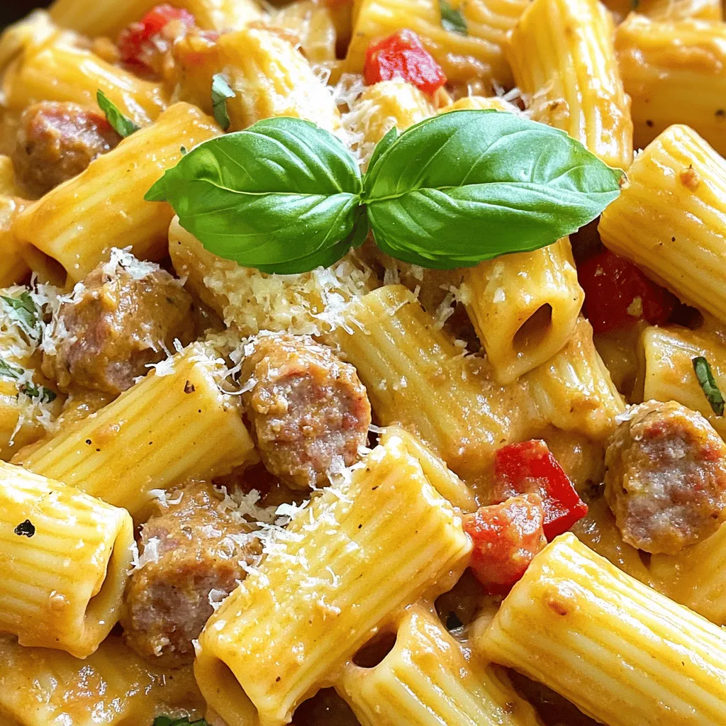 Hier sind die Zutaten, die du für die cremigen Wurst-Rigatoni benötigst: - 340 g Rigatoni-Pasta - 450 g italienische Wurst (ohne Haut oder in Stücke geschnitten) - 1 mittelgroße Zwiebel, gewürfelt - 3 Knoblauchzehen, fein gehackt - 1 rote Paprika, gewürfelt - 240 ml Sahne - 240 ml Hühnerbrühe - 100 g geriebener Parmesan - 2 Esslöffel Olivenöl - 1 Teelöffel getrockneter Oregano - ½ Teelöffel rote Pfefferflocken (nach Geschmack anpassen) - Salz und Pfeffer nach Geschmack - Frische Basilikumblätter zur Garnitur Frische Zutaten bringen mehr Geschmack. Sie sind oft knackiger und nährstoffreicher. Wenn du frische Wurst kaufst, achte auf die Farbe. Sie sollte lebendig und hell sein. Frisches Gemüse hat eine feste Textur und einen starken Duft. Gefrorene Zutaten können praktisch sein. Sie sind oft tiefgekühlt, wenn sie frisch sind. So bleiben ihre Nährstoffe erhalten. Achte darauf, gefrorene Wurst und Gemüse in der richtigen Qualität zu wählen. Lass sie im Kühlschrank auftauen, bevor du sie verwendest. Du kannst das Gericht leicht anpassen. Für eine vegane Version nimm pflanzliche Wurst. Diese gibt es in vielen Geschmacksrichtungen. Verwende auch pflanzliche Sahne und Brühe. Für eine glutenfreie Variante wähle glutenfreie Rigatoni. Sie sind in vielen Supermärkten erhältlich. Achte ebenfalls darauf, dass die Wurst glutenfrei ist. So kannst du das Rezept genießen, ohne auf den Geschmack zu verzichten. Um die perfekte Rigatoni zu kochen, beginne mit einem großen Topf. Fülle ihn mit Wasser und bringe es zum Kochen. Achte darauf, genug Salz hinzuzufügen. Das Wasser sollte wie das Meer schmecken. Gib die Rigatoni in das kochende Wasser. Koche sie nach den Anweisungen auf der Packung. Normalerweise dauert es etwa 10 bis 12 Minuten. Rühre gelegentlich, damit sie nicht kleben. Wenn die Pasta al dente ist, gieße sie ab, aber behalte etwas Nudelwasser. Das Wasser ist wichtig für die Sauce. Für die Wurst verwende italienische Wurst ohne Haut. Erhitze in einer großen Pfanne Olivenöl bei mittlerer Hitze. Füge die Wurst hinzu und zerkleinere sie mit einem Spatel. Brate sie 5 bis 7 Minuten, bis sie goldbraun ist. So erhältst du eine schöne Textur. Achte darauf, sie gleichmäßig zu braten. Wenn die Wurst gut gebräunt ist, ist das der richtige Moment für das Gemüse. Für die Sauce beginne, indem du die Hühnerbrühe in die Pfanne mit der Wurst gießt. Lass sie zum Simmern kommen. Jetzt füge die Sahne hinzu und rühre gut um. Der Parmesan ist der Schlüssel zur Cremigkeit. Gib ihn ebenfalls in die Pfanne. Rühre alles gut durch, bis die Sauce dick ist. Oregano und rote Pfefferflocken geben der Sauce Geschmack. Schmecke die Sauce mit Salz und Pfeffer ab. Jetzt kannst du die gekochten Rigatoni in die Sauce geben. Mische alles gut und verwende das Nudelwasser, um die Konsistenz zu verbessern. Für das vollständige Rezept, schau dir das Rezept für Cremige Wurst-Rigatoni an. Um die Sauce für deine cremigen Wurst-Rigatoni perfekt zu machen, achte auf die Sahne. Sie gibt eine tolle, cremige Textur. Wenn die Sauce zu dick ist, füge etwas vom Nudelwasser hinzu. Es hilft, die richtige Konsistenz zu finden. Rühre die Sauce gut um, damit sich alles schön verbindet. Ein häufiger Fehler ist, die Wurst zu lange zu braten. Sie wird dann trocken. Achte darauf, sie nur goldbraun zu braten. Ein weiterer Fehler ist, die Sauce nicht genug zu würzen. Probiere sie während der Zubereitung. So kannst du den Geschmack anpassen. Mische auch die Zutaten gut, damit die Aromen gleichmäßig verteilt sind. Zu cremigen Wurst-Rigatoni passen viele Beilagen. Ein einfacher grüner Salat bringt Frische. Auch knuspriges Brot ist ideal, um die Sauce aufzutunken. Du kannst auch gedünstetes Gemüse dazu servieren. Es ergänzt die Aromen und gibt einen schönen Farbtupfer. Probier es aus und finde deine Lieblingskombination! {{image_4}} Die Wahl der Wurst ist wichtig. Du kannst verschiedene Sorten verwenden. Scharfe Wurst bringt mehr Kick. Milder Geschmack kommt von süßer Wurst. Probiere auch Geflügel- oder vegetarische Varianten. Jede Wurst bringt ihren eigenen Geschmack. Mixe und kombiniere sie für neue Ideen. So wird dein Gericht einzigartig. Gemüse macht die Wurst-Rigatoni bunt und gesund. Du kannst frisches Gemüse hinzufügen. In der Sommerzeit sind Zucchini und Auberginen toll. Im Winter passen Grünkohl oder Spinat gut dazu. Auch gefrorenes Gemüse ist eine gute Wahl. Achte darauf, die Menge anzupassen. Das Gemüse sollte nicht die Wurst überdecken. Es ergänzt die Aromen perfekt. Gewürze und Kräuter bringen Leben in deine Rigatoni. Oregano ist ein Klassiker, aber du kannst auch Basilikum oder Thymian probieren. Füge ein wenig Zitronenschale für Frische hinzu. Experimentiere mit roten Pfefferflocken für Schärfe. Sei mutig und teste neue Kombinationen. So findest du deinen persönlichen Lieblingsgeschmack. Schau dir auch die [Full Recipe] für mehr Tipps an. Um die Reste deiner cremigen Wurst-Rigatoni gut zu lagern, benutze einen luftdichten Behälter. Lass das Gericht zuerst auf Raumtemperatur abkühlen. Danach deckst du es ab und stellst es in den Kühlschrank. So bleiben die Aromen frisch. Du kannst die Reste bis zu drei Tage aufbewahren. Achte darauf, dass die Reste nicht länger als nötig draußen bleiben. Wenn du die Wurst-Rigatoni aufwärmen möchtest, mache das am besten in einer Pfanne. Füge einen Spritzer Hühnerbrühe oder Sahne hinzu. Das hilft, die Cremigkeit zurückzubringen. Erhitze die Mischung bei mittlerer Hitze. Rühre oft um, damit nichts anbrennt. So bleibt das Gericht lecker und cremig. Die Wurst-Rigatoni bleiben im Kühlschrank etwa drei Tage frisch. Achte darauf, dass der Behälter gut verschlossen ist. Du kannst die Rigatoni auch einfrieren. In einem gefrierfesten Behälter halten sie bis zu drei Monate. Zum Auftauen stelle sie einfach über Nacht in den Kühlschrank. So bleiben Geschmack und Textur gut. Ja, du kannst die Rigatoni im Voraus kochen. Koche sie al dente und gieße sie ab. Achte darauf, etwas Nudelwasser zu behalten. Dies hilft, die Sauce später zu lockern. Lagere die gekochten Rigatoni in einem luftdichten Behälter im Kühlschrank. So bleiben sie frisch für zwei bis drei Tage. Wenn du keine Wurst verwenden möchtest, probiere Hähnchen oder Gemüse. Hähnchenbrust ist eine gute Wahl. Du kannst es in kleine Stücke schneiden und anbraten. Für eine vegetarische Option sind geröstete Champignons oder Linsen ideal. Diese geben dem Gericht auch einen tollen Geschmack. Um das Gericht kinderfreundlicher zu machen, reduziere die Gewürze. Lass die roten Pfefferflocken weg, um es milder zu halten. Füge auch mehr Gemüse hinzu, wie Erbsen oder Karotten. Kinder lieben oft bunte Gerichte! Du kannst auch mehr Käse verwenden, um es cremiger und schmackhafter zu machen. Die Rezeptur für cremige Wurst-Rigatoni ist einfach und köstlich. Wir besprachen die besten Zutaten, wie frische Waren und vegane Optionen. Ich teilte Tipps zur Zubereitung und Fehler, die du vermeiden solltest. Du kannst die Sauce aufpeppen, indem du mit Gewürzen spielst. Denke daran, die Reste richtig zu lagern, damit sie länger frisch bleiben. Jetzt hast du alle Infos, um ein tolles Gericht zu genießen. Probier es aus und finde deinen eigenen Stil!