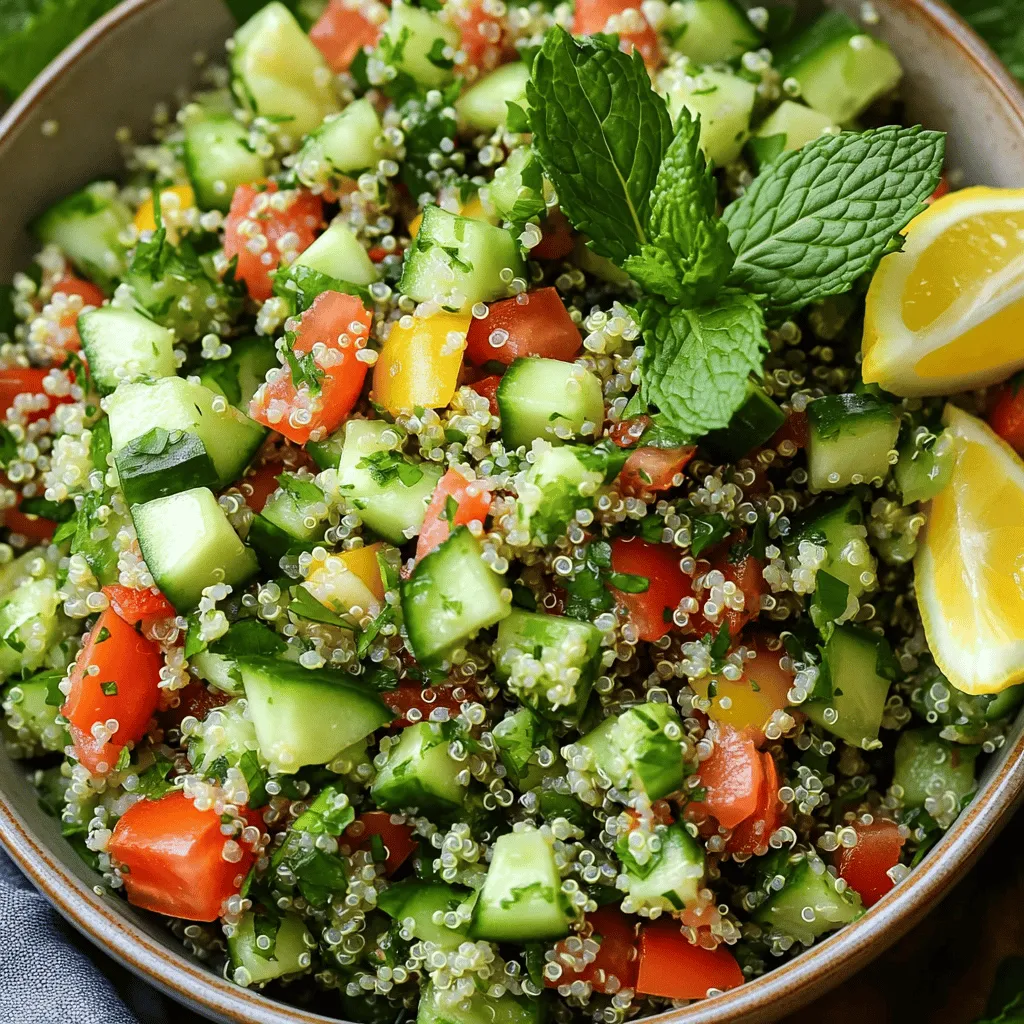 Für eine gesunde Quinoa Tabbouleh brauchst du einige frische Zutaten. Diese Zutaten bringen Geschmack und Nährstoffe in dein Gericht. Hier sind die Hauptzutaten: - 1 Tasse Quinoa, gründlich abgespült - 2 Tassen Wasser - 1 Tasse frische Petersilie, fein gehackt - 1/2 Tasse frische Minzblätter, fein gehackt - 1 mittelgroße Gurke, gewürfelt - 2 mittelgroße Tomaten, gewürfelt - 1/4 rote Zwiebel, fein gehackt Diese Zutaten bilden die Basis für deinen Salat. Quinoa ist eine tolle Quelle für Protein und Ballaststoffe. Petersilie und Minze geben dem Gericht einen frischen Geschmack. Du kannst auch anderes Gemüse oder Kräuter hinzufügen. Hier sind einige Optionen, die gut passen: - Paprika, gewürfelt - Karotten, gerieben - Frischer Dill, fein gehackt - Avocado, gewürfelt Diese Zutaten machen dein Tabouleh bunter und noch gesünder. Sie fügen verschiedene Texturen und Geschmäcker hinzu. Das Dressing ist der Schlüssel zu einem tollen Geschmack. Für dein Quinoa Tabbouleh brauchst du: - 1/4 Tasse Olivenöl - 3 Esslöffel Zitronensaft - Salz und Pfeffer nach Geschmack Das Olivenöl gibt einen reichen Geschmack. Zitronensaft macht das Gericht frisch und lebendig. Du kannst die Gewürze nach deinem Geschmack anpassen. Wenn du mehr über die Zubereitung erfahren möchtest, schau dir das [Full Recipe](#) an. Zuerst bringst du in einem mittelgroßen Topf 2 Tassen Wasser zum Kochen. Wenn das Wasser kocht, fügst du 1 Tasse gründlich abgespülte Quinoa hinzu. Reduziere die Hitze auf niedrig und decke den Topf ab. Lasse die Quinoa etwa 15 Minuten köcheln. Du weißt, dass sie fertig ist, wenn das Wasser vollständig aufgesogen ist. Nimm den Topf vom Herd und lasse die Quinoa abkühlen. Jetzt ist es an der Zeit, die frischen Zutaten vorzubereiten. Nimm 1 Tasse frische Petersilie und hacke sie fein. Mach dasselbe mit 1/2 Tasse frischen Minzblättern. Schneide 1 mittelgroße Gurke in kleine Würfel und mache das Gleiche mit 2 mittelgroßen Tomaten. Schließlich hacke 1/4 rote Zwiebel fein. All diese Zutaten geben deinem Tabouleh viel Geschmack und Farbe. In einer kleinen Schüssel vermischst du 1/4 Tasse Olivenöl mit 3 Esslöffeln Zitronensaft. Füge Salz und Pfeffer nach Geschmack hinzu. Verquirle alles gut, bis eine homogene Vinaigrette entsteht. Gieße das Dressing über die abgekühlte Quinoa und füge die vorbereiteten Kräuter und das Gemüse hinzu. Vermenge alles vorsichtig, bis alle Zutaten gut bedeckt sind. Lass das Ganze mindestens 30 Minuten im Kühlschrank ruhen. So können die Aromen gut durchziehen. Für das vollständige Rezept, schau dir die [Full Recipe] an. Um die beste Quinoa zu bekommen, spüle sie gut ab. Das entfernt Bitterstoffe. Verwende das richtige Wasser-Verhältnis. Für eine Tasse Quinoa nimm zwei Tassen Wasser. Koche das Wasser zuerst, füge dann die Quinoa hinzu. Reduziere die Hitze und lass sie 15 Minuten köcheln. Nach dem Kochen lass die Quinoa abkühlen. Fluffe sie mit einer Gabel auf, um die Körner zu trennen. Das sorgt für eine luftige Textur. Beim Schneiden von Gemüse und Kräutern ist eine scharfe Klinge wichtig. Sie macht das Schneiden einfacher und sicherer. Beginne mit der Gurke. Schneide sie zuerst in zwei Hälften, dann in kleine Würfel. Für die Tomaten, schneide sie zuerst in Scheiben, dann in Würfel. Hacke die Zwiebel fein, um einen guten Geschmack zu bekommen. Für die Kräuter, rolle die Blätter zusammen, dann schneide sie in feine Streifen. Das nennt man "chiffonade" und sieht toll aus. Serviere die Quinoa Tabbouleh in einer großen Schüssel. Garniere sie mit frischen Minzblättern und Zitronenscheiben. Das macht das Gericht ansprechend und frisch. Du kannst auch kleine Portionen auf Platten anrichten. Das sieht schön aus und ist perfekt für Partys. Für einen zusätzlichen Kick, füge geröstete Nüsse oder Samen hinzu. Sie bringen einen tollen Crunch in das Gericht. Probiere es aus und finde deinen eigenen Stil. {{image_4}} Die gesunde Quinoa Tabbouleh ist von Natur aus vegan. Du kannst sie ganz einfach anpassen. Zum Beispiel kannst du den Olivenöl-Anteil erhöhen. Das gibt dem Gericht mehr Geschmack und gesunde Fette. Du kannst auch mehr Kräuter wie Koriander hinzufügen. Das bringt einen frischen, neuen Geschmack. Quinoa ist von Natur aus glutenfrei. Falls du eine glutenfreie Diät befolgst, ist dieses Rezept ideal für dich. Wenn du etwas Abwechslung suchst, kannst du auch Buchweizen verwenden. Achte darauf, dass alle anderen Zutaten ebenfalls glutenfrei sind. So bleibt dein Gericht sicher und lecker. Um deine Quinoa Tabbouleh interessanter zu gestalten, füge andere Zutaten hinzu. Rote Paprika bringt Farbe und Süße. Avocado gibt eine cremige Textur. Du kannst auch Feta-Käse für einen salzigen Kick dazugeben. Er ist zwar nicht vegan, aber er ist lecker. Probiere verschiedene Kombinationen aus, um deinen eigenen Stil zu finden. So wird jede Portion einzigartig und spannend! Für das vollständige Rezept schaue dir die [Full Recipe] an. Tabbouleh hält sich gut im Kühlschrank. Du kannst es bis zu fünf Tage aufbewahren. Achte darauf, dass du es in einem luftdichten Behälter lagerst. So bleibt die Frische länger erhalten. Die besten Lagerbedingungen sind kühl und dunkel. Stelle sicher, dass der Behälter gut verschlossen ist. Licht und Luft können den Geschmack und die Textur der Tabbouleh beeinträchtigen. Wenn du die Tabbouleh von Hand zubereitest, lass sie vor dem Lagern vollständig abkühlen. Du kannst Tabbouleh auch einfrieren, wenn du mehr gemacht hast. Fülle die Tabbouleh in einen gefriergeeigneten Behälter. Achte darauf, etwas Platz für die Ausdehnung zu lassen. Zum Auftauen stelle den Behälter einfach in den Kühlschrank. Lasse es dort über Nacht auftauen. Rühre die Tabbouleh vor dem Servieren gut durch. Die Frische der Zutaten wird etwas nachlassen, aber der Geschmack bleibt erhalten. Quinoa ist ein echtes Superfood. Es hat viel Protein und Ballaststoffe. Diese Nährstoffe helfen dir, satt zu bleiben. Quinoa enthält auch wichtige Vitamine und Mineralstoffe. Dazu gehören Magnesium, Eisen und B-Vitamine. Diese stärken dein Immunsystem und geben dir Energie. Zudem ist Quinoa glutenfrei. Das macht es perfekt für alle, die Gluten meiden müssen. Ja, du kannst andere Körner nutzen, wenn du möchtest. Bulgur ist eine gute Wahl, da es ähnlich ist. Auch Couscous funktioniert gut, hat aber einen anderen Geschmack. Wenn du mehr Abwechslung suchst, probiere Perlgraupen oder Hirse. Denke daran, die Kochzeiten können variieren. Achte einfach darauf, dass die Körner gut gar sind, bevor du sie mischst. Um die Tabbouleh herzhaft zu machen, füge mehr Gemüse hinzu. Paprika, Karotten oder sogar Kichererbsen passen gut. Du kannst auch Feta oder Hähnchenstücke für mehr Geschmack hinzufügen. Würze das Gericht mit Knoblauch oder Chili für einen kräftigen Kick. Diese Anpassungen machen das Gericht sättigender und voller Geschmack. Für das vollständige Rezept schau dir die gesunde Quinoa Tabbouleh an. Quinoa Tabbouleh ist gesund und lecker. Wir haben die Hauptzutaten und Tipps besprochen. Du kannst mit Gewürzen und Dressing kannst du viel Geschmack hinzufügen. Wir schauten uns auch verschiedene Varianten an, um dein Gericht spannend zu machen. Denke an die Aufbewahrung, um die Frische zu bewahren. Insgesamt ist Quinoa Tabbouleh einfach zuzubereiten und sehr nährstoffreich. Probiere es aus und genieße die Geschmacksmöglichkeiten!