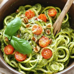 Für die Zucchini-Nudeln brauchen wir: - 4 mittelgroße Zucchini Diese Zucchini bilden die Basis unseres Gerichts. Sie sind frisch und knackig, ideal für einen gesunden Genuss. Für das Pesto benötigen wir: - 1 Tasse frische Basilikumblätter - 1/4 Tasse Walnüsse (oder Pinienkerne) - 1/4 Tasse geriebener Parmesan (oder Hefeflocken für eine vegane Variante) - 2 Knoblauchzehen, fein gehackt - 1/3 Tasse natives Olivenöl extra - Salz und Pfeffer nach Geschmack Diese Zutaten helfen, ein reichhaltiges und geschmackvolles Pesto zu erstellen. Das Basilikum bringt Frische, während die Nüsse ein nussiges Aroma geben. Um das Gericht zu garnieren, verwenden wir: - Kirschtomaten, halbiert (zur Dekoration) - Optional: Rote Pfefferflocken für zusätzliche Schärfe Die Kirschtomaten bringen Farbe und einen süßen Geschmack. Rote Pfefferflocken geben dem Gericht einen kleinen Kick, wenn man es mag. Für das vollständige Rezept schauen Sie bitte bei [Full Recipe]. Um Zucchini-Nudeln zu machen, benutze ich einen Spiralschneider. Er verwandelt die Zucchini in lange, dünne Nudeln. Wenn du keinen Spiralschneider hast, kannst du auch einen Gemüseschäler verwenden. Damit schneidest du dünne Streifen. Lege die Zucchini-Nudeln in ein Sieb. Lass sie etwa 10 Minuten abtropfen. So entfernst du überschüssige Feuchtigkeit, was die Nudeln besser macht. Für das Pesto nehme ich frische Basilikumblätter, Walnüsse, Parmesan und gehackten Knoblauch. Diese Zutaten gebe ich in eine Küchenmaschine. Ich püriere alles, bis es fein ist. Während die Maschine läuft, füge ich langsam Olivenöl hinzu. Dadurch wird das Pesto schön glatt. Ich schmecke es mit Salz und Pfeffer ab. Wenn die Konsistenz zu dick ist, kann ich mehr Olivenöl oder Wasser hinzufügen. Ich erhitze eine beschichtete Pfanne auf mittlerer Hitze. Dann gebe ich die abgetropften Zucchini-Nudeln hinein. Ich sautierte sie etwa 2-3 Minuten. Die Nudeln sollen zart, aber noch bissfest sein. Nach dem Sautieren nehme ich die Pfanne vom Herd. Jetzt rühre ich das Pesto unter die Nudeln. Ich achte darauf, dass alles gut vermischt ist. Zum Schluss serviere ich die Nudeln mit halbierten Kirschtomaten und optional roten Pfefferflocken. Diese geben einen schönen Kick. Wähle frische Zucchini, die fest und glänzend sind. Kleine bis mittelgroße Zucchini haben den besten Geschmack. Achte darauf, dass sie keine weichen Stellen haben. Diese Zucchini lassen sich leicht in Nudeln schneiden. Du kannst einen Spiralschneider oder einen Gemüseschäler verwenden. Der Spiralschneider gibt dir schöne, gleichmäßige Nudeln. Pesto ist sehr vielseitig. Du kannst die Nüsse wechseln. Anstelle von Walnüssen kannst du auch Pinienkerne oder Mandeln verwenden. Wenn du vegan bist, lasse den Käse einfach weg oder nutze Hefeflocken. Experimentiere mit Kräutern! Mische Basilikum mit Spinat oder Rucola für einen anderen Geschmack. Ein Spritzer Zitrone bringt mehr Frische. Die richtige Garzeit ist wichtig. Zucchini-Nudeln sollten nur kurz erhitzt werden. Sauté sie 2-3 Minuten in einer heißen Pfanne. So bleiben sie knackig und verlieren nicht ihre Form. Zu langes Kochen macht sie matschig. Wenn du sie vor dem Kochen abtropfen lässt, hilft das, Feuchtigkeit zu reduzieren. So hast du perfekte Zucchini-Nudeln für dein Pesto. Für das komplette Rezept, schau dir die [Full Recipe] an. {{image_4}} Für eine vegane Variante tauschen Sie den Parmesan gegen Hefeflocken aus. Diese Flocken geben einen tollen, käsigen Geschmack. Sie sind auch reich an B-Vitaminen und machen das Gericht nahrhaft. So bleibt das Rezept gesund und lecker. Zusätzlich können Sie mehr Nüsse oder Samen hinzufügen. Cashewkerne sind eine gute Wahl. Sie machen das Pesto cremig und sättigend. Zucchini-Nudeln sind von Natur aus glutenfrei. Das macht sie zu einer großartigen Wahl für alle, die Gluten meiden. Achten Sie nur darauf, dass Ihr Pesto auch glutenfrei ist. Die meisten klassischen Pesto-Rezepte erfüllen diese Anforderung. Wenn Sie Pesto aus dem Laden kaufen, überprüfen Sie das Etikett. So stellen Sie sicher, dass es keine versteckten Glutenquellen enthält. Sie können das Rezept leicht anpassen. Fügen Sie zum Beispiel gegrillte Hähnchenbrust für mehr Protein hinzu. Auch Garnelen passen gut zu Zucchini-Nudeln. Wenn Sie mehr Gemüse mögen, probieren Sie Paprika oder Spinat. Diese Zutaten bringen Farbe und Nährstoffe ins Gericht. Ein Spritzer Zitronensaft am Ende rundet den Geschmack ab. Das gibt dem Gericht Frische und einen tollen Kick. Wenn Sie nach dem [Full Recipe] suchen, finden Sie alle Schritte und Details dort. Zucchini-Nudeln sind frisch am besten. Lagern Sie sie in einem luftdichten Behälter im Kühlschrank. So bleiben sie für zwei bis drei Tage frisch. Wenn Sie Zucchini-Nudeln länger aufbewahren möchten, frieren Sie sie ein. Achten Sie darauf, die Nudeln zuerst zu blanchieren. Dies hilft, die Textur zu bewahren. Pesto bleibt im Kühlschrank für bis zu einer Woche frisch. Füllen Sie es in ein Glas und decken Sie die Oberfläche mit Olivenöl ab. Dies verhindert, dass das Pesto braun wird. Für eine längere Lagerung können Sie Pesto auch einfrieren. Verwenden Sie Eiswürfelschalen, um kleine Portionen herzustellen. So haben Sie immer frisches Pesto zur Hand. Übrig gebliebene Zucchini-Nudeln können Sie am nächsten Tag in einem Salat verwenden. Geben Sie etwas Öl und Zitronensaft hinzu. Pesto kann auch zu Sandwiches oder Wraps passen. Halten Sie die Zutaten gut verpackt, um die Haltbarkeit zu verlängern. Wenn Sie Reste haben, denken Sie daran, sie kreativ zu nutzen. So verschwenden Sie nichts und genießen jede Zutat. Ja, du kannst Zucchini-Nudeln im Voraus machen. Schneide die Zucchini einfach in Nudeln und lege sie in ein Sieb. Lass sie abtropfen, um Feuchtigkeit zu entfernen. Du kannst sie auch in einem luftdichten Behälter im Kühlschrank aufbewahren. Sie bleiben für ein bis zwei Tage frisch. Achte darauf, sie vor dem Servieren leicht zu sautieren, um sie warm zu machen. Zucchini-Nudeln sind sehr vielseitig. Du kannst sie mit Salz, Pfeffer oder Knoblauch würzen. Für mehr Geschmack füge italienische Kräuter wie Oregano oder Basilikum hinzu. Ein Spritzer Zitronensaft kann auch helfen, den Geschmack zu verstärken. Experimentiere mit verschiedenen Gewürzen, um deine perfekte Mischung zu finden. Zucchini-Nudeln mit Pesto sind gesund und nahrhaft. Sie sind kalorienarm und reich an Ballaststoffen. Eine Portion enthält etwa 150 Kalorien. Die Zucchini liefert Vitamine und Mineralstoffe. Das Pesto bringt gesunde Fette aus Olivenöl und Nüssen. Für genaue Werte schaue dir die [Full Recipe] an. Zucchini-Nudeln mit Pesto sind einfach und lecker. Wir haben die besten Zutaten und die Zubereitungsschritte besprochen. Tipps zur perfekten Zubereitung helfen Ihnen, toll zu kochen. Variationen bieten viele Optionen für jeden Geschmack. Achten Sie auf Lagerhinweise, damit alles frisch bleibt. Probieren Sie verschiedene Zutaten aus und passen Sie das Rezept an. So machen Sie Ihr Gericht immer spannend. Zucchini-Nudeln sind gesund und lecker. Genießen Sie diese einfache und nahrhafte Mahlzeit!