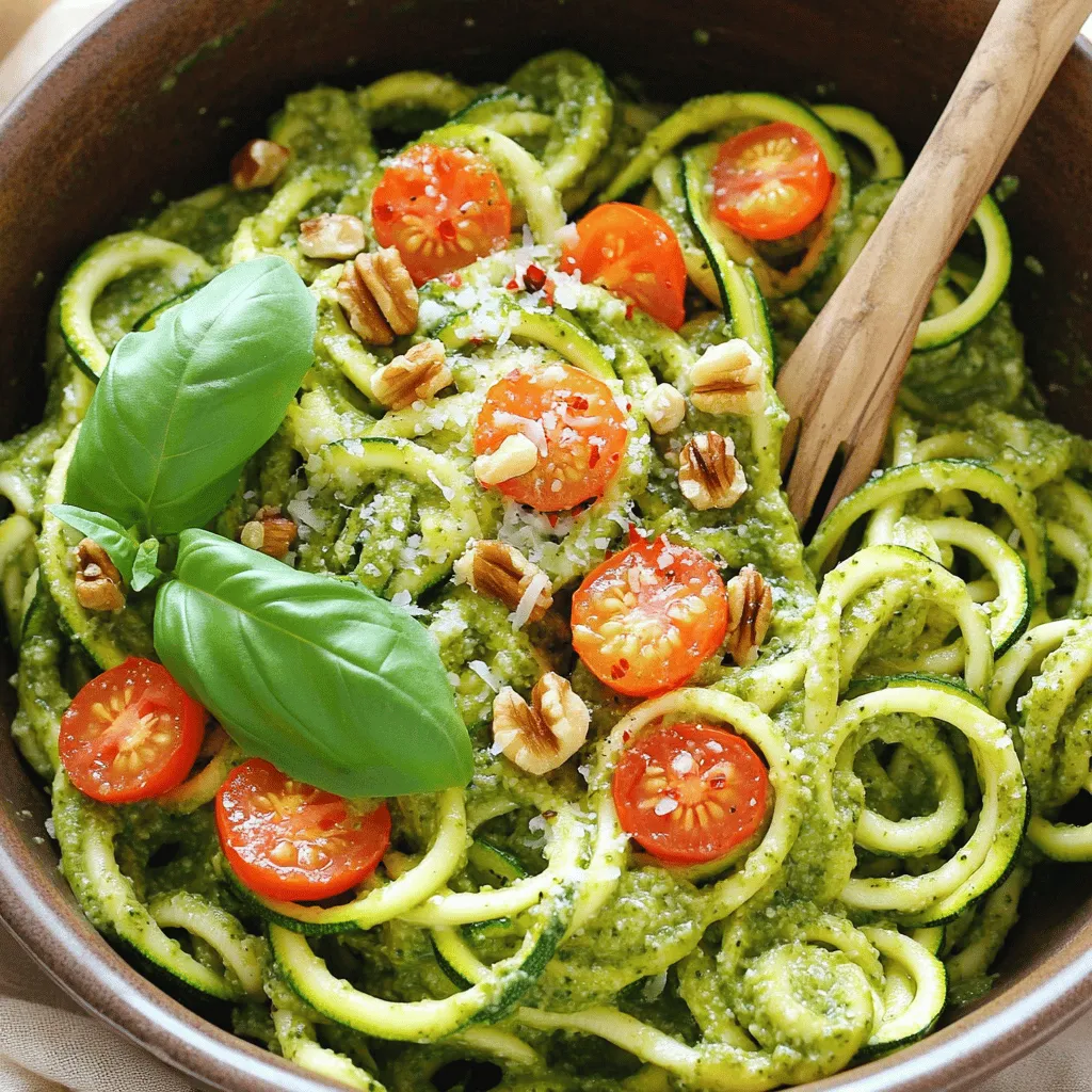 Für die Zucchini-Nudeln brauchen wir: - 4 mittelgroße Zucchini Diese Zucchini bilden die Basis unseres Gerichts. Sie sind frisch und knackig, ideal für einen gesunden Genuss. Für das Pesto benötigen wir: - 1 Tasse frische Basilikumblätter - 1/4 Tasse Walnüsse (oder Pinienkerne) - 1/4 Tasse geriebener Parmesan (oder Hefeflocken für eine vegane Variante) - 2 Knoblauchzehen, fein gehackt - 1/3 Tasse natives Olivenöl extra - Salz und Pfeffer nach Geschmack Diese Zutaten helfen, ein reichhaltiges und geschmackvolles Pesto zu erstellen. Das Basilikum bringt Frische, während die Nüsse ein nussiges Aroma geben. Um das Gericht zu garnieren, verwenden wir: - Kirschtomaten, halbiert (zur Dekoration) - Optional: Rote Pfefferflocken für zusätzliche Schärfe Die Kirschtomaten bringen Farbe und einen süßen Geschmack. Rote Pfefferflocken geben dem Gericht einen kleinen Kick, wenn man es mag. Für das vollständige Rezept schauen Sie bitte bei [Full Recipe]. Um Zucchini-Nudeln zu machen, benutze ich einen Spiralschneider. Er verwandelt die Zucchini in lange, dünne Nudeln. Wenn du keinen Spiralschneider hast, kannst du auch einen Gemüseschäler verwenden. Damit schneidest du dünne Streifen. Lege die Zucchini-Nudeln in ein Sieb. Lass sie etwa 10 Minuten abtropfen. So entfernst du überschüssige Feuchtigkeit, was die Nudeln besser macht. Für das Pesto nehme ich frische Basilikumblätter, Walnüsse, Parmesan und gehackten Knoblauch. Diese Zutaten gebe ich in eine Küchenmaschine. Ich püriere alles, bis es fein ist. Während die Maschine läuft, füge ich langsam Olivenöl hinzu. Dadurch wird das Pesto schön glatt. Ich schmecke es mit Salz und Pfeffer ab. Wenn die Konsistenz zu dick ist, kann ich mehr Olivenöl oder Wasser hinzufügen. Ich erhitze eine beschichtete Pfanne auf mittlerer Hitze. Dann gebe ich die abgetropften Zucchini-Nudeln hinein. Ich sautierte sie etwa 2-3 Minuten. Die Nudeln sollen zart, aber noch bissfest sein. Nach dem Sautieren nehme ich die Pfanne vom Herd. Jetzt rühre ich das Pesto unter die Nudeln. Ich achte darauf, dass alles gut vermischt ist. Zum Schluss serviere ich die Nudeln mit halbierten Kirschtomaten und optional roten Pfefferflocken. Diese geben einen schönen Kick. Wähle frische Zucchini, die fest und glänzend sind. Kleine bis mittelgroße Zucchini haben den besten Geschmack. Achte darauf, dass sie keine weichen Stellen haben. Diese Zucchini lassen sich leicht in Nudeln schneiden. Du kannst einen Spiralschneider oder einen Gemüseschäler verwenden. Der Spiralschneider gibt dir schöne, gleichmäßige Nudeln. Pesto ist sehr vielseitig. Du kannst die Nüsse wechseln. Anstelle von Walnüssen kannst du auch Pinienkerne oder Mandeln verwenden. Wenn du vegan bist, lasse den Käse einfach weg oder nutze Hefeflocken. Experimentiere mit Kräutern! Mische Basilikum mit Spinat oder Rucola für einen anderen Geschmack. Ein Spritzer Zitrone bringt mehr Frische. Die richtige Garzeit ist wichtig. Zucchini-Nudeln sollten nur kurz erhitzt werden. Sauté sie 2-3 Minuten in einer heißen Pfanne. So bleiben sie knackig und verlieren nicht ihre Form. Zu langes Kochen macht sie matschig. Wenn du sie vor dem Kochen abtropfen lässt, hilft das, Feuchtigkeit zu reduzieren. So hast du perfekte Zucchini-Nudeln für dein Pesto. Für das komplette Rezept, schau dir die [Full Recipe] an. {{image_4}} Für eine vegane Variante tauschen Sie den Parmesan gegen Hefeflocken aus. Diese Flocken geben einen tollen, käsigen Geschmack. Sie sind auch reich an B-Vitaminen und machen das Gericht nahrhaft. So bleibt das Rezept gesund und lecker. Zusätzlich können Sie mehr Nüsse oder Samen hinzufügen. Cashewkerne sind eine gute Wahl. Sie machen das Pesto cremig und sättigend. Zucchini-Nudeln sind von Natur aus glutenfrei. Das macht sie zu einer großartigen Wahl für alle, die Gluten meiden. Achten Sie nur darauf, dass Ihr Pesto auch glutenfrei ist. Die meisten klassischen Pesto-Rezepte erfüllen diese Anforderung. Wenn Sie Pesto aus dem Laden kaufen, überprüfen Sie das Etikett. So stellen Sie sicher, dass es keine versteckten Glutenquellen enthält. Sie können das Rezept leicht anpassen. Fügen Sie zum Beispiel gegrillte Hähnchenbrust für mehr Protein hinzu. Auch Garnelen passen gut zu Zucchini-Nudeln. Wenn Sie mehr Gemüse mögen, probieren Sie Paprika oder Spinat. Diese Zutaten bringen Farbe und Nährstoffe ins Gericht. Ein Spritzer Zitronensaft am Ende rundet den Geschmack ab. Das gibt dem Gericht Frische und einen tollen Kick. Wenn Sie nach dem [Full Recipe] suchen, finden Sie alle Schritte und Details dort. Zucchini-Nudeln sind frisch am besten. Lagern Sie sie in einem luftdichten Behälter im Kühlschrank. So bleiben sie für zwei bis drei Tage frisch. Wenn Sie Zucchini-Nudeln länger aufbewahren möchten, frieren Sie sie ein. Achten Sie darauf, die Nudeln zuerst zu blanchieren. Dies hilft, die Textur zu bewahren. Pesto bleibt im Kühlschrank für bis zu einer Woche frisch. Füllen Sie es in ein Glas und decken Sie die Oberfläche mit Olivenöl ab. Dies verhindert, dass das Pesto braun wird. Für eine längere Lagerung können Sie Pesto auch einfrieren. Verwenden Sie Eiswürfelschalen, um kleine Portionen herzustellen. So haben Sie immer frisches Pesto zur Hand. Übrig gebliebene Zucchini-Nudeln können Sie am nächsten Tag in einem Salat verwenden. Geben Sie etwas Öl und Zitronensaft hinzu. Pesto kann auch zu Sandwiches oder Wraps passen. Halten Sie die Zutaten gut verpackt, um die Haltbarkeit zu verlängern. Wenn Sie Reste haben, denken Sie daran, sie kreativ zu nutzen. So verschwenden Sie nichts und genießen jede Zutat. Ja, du kannst Zucchini-Nudeln im Voraus machen. Schneide die Zucchini einfach in Nudeln und lege sie in ein Sieb. Lass sie abtropfen, um Feuchtigkeit zu entfernen. Du kannst sie auch in einem luftdichten Behälter im Kühlschrank aufbewahren. Sie bleiben für ein bis zwei Tage frisch. Achte darauf, sie vor dem Servieren leicht zu sautieren, um sie warm zu machen. Zucchini-Nudeln sind sehr vielseitig. Du kannst sie mit Salz, Pfeffer oder Knoblauch würzen. Für mehr Geschmack füge italienische Kräuter wie Oregano oder Basilikum hinzu. Ein Spritzer Zitronensaft kann auch helfen, den Geschmack zu verstärken. Experimentiere mit verschiedenen Gewürzen, um deine perfekte Mischung zu finden. Zucchini-Nudeln mit Pesto sind gesund und nahrhaft. Sie sind kalorienarm und reich an Ballaststoffen. Eine Portion enthält etwa 150 Kalorien. Die Zucchini liefert Vitamine und Mineralstoffe. Das Pesto bringt gesunde Fette aus Olivenöl und Nüssen. Für genaue Werte schaue dir die [Full Recipe] an. Zucchini-Nudeln mit Pesto sind einfach und lecker. Wir haben die besten Zutaten und die Zubereitungsschritte besprochen. Tipps zur perfekten Zubereitung helfen Ihnen, toll zu kochen. Variationen bieten viele Optionen für jeden Geschmack. Achten Sie auf Lagerhinweise, damit alles frisch bleibt. Probieren Sie verschiedene Zutaten aus und passen Sie das Rezept an. So machen Sie Ihr Gericht immer spannend. Zucchini-Nudeln sind gesund und lecker. Genießen Sie diese einfache und nahrhafte Mahlzeit!