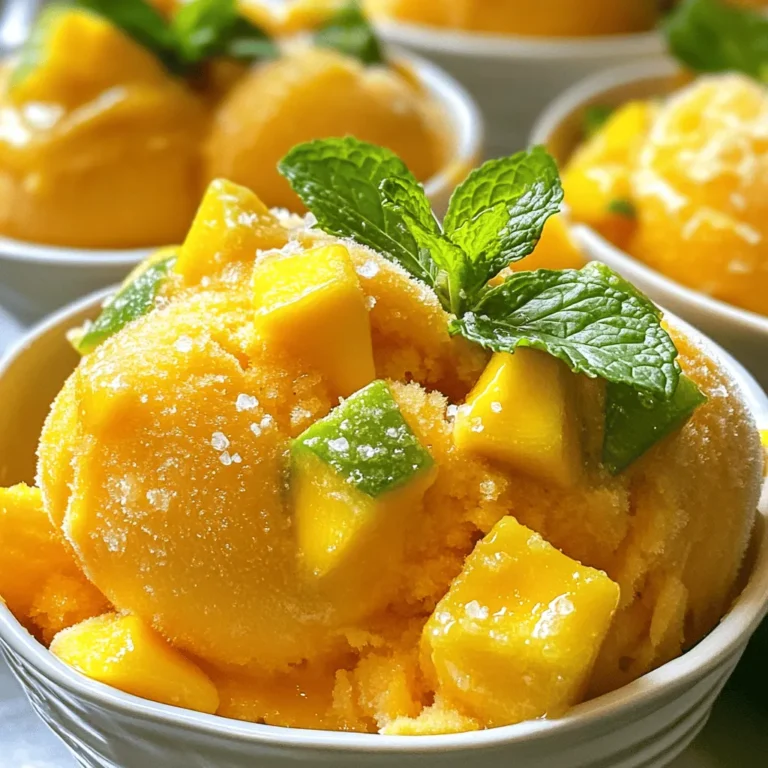 - 3 reife Mangos, geschält und gewürfelt - 120 ml Kokoswasser - 60 ml Honig oder Agavensirup - 1 Esslöffel Limettensaft - Eine Prise Meersalz Um das beste Mangosorbet zu machen, sind die Zutaten wichtig. Reife Mangos geben den besten Geschmack. Wählen Sie Mangos, die weich sind und süß riechen. Kokoswasser sorgt für eine cremige Textur. Honig oder Agavensirup fügt die nötige Süße hinzu. Limettensaft bringt eine frische Note und hebt den Geschmack. Ein kleines bisschen Meersalz macht alles noch besser. Es balanciert die Süße und verstärkt das Aroma. - Frische Minzblätter Die Garnitur ist nicht nur schön, sondern auch lecker. Frische Minzblätter bringen Farbe und Frische auf den Teller. Sie sind eine tolle Ergänzung zu Ihrem Sorbet. Wenn Sie es servieren, legen Sie ein paar dieser Blätter oben drauf. Das macht Ihr Mangosorbet noch ansprechender. Verwenden Sie die Minze, um Ihren Gästen zu zeigen, dass Sie sich Mühe gegeben haben. Sie werden begeistert sein! Zuerst schäle ich die Mangos. Ich nehme ein scharfes Messer und schneide die Haut ab. Danach schneide ich das Fruchtfleisch in kleine Würfel. Reife Mangos sind wichtig. Sie sorgen für den besten Geschmack. Wenn die Mangos süß und saftig sind, wird das Sorbet perfekt. Jetzt gebe ich die gewürfelten Mangos in einen Mixer. Ich füge das Kokoswasser, den Honig oder Agavensirup und den Limettensaft hinzu. Eine Prise Meersalz kommt auch hinein. Das Salz hebt den Geschmack hervor. Dann mixe ich alles, bis die Mischung schön glatt ist. Ich stoppe den Mixer manchmal, um die Seiten zu kratzen. So vermischt sich alles gut. Jetzt probiere ich die Mischung. Je nach Geschmack kann ich mehr Honig hinzufügen. Ich gießen die pürierte Mischung in eine flache Schüssel. Eine Kastenform ist auch gut. Diese Formen helfen, das Sorbet gleichmäßig einzufrieren. Ich decke die Schüssel mit Frischhaltefolie ab und stelle sie in den Gefrierschrank. Dort lasse ich das Sorbet für 4 bis 6 Stunden gefrieren. Wenn es fest ist, nehme ich es heraus. Ich lasse es einige Minuten stehen, damit es weich wird. Dann lockere ich die Oberfläche mit einer Gabel. So wird das Sorbet fluffig. Jetzt kann ich das Sorbet servieren und genießen! Um die besten Mangos für Ihr Sorbet zu wählen, achten Sie auf die Farbe. Reife Mangos haben oft eine schöne, leuchtende Farbe. Drücken Sie leicht auf die Frucht. Sie sollte ein wenig nachgeben, aber nicht zu weich sein. Ein süßer Duft ist ebenfalls ein gutes Zeichen. Wenn die Mango süß riecht, ist sie bereit für Ihr Rezept. Eiskristalle können das Sorbet ruinieren. Um dies zu vermeiden, gießen Sie die Mischung in eine flache Schüssel. Eine breite Fläche hilft beim schnellen Einfrieren. Decken Sie die Schüssel gut ab, um Luft zu vermeiden. Rühren Sie alle 30 Minuten um, während das Sorbet gefriert. So bleibt die Textur schön cremig und luftig. Das Sorbet sieht toll aus, wenn Sie es kreativ anrichten. Nutzen Sie gekühlte Schalen oder Tassen für das Servieren. Garnieren Sie mit frischen Minzblättern für einen Farbkontrast. Ein Spritzer Limettensaft obenauf gibt zusätzlichen Geschmack und Frische. Verwenden Sie auch essbare Blumen zur Dekoration, wenn Sie es besonders machen wollen. {{image_4}} Um ein veganes Mango Sorbet zu machen, ersetzen Sie den Honig oder Agavensirup durch andere Süßstoffe. Kokosblütenzucker oder Ahornsirup sind tolle Alternativen. Beide bieten einen einzigartigen Geschmack und passen gut zu Mango. Sie können auch Fruchtsüße wie Datteln verwenden. So bleibt das Sorbet süß und cremig, ohne tierische Produkte. Eine spannende Möglichkeit, Ihr Sorbet zu variieren, ist das Hinzufügen von Gewürzen. Ingwer gibt dem Sorbet eine frische Schärfe. Einfach ein kleines Stück frischen Ingwer reiben und zur Mischung hinzufügen. Chili kann auch eine interessante Note bringen. Beginnen Sie mit einer kleinen Menge und passen Sie den Geschmack nach Ihrem Wunsch an. Diese Zutaten machen das Sorbet lebhaft und einzigartig. Mango ist großartig, aber Sie können auch andere Früchte hinzufügen. Kombinieren Sie Mango mit Ananas für einen tropischen Geschmack. Erdbeeren sind eine weitere köstliche Option. Diese Früchte bringen frische Farben und neue Aromen in Ihr Sorbet. Pürieren Sie die Früchte zusammen mit der Mango, um eine harmonische Mischung zu schaffen. Experimentieren Sie mit verschiedenen Kombinationen, um Ihr perfektes Sorbet zu finden. Für das volle Rezept und mehr Details schauen Sie sich die vollständige Anleitung an. Um das Sorbet frisch zu halten, bewahre es in einem luftdichten Behälter auf. Ein guter Behälter schützt das Sorbet vor Gerüchen im Gefrierschrank. Lege ein Stück Frischhaltefolie direkt auf die Oberfläche des Sorbets. So vermeidest du, dass sich Eiskristalle bilden. Diese können die Textur des Sorbets beeinträchtigen. Stelle den Behälter in den kältesten Teil des Gefrierschranks. Das Mangosorbet bleibt bis zu zwei Monate im Gefrierschrank haltbar. Nach dieser Zeit kann der Geschmack nachlassen. Achte darauf, das Sorbet vor dem Servieren auf die richtige Konsistenz zu bringen. Lasse es für 5 bis 10 Minuten bei Zimmertemperatur stehen. So wird es cremiger und leichter zu portionieren. Um das Sorbet richtig aufzutauen, gibt es zwei Methoden. Die erste Methode ist, das Sorbet in den Kühlschrank zu stellen. Lasse es dort für eine Stunde. Die zweite Methode ist schneller. Lasse das Sorbet 10 Minuten bei Raumtemperatur stehen. Verwende eine Gabel, um es aufzulockern. So wird es luftig und leicht zu servieren. Das Mango Sorbet braucht etwa 4 bis 6 Stunden im Gefrierschrank. Die Zeit kann variieren. Faktoren wie die Menge der Mischung und die Temperatur Ihres Gefrierschranks beeinflussen die Gefrierzeit. Wenn Sie das Sorbet in einer flachen Form einfrieren, geht es schneller. Regelmäßiges Überprüfen hilft, die perfekte Konsistenz zu erzielen. Ja, gefrorene Mangos sind eine tolle Option! Sie sparen Zeit und bieten eine kühle Basis. Achten Sie darauf, die Mangos gut zu pürieren. Das sorgt für eine cremige Textur. Wenn Sie gefrorene Früchte verwenden, lassen Sie sie kurz antauen, bevor Sie sie mixen. So wird die Mischung gleichmäßiger. Ja, Sie können eine zuckerfreie Variante machen. Ersetzen Sie Honig oder Agavensirup durch natürliche Süßstoffe. Stevia oder Erythrit sind gute Alternativen. Achten Sie darauf, die Süße nach Ihrem Geschmack anzupassen. So bleibt das Sorbet lecker und gesund. Mango Sorbet ist einfach und lecker. Wir haben die Hauptzutaten wie reife Mangos, Kokoswasser und Limettensaft besprochen. Sie können das Sorbet mit frischen Minzblättern garnieren oder mit verschiedenen Früchten variieren. Die Tipps helfen Ihnen, das beste Ergebnis zu erzielen. Denken Sie daran, das Sorbet richtig zu lagern, damit es frisch bleibt. Dieser leicht zu machende Genuss erfreut sich großer Beliebtheit. Genießen Sie Ihr selbstgemachtes Mango Sorbet und experimentieren Sie mit neuen Geschmäckern!