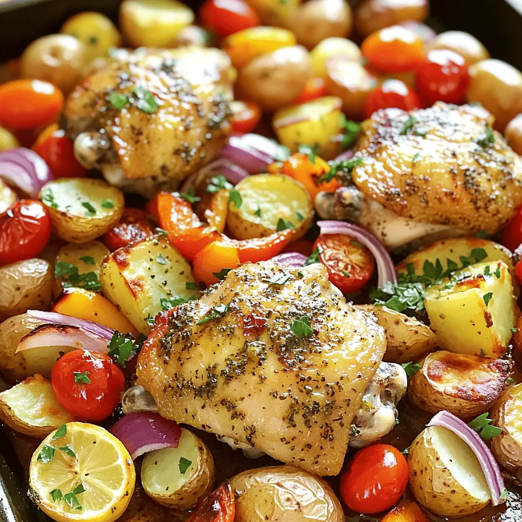 Für das Rezept Knuspriges Zitronen-Kräuter-Hähnchen & Bunte Gemüse benötigst du einige einfache Zutaten. Hier ist die Liste: - 4 Hähnchenschenkel, entbeint und ohne Haut - 1 Zitrone (Saft und Schale) - 3 Knoblauchzehen, gehackt - 2 Teelöffel getrockneter Oregano - 1 Teelöffel getrockneter Thymian - 1 Teelöffel geräucherter Paprika - 1 Teelöffel Salz - ½ Teelöffel schwarzer Pfeffer - 2 Esslöffel Olivenöl - 2 Tassen Baby-Kartoffeln, halbiert - 1 Tasse Kirschtomaten - 1 Paprika (jede Farbe), in Scheiben geschnitten - 1 rote Zwiebel, in Wedges geschnitten - Frische Petersilie zur Garnierung Frische Zutaten sind der Schlüssel zum Erfolg. Achte darauf, dass die Hähnchenschenkel frisch und von guter Qualität sind. Wähle eine Zitrone, die fest und schwer ist. Das zeigt, dass sie saftig ist. Frischer Knoblauch sollte fest und ohne Keime sein. Für das Gemüse, suche nach festen Baby-Kartoffeln ohne Druckstellen. Kirschtomaten sollten prall und glänzend sein. Wähle Paprika, die knackig aussieht und eine leuchtende Farbe hat. Achte darauf, dass die rote Zwiebel keine braunen Stellen hat. Hier sind ein paar Tipps, um die besten Zutaten zu wählen: - Kaufe lokale Produkte, wenn möglich. Diese sind oft frischer und geschmackvoller. - Überprüfe das Verfallsdatum bei verpackten Produkten. - Du kannst auch im Bioladen nach frischen Kräutern suchen. Diese geben deinem Gericht mehr Geschmack. - Wenn du Zeit hast, gehe auf den Markt. Hier findest du oft die frischesten Zutaten. Mit diesen Tipps und Informationen bist du gut vorbereitet, um dieses leckere Rezept zuzubereiten. Du kannst die vollständige Anleitung im [Full Recipe] finden. Zuerst müssen wir alle Zutaten bereitstellen. Hier ist, was Sie brauchen: - 4 Hähnchenschenkel, entbeint und ohne Haut - 1 Zitrone (Saft und Schale) - 3 Knoblauchzehen, gehackt - 2 Teelöffel getrockneter Oregano - 1 Teelöffel getrockneter Thymian - 1 Teelöffel geräucherter Paprika - 1 Teelöffel Salz - ½ Teelöffel schwarzer Pfeffer - 2 Esslöffel Olivenöl - 2 Tassen Baby-Kartoffeln, halbiert - 1 Tasse Kirschtomaten - 1 Paprika (jede Farbe), in Scheiben geschnitten - 1 rote Zwiebel, in Wedges geschnitten - Frische Petersilie zur Garnierung Heizen Sie den Ofen auf 220°C vor. Legen Sie ein großes Backblech mit Backpapier aus. Das macht die Reinigung einfach. In einer kleinen Schüssel vermengen Sie den Zitronensaft, die Zitronenschale, den gehackten Knoblauch, Oregano, Thymian, geräucherten Paprika, Salz, Pfeffer und Olivenöl. Rühren Sie alles gut um. Legen Sie die Hähnchenschenkel auf das Backblech. Gießen Sie die Hälfte der Mischung über die Hähnchenschenkel. Die andere Hälfte bewahren Sie für das Gemüse auf. In einer großen Schüssel vermengen Sie die Baby-Kartoffeln, Kirschtomaten, Paprika und Zwiebel mit der übrigen Mischung. Rühren Sie, bis alles gleichmäßig beschichtet ist. Ordnen Sie das gewürzte Gemüse um das Hähnchen auf dem Backblech an. Backen Sie das Ganze im vorgeheizten Ofen für 25 bis 30 Minuten. Das Hähnchen sollte eine Innentemperatur von 75°C erreichen. Das Gemüse wird zart und leicht karamellisiert. Nehmen Sie das Backblech aus dem Ofen und lassen Sie es ein paar Minuten ruhen. Garnieren Sie das Gericht mit frischer Petersilie. So sieht es gut aus und schmeckt auch besser. Für das vollständige Rezept schauen Sie bitte unter Full Recipe. Um das Hähnchen perfekt zu machen, achte auf die Marinade. Lass das Hähnchen mindestens 30 Minuten marinieren. So ziehen die Aromen gut ein. Du kannst auch über Nacht marinieren, um mehr Geschmack zu erhalten. Verwende frische Kräuter, wenn du kannst. Sie geben ein besseres Aroma als die getrockneten. Achte darauf, die Haut vor dem Marinieren trocken zu tupfen. So wird das Hähnchen schön knusprig. Ein häufiger Fehler ist, das Hähnchen zu früh aus dem Ofen zu nehmen. Stelle sicher, dass die Innentemperatur mindestens 75°C erreicht. Nutze ein Fleischthermometer, um dies zu überprüfen. Ein weiterer Fehler ist, das Gemüse nicht gleichmäßig zu schneiden. Wenn die Stücke unterschiedlich groß sind, garen sie ungleichmäßig. Halte die Größe der Gemüse gleich, damit alles zusammen gut gart. Du kannst die Aromen leicht anpassen. Probiere frische Zitrusfrüchte wie Limette oder Orange. Sie geben dem Gericht eine neue Note. Für mehr Schärfe füge etwas Cayennepfeffer hinzu. Wenn du es lieber mild magst, lasse die scharfen Gewürze weg. Experimentiere mit anderen Kräutern wie Rosmarin oder Basilikum. Das macht das Gericht einzigartig und lecker. Für eine süßere Note kannst du Honig oder Ahornsirup hinzufügen. {{image_4}} Wenn Sie eine vegetarische Option wünschen, können Sie das Hähnchen ganz einfach ersetzen. Verwenden Sie stattdessen Tofu oder Tempeh. Diese pflanzlichen Proteinquellen nehmen die Aromen der Marinade sehr gut auf. Schneiden Sie den Tofu in Würfel und marinieren Sie ihn genauso wie das Hähnchen. Backen Sie ihn dann auf dem Blech, bis er goldbraun ist. Das tolle an diesem Rezept ist, dass Sie die Gemüsesorten nach Ihrem Geschmack anpassen können. Versuchen Sie, Zucchini, Brokkoli oder Karotten hinzuzufügen. Diese Gemüse bringen verschiedene Texturen und Farben auf den Teller. Experimentieren Sie mit saisonalem Gemüse, um das Gericht immer neu zu gestalten. Um den Geschmack zu variieren, können Sie verschiedene Gewürze verwenden. Fügen Sie etwas Kreuzkümmel oder Cayennepfeffer für eine scharfe Note hinzu. Auch frische Kräuter wie Rosmarin oder Basilikum geben dem Gericht einen neuen Twist. Sie können die Gewürze nach Ihrem eigenen Geschmack anpassen und so immer wieder neue Kreationen zaubern. Um die Reste von deinem Sheet Pan Lemon Herb Chicken und Veggies gut zu lagern, lass sie zuerst abkühlen. Danach legst du das Hähnchen und das Gemüse in einen luftdichten Behälter. Das hilft, den Geschmack frisch zu halten. Du kannst auch die Reste in Portionen aufteilen. So hast du einfache Mahlzeiten für die nächsten Tage. Wenn du bereit bist, die Reste zu essen, erwärmst du sie am besten im Ofen. Stelle den Ofen auf 180°C ein und lege die Reste auf ein Backblech. Decke sie leicht mit Alufolie ab, um ein Austrocknen zu verhindern. Nach etwa 15 bis 20 Minuten sollten sie schön warm sein. Du kannst auch die Mikrowelle benutzen, aber das kann das Gemüse weich machen. Im Kühlschrank bleiben die Reste etwa drei bis vier Tage frisch. Wenn du länger aufbewahren möchtest, friere sie ein. In einem luftdichten Behälter halten sie sich bis zu drei Monate. Achte darauf, das Datum auf den Behältern zu notieren. So weißt du, wann du sie aufbrauchen solltest. Um die Garzeit anzupassen, können Sie die Hähnchenteile oder das Gemüse variieren. Dickere Hähnchenteile brauchen länger. Wenn Sie kleinere Stücke verwenden, reduzieren Sie die Zeit. Überprüfen Sie immer die Innentemperatur. Das Hähnchen sollte mindestens 75°C (165°F) erreichen. Für knusprigeres Gemüse, erhöhen Sie die Temperatur um 10 bis 20 Grad und backen Sie es kürzer. Ja, das Hähnchen kann marinieren. Marinieren verstärkt den Geschmack. Mischen Sie den Zitronensaft, die Kräuter und das Öl. Legen Sie das Hähnchen in die Marinade und lassen Sie es mindestens 30 Minuten ruhen. Für besten Geschmack, marinieren Sie über Nacht im Kühlschrank. So ziehen die Aromen tiefer ein. Zu diesem Gericht passen viele Beilagen gut. Hier sind einige Vorschläge: - Reis oder Quinoa für eine sättigende Basis - Ein frischer grüner Salat für einen knackigen Kontrast - Brot oder Brötchen, um die Säfte aufzutunken - Gegrilltes Gemüse für mehr Geschmack und Farbe Diese Beilagen ergänzen das Hähnchen und die Gemüse perfekt. Sie bringen zusätzliche Texturen und Aromen auf den Tisch. In diesem Blogbeitrag haben wir die Hauptzutaten, die Zubereitung und nützliche Tipps behandelt. Du hast gelernt, frische und gute Zutaten auszuwählen und das Hähnchen richtig zu braten. Das Anpassen der Aromen bietet dir Spielraum für mehr Geschmack. Auch die Aufbewahrung der Reste und häufige Fragen wurden angesprochen. Denke daran, dass du das Gericht beliebig abwandeln kannst. Experimentiere, um deine perfekten Geschmackskombinationen zu finden!