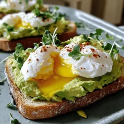 - 2 Scheiben Sauerteigbrot - 1 reife Avocado - 2 große Eier - 1 Esslöffel Zitronensaft - 1 Teelöffel Chiliflocken - 1 Esslöffel Olivenöl - Salz und Pfeffer nach Geschmack - Frische Microgreens oder Kräuter (z.B. Koriander oder Basilikum) zum Garnieren Um einen köstlichen Avocado Toast mit pochiertem Ei zuzubereiten, beginnen wir mit frischen Zutaten. Sauerteigbrot ist die beste Wahl. Es gibt dem Toast einen tollen Geschmack und eine knusprige Textur. Verwenden Sie eine reife Avocado, die cremig und weich ist. Achten Sie darauf, dass die Schale leicht nachgibt, wenn Sie sanft drücken. Die Eier sollten groß sein, damit sie gut auf dem Toast sitzen und das Eigelb perfekt flüssig bleibt. Für den besten Geschmack fügen Sie etwas Zitronensaft hinzu. Der sorgt für Frische und hellt die Aromen auf. Chiliflocken bringen eine angenehme Schärfe ins Spiel. Olivenöl verleiht dem Gericht einen feinen Geschmack und hilft, die Aromen zu verbinden. Salz und Pfeffer runden alles ab. Garnieren Sie das Gericht mit Microgreens oder frischen Kräutern. Diese sorgen für einen schönen Farbkontrast und frische Aromen. Ich empfehle Ihnen, das komplette Rezept [Full Recipe] zu sehen, um die Veränderungen und den Prozess genau zu verfolgen. Beginnen Sie mit zwei Scheiben Sauerteigbrot. Toasten Sie diese im Toaster, bis sie goldbraun und knusprig sind. Dies gibt dem Toast eine tolle Textur. Nehmen Sie eine reife Avocado. Halbieren Sie sie und entfernen Sie den Kern. Löffeln Sie das Fruchtfleisch in eine Schüssel. Fügen Sie einen Esslöffel Zitronensaft hinzu. Dann zerdrücken Sie die Avocado mit einer Gabel, bis sie cremig ist, aber noch etwas Struktur hat. Bringen Sie einen Topf mit Wasser zum sanften Simmern. Es sollten etwa 7-8 cm Wasser sein. Schlagen Sie ein Ei in eine kleine Schüssel. Rühren Sie mit einem Löffel im Wasser, um einen Strudel zu erzeugen. Lassen Sie das Ei sanft in die Mitte gleiten. Pochieren Sie das Ei für 3-4 Minuten. So bleibt das Eigelb flüssig. Nehmen Sie das Ei mit einem Schaumlöffel heraus. Wiederholen Sie dies mit dem zweiten Ei. Nehmen Sie die gerösteten Brotscheiben. Verteilen Sie eine großzügige Menge der zerdrückten Avocado auf jede Scheibe. Beträufeln Sie das Ganze mit einem Esslöffel Olivenöl. Streuen Sie Chiliflocken darüber, um etwas Schärfe hinzuzufügen. Legen Sie vorsichtig ein pochiertes Ei auf jede Scheibe Avocado-Toast. Würzen Sie alles nach Geschmack mit Salz und Pfeffer. Veredeln Sie das Gericht mit frischen Microgreens oder Kräutern. Diese sorgen für frische Aromen und einen schönen Farbkontrast. Servieren Sie das Toast sofort, solange die Eier noch warm sind. Für das vollständige Rezept schauen Sie sich die [Full Recipe](#) an. Für die beste Avocado brauchst du eine reife Frucht. Eine reife Avocado gibt leicht nach, wenn du sie drückst. Überreife Avocados sind matschig und schmecken oft bitter. Du kannst die Avocado einfach halbieren, den Kern entfernen und das Fruchtfleisch in eine Schüssel löffeln. Füge etwas Zitronensaft hinzu. Das hilft, die Farbe zu bewahren und gibt Geschmack. Um das perfekte pochierte Ei zu machen, braucht es Geduld. Koche ein paar Zentimeter Wasser in einem Topf. Wenn das Wasser leicht blubbert, schlage ein Ei in eine kleine Schüssel. Mache mit einem Löffel einen kleinen Strudel im Wasser. Gleite das Ei vorsichtig in die Mitte des Strudels. Die Strudelbewegung hilft, das Ei zusammenzuhalten. Pochiere das Ei für drei bis vier Minuten. So bleibt das Eigelb schön flüssig. Die Präsentation deines Avocado-Toast ist wichtig. Nutze einen sauberen und bunten Teller. Lege die Microgreens und Kräuter kunstvoll auf das Ei. Das sieht nicht nur gut aus, sondern bringt auch frische Aromen. Du kannst auch etwas Sesam darüber streuen. Eine Beilage aus frischem Obst macht das Gericht noch attraktiver. Diese kleinen Details machen dein Gericht besonders und einladend. Für das vollständige Rezept schau dir die [Full Recipe] an. {{image_4}} Du kannst dein Avocado Toast aufpeppen! Füge Feta-Käse hinzu. Er bringt einen salzigen Geschmack. Tomaten sind frisch und saftig. Sie geben Farbe und Geschmack. Räucherlachs ist eine tolle Option. Er ergänzt die Creme der Avocado perfekt. Das Brot macht einen großen Unterschied. Vollkornbrot gibt viel Geschmack und Nährstoffe. Es hat eine schöne, feste Textur. Glutenfreies Brot ist eine gute Wahl für Allergiker. Es schmeckt auch gut und kann leicht gefunden werden. Du kannst auch Ciabatta oder Pita verwenden. Probiere, was dir am besten gefällt! Die Gewürze sind wichtig für den Geschmack. Experimentiere mit verschiedenen Kräutern. Frischer Koriander oder Basilikum geben einen tollen Kick. Du kannst auch getrocknete Kräuter verwenden. Thymian und Oregano sind ebenfalls lecker. Ein Spritzer Limettensaft kann das Gericht aufhellen. Sei kreativ und finde deine Lieblingskombination! Für das vollständige Rezept, schau dir den [Full Recipe] an! Wenn Sie Reste von Ihrem Avocado Toast mit pochiertem Ei haben, bewahren Sie diese richtig auf. Legen Sie den Toast in einen luftdichten Behälter. So bleibt er frisch. Wenn möglich, lagern Sie die Avocado und das Ei separat. Das verhindert, dass die Avocado braun wird. Nutzen Sie Frischhaltefolie, um die Avocado abzudecken. Diese Schritte helfen, den Geschmack und die Frische zu erhalten. Um den Toast wieder warm zu machen, nutzen Sie einen Toaster oder eine Pfanne. Toasten Sie ihn leicht, um die Knusprigkeit zu bewahren. Vermeiden Sie die Mikrowelle, da sie den Toast weich macht. Für die Eier können Sie heißes Wasser verwenden. Tauchen Sie sie kurz in heißes Wasser, um sie wieder warm zu machen. So bleibt das Eigelb schön flüssig. Die Haltbarkeit der Zutaten ist wichtig. Reife Avocados bleiben im Kühlschrank etwa 2 bis 3 Tage frisch. Sauerteigbrot hält sich bei richtiger Lagerung bis zu einer Woche. Gekochte Eier sind im Kühlschrank 3 bis 4 Tage haltbar. Achten Sie darauf, die Zutaten vor der Verwendung zu überprüfen. So vermeiden Sie unerwünschte Überraschungen. Um das perfekte pochierte Ei zu machen, folge diesen Tipps: - Koche das Wasser sanft, nicht sprudelnd. - Füge einen Spritzer Essig hinzu, das hilft, das Ei zusammenzuhalten. - Schlage das Ei in eine kleine Schüssel, bevor du es ins Wasser gibst. - Erzeuge einen sanften Strudel im Wasser, um das Ei zu zentrieren. - Pochiere das Ei 3-4 Minuten für flüssiges Eigelb. Pochierte Eier können knifflig sein, aber mit etwas Übung wirst du sie meistern. Achte darauf, frische Eier zu verwenden, denn sie behalten ihre Form besser. Ja, du kannst das Rezept vegan gestalten. Hier sind einige Alternativen: - Verwende anstelle von Eiern eine Mischung aus Chiasamen und Wasser. Das ergibt eine gelartige Konsistenz. - Statt Olivenöl kannst du Avocadoöl verwenden. - Für den Toast kannst du ein veganes Brot wählen, das keinen Milchbestandteile hat. Diese Optionen bewahren den Geschmack und die Textur des Gerichts, während du auf tierische Produkte verzichtest. Hier sind einige tolle Beilagen und Getränke: - Eine frische Obstschale mit saisonalen Früchten. - Ein leichter grüner Salat mit Zitrusdressing. - Ein Glas frisch gepresster Orangensaft oder ein Kräutertee. Du kannst auch Nüsse oder Samen darüber streuen, um zusätzlichen Crunch zu erhalten. In diesem Blogbeitrag haben wir ein einfaches Rezept für Avocado-Toast mit pochierten Eiern besprochen. Wir haben die Hauptzutaten, die Vorbereitung und das Anrichten behandelt. Tipps für die perfekte Konsistenz der Avocado und die optimale Zubereitung der Eier haben wir ebenfalls geteilt. Variationen wie unterschiedliche Brotsorten und zusätzliche Toppings bieten viele Ideen. Beachten Sie die Lagerung und Aufbewahrung der Zutaten. Jetzt wissen Sie, wie man einen leckeren und gesunden Snack zubereitet! Probieren Sie es aus und genießen Sie es!
