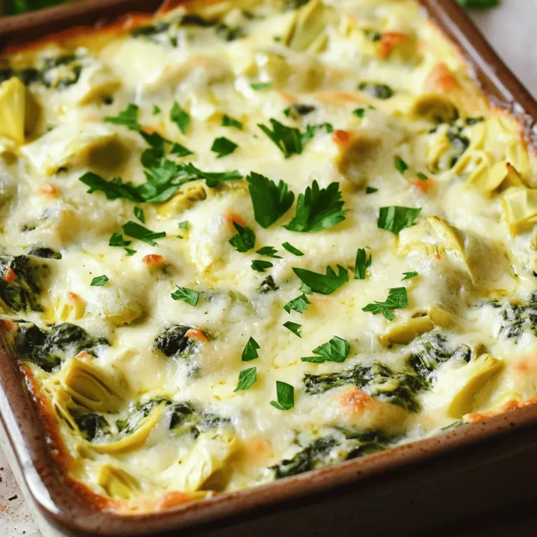 Um einen leckeren Spinach- und Artischocken-Dip zu machen, benötigen Sie: - 1 Tasse frischer Spinat, grob gehackt - 1 Tasse Glas-Artischockenherzen, abgetropft und grob gehackt - 1 Tasse Frischkäse, weich - ½ Tasse saure Sahne - ½ Tasse Mayonnaise - 1 Tasse geriebener Mozzarella-Käse - ½ Tasse frisch geriebener Parmesan-Käse - 2 Knoblauchzehen, fein gehackt - 1 Teelöffel Zwiebelpulver - ½ Teelöffel schwarzer Pfeffer - ½ Teelöffel rote Pfefferflocken (optional für Schärfe) - Frische Petersilie, gehackt (zur Garnierung) Diese Zutaten sind einfach zu finden und machen den Dip besonders lecker. Wenn Sie frische Zutaten verwenden, schmeckt der Dip frischer und lebendiger. Frischer Spinat hat einen tollen Geschmack, der den Dip aufwertet. Glas-Artischocken sind sehr praktisch. Sie sind bereits zubereitet und sparen Zeit. Wenn Sie frischen Spinat nicht haben, können Sie gefrorenen verwenden. Achten Sie darauf, ihn gut abzutropfen. So wird Ihr Dip nicht wässrig. Es gibt viele Möglichkeiten, die Zutaten zu ersetzen. Zum Beispiel: - Für die saure Sahne kann griechischer Joghurt verwendet werden. - Sie können auch veganen Frischkäse und vegane Mayonnaise nutzen, um eine pflanzliche Version zu machen. - Wenn Sie keinen Mozzarella haben, können Sie auch Cheddar verwenden. Diese Alternativen helfen, den Dip anzupassen. So schmeckt er jedem gut. Besuchen Sie die [Full Recipe] für die vollständige Anleitung. Um den Dip zu machen, heize zuerst den Ofen auf 190 °C vor. In einer großen Schüssel vermenge den weichen Frischkäse, die saure Sahne und die Mayonnaise. Rühre diese Zutaten gut um, bis die Mischung cremig ist. Jetzt füge den gehackten Spinat und die Artischockenherzen hinzu. Gib auch den gehackten Knoblauch und die Käsesorten dazu. Das Zwiebelpulver, den schwarzen Pfeffer und die roten Pfefferflocken kommen jetzt ins Spiel. Rühre alles gut durch, damit sich die Aromen verbinden. Verteile die Mischung gleichmäßig in einer Backform und streiche sie glatt. Backe den Dip für 25 bis 30 Minuten, bis er blubbernd und goldbraun ist. Lass ihn ein wenig abkühlen, bevor du ihn servierst. Die ideale Backtemperatur für diesen Dip ist 190 °C. Diese Temperatur sorgt dafür, dass der Dip gleichmäßig erhitzt wird. Die Oberfläche wird schön goldbraun und die Käsesorten schmelzen perfekt. Wenn dein Ofen eine ungleichmäßige Hitze hat, könnte es hilfreich sein, den Dip zwischendurch zu drehen. So wird jeder Biss köstlich. Du kannst den Dip warm oder bei Raumtemperatur servieren. Er passt gut zu Tortilla-Chips, Gemüsesticks oder Baguette. Wenn du gerne experimentierst, probiere auch, ihn auf Pizza oder in einem Sandwich zu verwenden. Dieser Dip ist ein Hit bei Partys und eignet sich hervorragend für gesellige Abende. Um das Rezept in voller Pracht zu erleben, schau dir das Full Recipe an. Ein häufiger Fehler ist, den Spinat nicht gut zu entwässern. Wenn der Spinat zu feucht bleibt, wird der Dip wässrig. Achten Sie darauf, den Spinat gut zu drücken, bevor Sie ihn hinzufügen. Auch die Temperatur der Zutaten ist wichtig. Kalte Zutaten mischen sich schwerer. Lassen Sie Frischkäse und saure Sahne etwa 15 Minuten bei Raumtemperatur. So wird die Mischung cremiger. Um den perfekten Dip zu erreichen, backen Sie ihn bis zur goldenen Farbe. Eine blubbernde Oberfläche zeigt, dass der Dip heiß ist. Überwachen Sie die Zeit, aber öffnen Sie die Tür nicht zu oft. Das kann die Temperatur senken. Verwenden Sie frische Kräuter und Gewürze für mehr Geschmack. Ein Hauch von Zitronensaft kann die Aromen aufhellen und den Dip frisch machen. Sie können den Dip leicht verfeinern. Fügen Sie etwas geräucherten Paprika oder frischen Basilikum hinzu. Auch eine Prise Muskatnuss bringt Tiefe. Möchten Sie etwas Schärfe? Fügen Sie mehr rote Pfefferflocken hinzu. Wenn Sie den Dip noch reichhaltiger machen wollen, geben Sie etwas mehr Käse hinzu. Probieren Sie auch verschiedene Käsesorten für neue Geschmäcker. Der Full Recipe bietet eine tolle Basis, um kreativ zu sein! {{image_4}} Wenn Sie einen veganen Spinach und Artischocken Dip machen möchten, gibt es einfache Wege. Ersetzen Sie den Frischkäse durch veganen Frischkäse. Nutzen Sie auch pflanzliche saure Sahne und Mayonnaise. Diese Zutaten geben Ihnen eine cremige Textur. Sie könnten auch Nüsse wie Cashews einweichen und pürieren. Das sorgt für einen reichen Geschmack. Möchten Sie mehr Geschmack? Fügen Sie gekochten und gewürfelten Schinken hinzu. Dies gibt dem Dip eine herzhaftere Note. Auch Speck ist eine tolle Option. Wenn Sie Schinken verwenden, beachten Sie, dass er sehr salzig sein kann. Passen Sie daher die Gewürze an. Experimentieren Sie mit Käse! Anstelle von Mozzarella können Sie Cheddar oder Gouda verwenden. Diese Käsesorten bringen eine andere Tiefe in den Geschmack. Auch Feta oder Blauschimmelkäse können großartige Optionen sein. Diese Käse geben dem Dip eine besondere Note. So bleibt Ihr Dip nie langweilig! Für die vollständige Rezeptanleitung, schauen Sie sich das Full Recipe an. Um den Dip frisch zu halten, decken Sie ihn gut ab. Nutzen Sie Frischhaltefolie oder einen luftdichten Behälter. Bewahren Sie ihn im Kühlschrank auf. So bleibt der Dip für bis zu fünf Tage gut. Wenn Sie ihn länger lagern möchten, sollten Sie ihn einfrieren. Einfrieren ist eine tolle Möglichkeit, Reste zu bewahren. Teilen Sie den Dip in Portionen auf. Verwenden Sie gefrierfeste Behälter oder Zip-Lock-Beutel. Vergessen Sie nicht, das Datum zu notieren. Der Dip kann bis zu drei Monate im Gefrierfach bleiben. Zum Auftauen legen Sie den Dip einfach über Nacht in den Kühlschrank. Für die besten Ergebnisse lagern Sie die Zutaten separat. Spinat und Artischocken sollten im Kühlschrank bleiben. Frischkäse und saure Sahne bleiben ebenfalls frisch, wenn sie gekühlt werden. Käse sollte in einem luftdichten Behälter aufbewahrt werden. So bleiben die Aromen erhalten und die Zutaten bleiben länger frisch. Du kannst den Dip bis zu zwei Tage im Voraus zubereiten. Bereite ihn einfach nach dem Rezept vor und stelle ihn in den Kühlschrank. Wenn du ihn servieren willst, backe ihn dann einfach im Ofen. Er wird immer noch lecker schmecken und die Aromen haben Zeit, sich zu verbinden. Ja, du kannst gefrorenen Spinat und Artischocken verwenden. Achte darauf, sie gut abzutropfen und zu hacken. Gefrorene Zutaten sind oft ebenso schmackhaft und sparen Zeit. Sie sind auch praktisch, wenn frische Zutaten nicht verfügbar sind. Der Dip passt gut zu vielen Beilagen. Hier sind einige tolle Optionen: - Tortilla-Chips - Baguette-Scheiben - Gemüsesticks wie Karotten und Sellerie - Pita-Brot - Crackers Diese Beilagen bieten verschiedene Texturen und Geschmäcker. Sie machen deinen Dip noch genussvoller. Probiere sie aus und finde deine Lieblingskombination! Um einen großartigen Dip zu erstellen, sind frische und passende Zutaten wichtig. Ihr lernt, wie man ihn richtig zubereitet und die beste Backtemperatur findet. Mit meinen Tipps und Tricks vermeidet ihr häufige Fehler und plant leckere Variationen. Ihr erfahrt auch, wie man Reste richtig lagert. Denkt daran, dass ihr kreative Alternativen ausprobieren könnt. So bleibt euer Dip stets frisch und schmackhaft. Viel Spaß beim Ausprobieren!