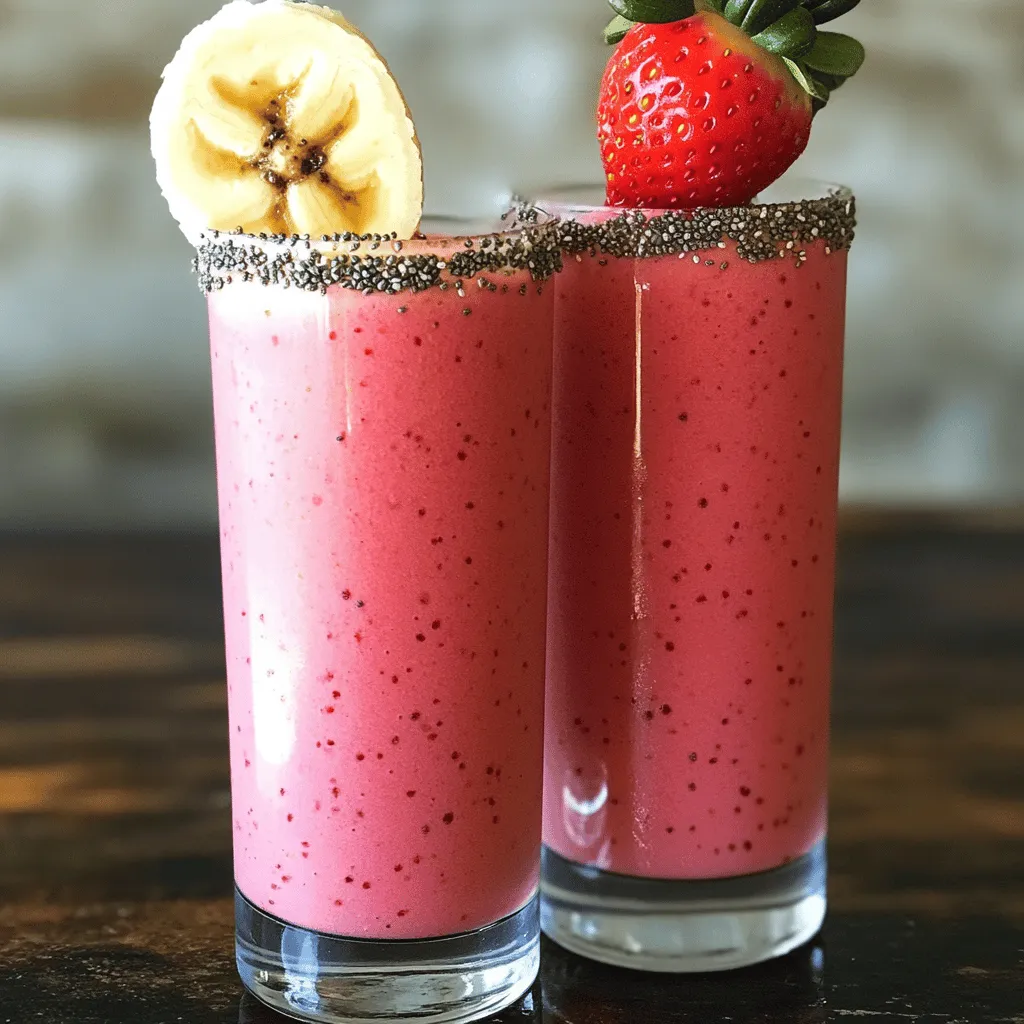 - 1 Tasse frische Erdbeeren, entstielt und in Scheiben geschnitten - 1 reife Banane, geschält und in Scheiben geschnitten - 1/2 Tasse ungesüßte Mandelmilch (oder Milch nach Wahl) - 1/2 Tasse griechischer Joghurt (oder pflanzlicher Joghurt für vegane Option) Die Hauptzutaten sind sehr wichtig. Die Erdbeeren bringen Frische und einen süßen Geschmack. Sie sind voll mit Vitaminen und Antioxidantien. Die Banane macht den Smoothie cremig und gibt Energie. Sie enthält viel Kalium, was gut für das Herz ist. Mandelmilch ist eine leichte Option. Sie ist gut für die Haut und hat wenig Kalorien. Der griechische Joghurt sorgt für eine hohe Proteinzufuhr und eine tolle Textur. - 1 Esslöffel Honig oder Ahornsirup (optional) - 1 Esslöffel Chiasamen - 1/2 Teelöffel Vanilleextrakt - Eiswürfel (für eine dickere Konsistenz) Diese Zutaten sind nicht Pflicht, aber sehr nützlich. Honig oder Ahornsirup bringen zusätzliche Süße. Chiasamen sind super gesund. Sie sind reich an Ballaststoffen und Omega-3-Fettsäuren. Der Vanilleextrakt gibt einen feinen Geschmack. Eiswürfel machen den Smoothie kühler und dicker, was besonders an heißen Tagen toll ist. - Gesundheitsvorteile von Erdbeeren - Vorteile von Bananen - Bedeutung von Chiasamen Erdbeeren sind kleine Kraftpakete. Sie helfen, das Immunsystem zu stärken. Außerdem wirken sie entzündungshemmend. Bananen sind auch sehr gesund. Sie geben uns schnelle Energie und helfen bei der Verdauung. Chiasamen sind ein echter Superfood. Sie halten lange satt und sind gut für das Herz. Jede Zutat bringt ihre eigenen Vorteile. So wird der Smoothie nicht nur lecker, sondern auch sehr nahrhaft. Für das vollständige Rezept schauen Sie sich die Sektion "Full Recipe" an. Zuerst wasche die Erdbeeren gründlich. Entferne die Stiele und schneide sie in Scheiben. Dann nimm die reife Banane, schäle sie und schneide sie ebenfalls in Scheiben. Jetzt ist es Zeit, die Milch und den Joghurt bereitzustellen. Du kannst ungesüßte Mandelmilch oder jede andere Milch deiner Wahl verwenden. Der griechische Joghurt sorgt für eine cremige Textur. Ordne die geschnittenen Erdbeeren und die Bananen im Mixer an. Gieße dann die Mandelmilch und den griechischen Joghurt darüber. Wenn du etwas Süße möchtest, füge Honig oder Ahornsirup hinzu. Vergiss nicht die Chiasamen und das Vanilleextrakt. Mixe alles bei hoher Geschwindigkeit, bis die Mischung glatt ist. Wenn du einen dickeren Smoothie magst, füge ein paar Eiswürfel hinzu und mixe erneut. Nach dem Mixen probiere den Smoothie und passe die Süße nach deinem Geschmack an. Gieße den Smoothie in Gläser und serviere ihn sofort. Du kannst ihn mit einer Scheibe Banane und einer ganzen Erdbeere garnieren. Das sieht nicht nur gut aus, sondern macht auch Spaß! Streue einige Chiasamen obenauf. Diese Präsentation macht deinen Smoothie noch ansprechender. Für die vollständige Anleitung, schau dir das Rezept [Full Recipe] an. Wenn du frische Erdbeeren und Bananen wählst, achte auf die Farbe und Textur. Frische Früchte haben oft mehr Geschmack und Nährstoffe. Gefrorene Früchte sind auch eine gute Option. Sie sind praktisch und oft günstiger. Sie behalten ihre Nährstoffe gut und sind immer verfügbar. Du kannst sie direkt in den Mixer geben, ohne sie auftauen zu müssen. Wenn du pflanzliche Alternativen verwendest, wähle ungesüßte Mandelmilch oder Hafermilch. Diese sind oft gesünder als Kuhmilch. Sie geben deinem Smoothie eine cremige Textur. Außerdem sind sie für Veganer geeignet. Die Geschwindigkeit und Dauer des Mixens sind wichtig. Beginne mit niedriger Geschwindigkeit, um die Zutaten zu vermischen. Erhöhe dann die Geschwindigkeit, bis die Mischung glatt ist. Mixe mindestens 30 Sekunden. Eine cremige Konsistenz erreichst du, indem du die Zutaten gut vermengst. Wenn der Smoothie zu dick ist, füge etwas mehr Milch hinzu. Ein Tipp für eine besonders cremige Textur: Füge ein paar Eiswürfel hinzu, wenn du alles mixst. Sie helfen, den Smoothie kühler und dicker zu machen. Genieße deinen Smoothie frisch. So schmeckt er am besten. Wenn du ihn für später aufbewahren willst, fülle ihn in einen luftdichten Behälter. Stelle sicher, dass du ihn im Kühlschrank lagerst. Der Smoothie bleibt bis zu zwei Tage frisch. Beachte, dass der Smoothie seine Farbe ändern kann. Das liegt an der Oxidation der Früchte. Um dies zu vermeiden, trinke ihn lieber sofort. Wenn du ihn aufbewahrst, schüttle den Behälter vor dem Trinken gut durch. So vermischst du die Zutaten wieder. Diese Tipps helfen dir, den perfekten gesunden Strawberry Banana Smoothie zu machen. Du findest die genaue Anleitung im [Full Recipe]. {{image_4}} Um den Geschmack zu verändern, füge andere Früchte hinzu. Ein Buchweizen Joghurt Smoothie mit Beeren ist lecker. Du kannst auch frische Mangos oder Spinat hinzufügen. Mangos geben eine süße Note, während Spinat für mehr Nährstoffe sorgt. Beide Optionen machen den Smoothie noch gesünder. Für mehr Eiweiß kannst du verschiedene Joghurtoptionen wählen. Griechischer Joghurt ist dick und cremig. Alternativ gibt es auch pflanzliche Joghurts. Diese sind toll für Veganer. Ein weiterer Tipp ist, Proteinpulver hinzuzufügen. Es gibt viele Geschmäcker, die gut passen. Wenn du nach einer süßen Note suchst, probiere Naturhonig oder Ahornsirup. Beide sind köstlich und natürlich. Als zuckerfreie Option kannst du Stevia verwenden. Es ist eine gute Wahl für alle, die weniger Zucker wollen. Diese Variationen machen deinen gesunden Strawberry Banana Smoothie noch interessanter. Um den gesunden Strawberry Banana Smoothie frisch zu halten, gibt es zwei Hauptoptionen: den Kühlschrank und das Gefrierfach. Wenn du den Smoothie im Kühlschrank aufbewahrst, fülle ihn in einen luftdichten Behälter. So bleibt er für bis zu 24 Stunden frisch. Wenn du ihn länger aufbewahren willst, friere ihn ein. Ein guter Tipp: Verwende Eiswürfelbehälter für kleine Portionen. So kannst du schnell einen Smoothie zubereiten, wann immer du Lust darauf hast. Die maximale Frischezeit im Kühlschrank beträgt etwa einen Tag. Nach dieser Zeit kann der Smoothie an Geschmack und Textur verlieren. Wenn du den Smoothie einfrierst, halte ihn für etwa einen Monat frisch. Zum Auftauen stelle den Behälter einfach in den Kühlschrank. Warte ein paar Stunden, bis er weich genug ist, um ihn wieder zu mixen. Du kannst auch die Mikrowelle verwenden, aber achte darauf, dass du ihn nicht überhitzt. Um die Oxidation der Früchte zu vermeiden, füge etwas Zitronensaft hinzu. Dieser hilft, die Farbe der Erdbeeren und Bananen zu bewahren. Lagere den Smoothie immer in einem luftdichten Behälter, um den Kontakt mit Luft zu minimieren. So bleibt der Smoothie nicht nur frisch, sondern sieht auch gut aus, wenn du ihn servierst. Ein gesunder Erdbeer-Bananen-Smoothie hat etwa 200 Kalorien pro Portion. Hier ist eine Kalorienübersicht der Zutaten: - 1 Tasse frische Erdbeeren: etwa 50 Kalorien - 1 reife Banane: etwa 105 Kalorien - 1/2 Tasse ungesüßte Mandelmilch: etwa 15 Kalorien - 1/2 Tasse griechischer Joghurt: etwa 60 Kalorien - 1 Esslöffel Honig: etwa 64 Kalorien (optional) Die Kalorien können je nach Zutaten variieren. Wenn du die Süße anpasst, achte darauf, die Kalorien im Blick zu behalten. Ja, du kannst gefrorene Früchte verwenden. Sie sind oft praktisch und leicht zu finden. Hier sind einige Vor- und Nachteile: Vorteile: - Gefrorene Früchte sind oft günstiger. - Sie sind lange haltbar und einfach zu lagern. - Sie können einen kühlen und erfrischenden Smoothie machen. Nachteile: - Gefrorene Früchte können weniger Geschmack haben. - Sie können den Smoothie wässriger machen, wenn du nicht aufpasst. Wenn du gefrorene Früchte verwendest, reduziere die Eiswürfel im Rezept. Ja, der Smoothie kann vegan sein. Du kannst einfach pflanzliche Alternativen verwenden. Hier sind Optionen für vegane Anpassungen: - Ersetze den griechischen Joghurt durch pflanzlichen Joghurt. - Nutze Agavendicksaft anstelle von Honig. Das macht den Smoothie für Veganer geeignet. So kannst du einen leckeren, gesunden Genuss ohne tierische Produkte haben. Ein Smoothie aus Erdbeeren und Bananen ist einfach zuzubereiten und gesund. Du hast gelernt, welche Zutaten wichtig sind und wie du sie zubereitest. Tipps zur Lagerung helfen dir, deinen Smoothie frisch zu halten. Variationen bieten viele Möglichkeiten, um ihn spannend zu gestalten. Denke daran, mit frischen Zutaten zu arbeiten und Spaß beim Mixen zu haben. Genieße diesen leckeren und nahrhaften Snack!