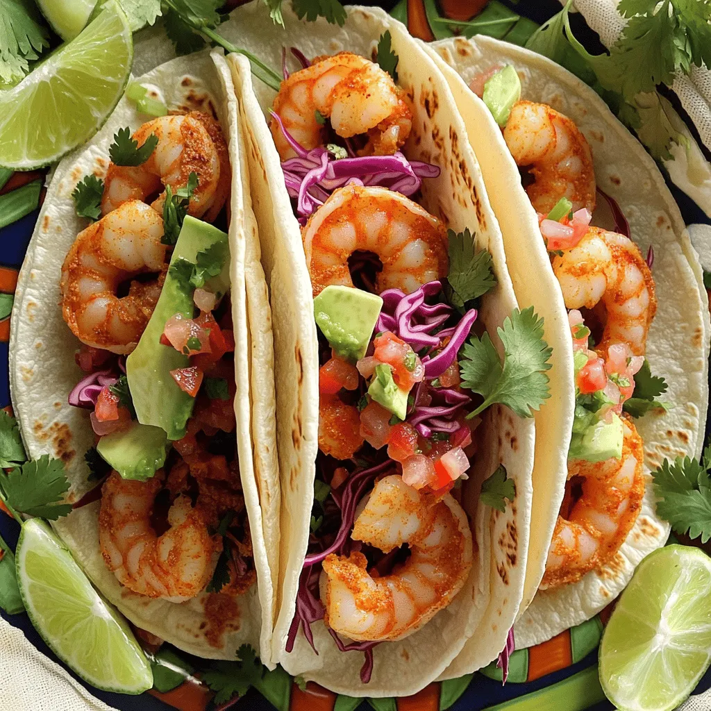 Für die Spicy Shrimp Tacos benötigst du: - 450 g Garnelen, geschält und entdarmt - 2 Esslöffel Olivenöl - 1 Esslöffel Chilipulver - 1 Teelöffel geräuchertes Paprikapulver - 1 Teelöffel Kreuzkümmel - 1/2 Teelöffel Cayennepfeffer (nach Schärfewunsch anpassen) - 1 Limette, abgerieben und ausgepresst - Salz und Pfeffer nach Geschmack - 8 kleine Maistortillas - 1 Tasse rote Kohl, fein geschnitten - 1 Avocado, in Scheiben - 1/2 Tasse Pico de Gallo (gekauft oder selbstgemacht) - Frischer Koriander, zum Garnieren - Limettenspalten, zum Servieren Marinieren der Garnelen Beginne damit, die Garnelen in einer großen Schüssel zu marinieren. Vermische dazu die Garnelen mit Olivenöl, Chilipulver, geräuchertem Paprikapulver, Kreuzkümmel, Cayennepfeffer, dem Limettenabrieb, Limettensaft sowie Salz und Pfeffer. Lass die Garnelen 15 bis 20 Minuten marinieren. So nehmen sie alle Aromen gut auf. Erwärmen der Tortillas Während die Garnelen marinieren, bereite die Tortillas vor. Erhitze eine trockene Pfanne bei mittlerer Hitze. Lege die Maistortillas hinein und wärme sie jeweils etwa 30 Sekunden auf jeder Seite. Die Tortillas sollten weich und flexibel sein. Zusammensetzen der Tacos Jetzt kommt der spaßigste Teil! Nimm eine warme Tortilla und lege eine Menge roten Kohl darauf. Füge dann 3-4 Garnelen hinzu. Toppe das Ganze mit ein paar Avocadoscheiben und einem Esslöffel Pico de Gallo. Garnieren kannst du die Tacos mit frischem Koriander und serviere Limettenspalten dazu. So wird jede Taco-Mahlzeit zu einem Fest! Für die genauen Schritte und mehr Details schau dir das Full Recipe an. Um die Garnelen schmackhaft zu machen, mische ich die geschälten Garnelen mit Olivenöl, Chilipulver, geräuchertem Paprikapulver, Kreuzkümmel, Cayennepfeffer, Limettenabrieb, Limettensaft, Salz und Pfeffer. Ich lasse alles gut vermischen. Dann marinieren die Garnelen für 15 bis 20 Minuten. Diese Zeit macht den großen Unterschied im Geschmack. Tipps für eine optimale Marinierung: - Wähle frische Garnelen für den besten Geschmack. - Lasse die Garnelen nicht länger als 20 Minuten marinieren, sonst werden sie zäh. - Stelle sicher, dass alle Garnelen gleichmäßig mit der Marinade bedeckt sind. Ich erhitze eine große Pfanne auf mittlerer Hitze. Die marinierten Garnelen lege ich in einer einzigen Schicht in die Pfanne. Sie braten für etwa 2 bis 3 Minuten auf jeder Seite. Wenn die Garnelen rosa und fest sind, nehme ich sie vom Herd. Garzeit und Farbwechsel der Garnelen: - Achte darauf, dass die Garnelen nicht übergekocht werden, sonst verlieren sie ihren Geschmack. - Die Garnelen sollten eine schöne rosa Farbe annehmen, das zeigt, dass sie gar sind. Jetzt kommt der spaßige Teil! Ich nehme eine warme Maistortilla und lege eine großzügige Menge roten Kohl darauf. Dann füge ich 3 bis 4 Garnelen hinzu. Schließlich garniere ich alles mit einigen Scheiben Avocado und einem Esslöffel Pico de Gallo. Kreative Anrichtetechniken: - Du kannst die Tacos auch mit frischem Koriander und Limettenspalten dekorieren. - Stelle die Tacos auf einem bunten Tablett für eine schöne Präsentation. Für das vollständige Rezept mit allen Details, schau dir die [Full Recipe] an. Um die besten Garnelen auszuwählen, achte auf Frische. Sie sollten fest und glänzend sein. Vermeide Garnelen, die einen fauligen Geruch haben. Wenn du sie vorbereitest, ziehe die Schale und den Darm ab. Das sorgt für einen besseren Geschmack. Um überkochte Garnelen zu vermeiden, koche sie nur 2-3 Minuten pro Seite. Sie sollten rosa und leicht fest sein. Die Tortillas sollten weich und warm sein. Erwärme sie in einer trockenen Pfanne. Mach dies bei mittlerer Hitze für 30 Sekunden pro Seite. Das macht sie flexibler und einfacher zu füllen. Du kannst auch verschiedene Arten von Tortillas verwenden. Weiche Maistortillas sind ideal, aber auch Vollkorn- oder Blumenkohl-Tortillas sind gute Alternativen. Du kannst den Geschmack der Tacos mit zusätzlichen Gewürzen verbessern. Probiere etwas Knoblauchpulver oder Zwiebelpulver. Diese Zutaten bringen mehr Tiefe ins Gericht. Für Saucen sind scharfe Salsa oder eine cremige Avocado-Sauce großartig. Garnituren wie frischer Koriander oder Limettenspalten geben mehr Frische. Sie machen deine Tacos noch leckerer. Denke daran, die Garnelen-Tacos nach dem [Full Recipe] zusammenzustellen. So hast du ein perfektes Gericht! {{image_4}} Wenn Sie Garnelen meiden, probieren Sie Gemüse oder Tofu. Brokkoli, Paprika und Zucchini sind tolle Optionen. Diese Gemüsesorten geben Textur und Farbe. Tofu nimmt die Gewürze gut auf und wird schön knusprig. Passen Sie die Gewürze an, um einen pflanzlichen Geschmack zu erreichen. Verwenden Sie zum Beispiel mehr Kreuzkümmel und geräuchertes Paprikapulver. Diese Aromen bringen den Geschmack zum Leben. Für schärfere Tacos, fügen Sie mehr scharfe Zutaten hinzu. Jalapeños oder Habaneros bringen Hitze. Sie können auch scharfe Saucen nutzen, um den zusätzlichen Kick zu bekommen. Passen Sie auch den Cayennepfeffer an. Wenn Sie es richtig scharf mögen, verdoppeln Sie die Menge. Aber seien Sie vorsichtig! Zu viel kann den Geschmack überwältigen. Bringen Sie andere Küchen in Ihre Tacos ein. Fügen Sie asiatische Aromen hinzu, wie Sojasauce oder Ingwer. Ein Hauch von Sesamöl kann Wunder wirken. Mediterrane Einflüsse sind ebenfalls spannend. Verwenden Sie Feta oder Oliven für einen neuen Twist. Diese Kombinationen machen Ihre Tacos einzigartig und aufregend. So bleibt das Gericht frisch und interessant. Entdecken Sie neue Geschmäcker und genießen Sie Ihr Essen! Frische Garnelen sollten Sie kühl lagern. Bewahren Sie sie in einem luftdichten Behälter im Kühlschrank auf. So bleiben sie bis zu zwei Tage frisch. Achten Sie darauf, die Garnelen nicht in Wasser zu lagern. Das schadet ihrer Textur. Tortillas und Gemüse brauchen auch die richtige Lagerung. Tortillas halten sich am besten in ihrer Originalverpackung. Lagern Sie diese an einem kühlen, trockenen Ort. Für Gemüse wie roten Kohl und Avocado verwenden Sie separate Behälter. Das schützt sie vor Feuchtigkeit und hält sie knackig. Haben Sie Tacos übrig? Bewahren Sie sie in einem luftdichten Behälter auf. So bleiben sie einen Tag frisch. Zum Erwärmen legen Sie die Tacos einfach für ein paar Minuten in eine Pfanne. So wird die Tortilla wieder warm und knusprig. Um matschige Zutaten zu vermeiden, lagern Sie die Füllung getrennt von der Tortilla. So bleibt der Crunch des Kohls und die Frische der Avocado erhalten. Die Haltbarkeit der Zutaten ist wichtig. Frische Garnelen sind bis zu zwei Tage haltbar. Rote Kohle bleibt im Kühlschrank eine Woche frisch. Avocados sollten Sie innerhalb von drei Tagen essen, sobald sie reif sind. Nutzen Sie Reste kreativ! Garnelen passen gut in Salate oder Pasta. Rote Kohle ist ein schöner Zusatz zu Sandwiches oder Wraps. So verschwenden Sie nichts und genießen neue Gerichte. Für das gesamte Rezept, besuchen Sie [Full Recipe]. Um die Garnelen weniger scharf zu machen, können Sie die Menge an Cayennepfeffer reduzieren. Versuchen Sie, nur eine Prise zu verwenden. Eine andere Idee ist, Paprika oder mehr geräuchertes Paprikapulver hinzuzufügen. Diese Gewürze geben Geschmack, ohne die Schärfe zu erhöhen. Auch die Zugabe von Joghurt oder Sauerrahm als Topping kann helfen. Diese Zutaten nehmen die Schärfe etwas weg und machen die Tacos cremiger. Zu würzigen Garnelen-Tacos passen viele Beilagen. Ein frischer Salat mit Limetten-Dressing ist eine tolle Wahl. Auch Guacamole ist eine gute Idee. Diese Kombination bringt einen tollen Geschmack. Sie können auch einen scharfen Salsa Dip servieren. Getränke wie Limonade oder ein leichtes Bier harmonieren gut. Sie helfen, die Schärfe zu balancieren und erfrischen. Ja, Sie können die Tacos im Voraus zubereiten. Marinieren Sie die Garnelen bis zu einem Tag vorher. Lagern Sie sie im Kühlschrank. Bereiten Sie die Tortillas und das Gemüse ebenfalls im Voraus vor. Wickeln Sie die Tortillas in Folie, damit sie frisch bleiben. Wenn Sie bereit sind, die Tacos zu servieren, wärmen Sie die Tortillas und fügen die Garnelen und die Füllungen hinzu. So sparen Sie Zeit und können die Tacos schnell genießen. Zusammenfassend haben wir die wichtigsten Zutaten für Ihre Garnelen-Tacos diskutiert. Die Auswahl und Zubereitung der Garnelen ist entscheidend für den Geschmack. Auch die Tortillas und frisches Gemüse spielen eine große Rolle. Tipps und Tricks helfen Ihnen, perfekte Tacos zuzubereiten. Experimentieren Sie mit Variationen und Variierungen, um jeden Biss aufregend zu machen. Beachten Sie zudem die Lagerung, um Frische zu gewährleisten. Genießen Sie Ihre Tacos und machen Sie sie ganz nach Ihrem Geschmack.