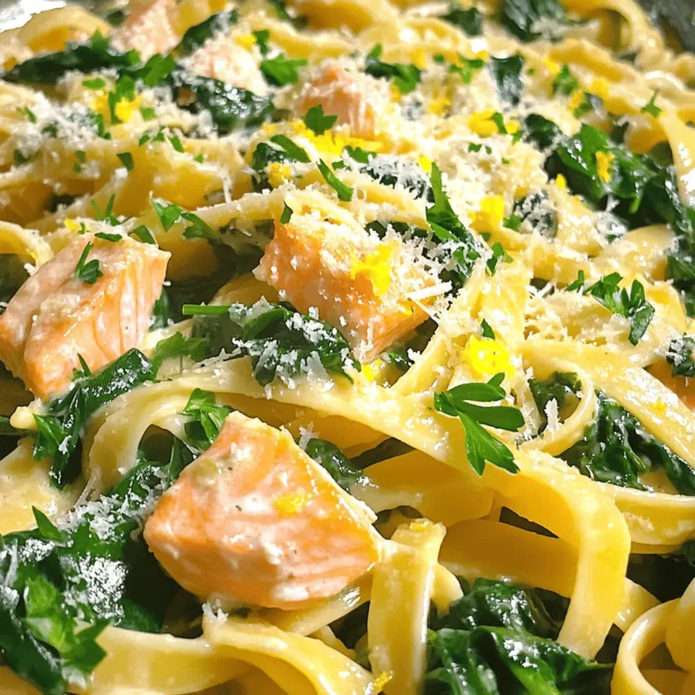 Um die cremige Knoblauch-Lachs-Pasta zu machen, brauchen Sie: - 225 g Fettuccine oder Spaghetti - 2 Lachsfilets (ca. 170 g jedes) - 2 Esslöffel Olivenöl - 4 Knoblauchzehen, fein gehackt - 240 ml Sahne - 100 g frisch geriebener Parmesan - 100 g frischer Babyspinat - 1 Zitrone (abgerieben und ausgepresst) - Salz und Pfeffer nach Geschmack - Frische Petersilie, gehackt (zur Garnitur) Diese Zutaten sind die Basis für die leckere Pasta. Der Lachs liefert gesunde Fette. Die Sahne sorgt für Cremigkeit, und der Knoblauch bringt viel Geschmack. Frische Zutaten machen den Unterschied. Achten Sie beim Kauf von Lachs auf die Farbe. Er sollte leuchtend und glänzend sein. Riechen Sie daran. Frischer Lachs hat keinen starken Fischgeruch. Für den Knoblauch wählen Sie feste Knollen ohne dunkle Flecken. Der Babyspinat sollte knackig und grün sein. Frischer Parmesan schmeckt besser als der geriebene aus der Packung. Wenn Sie Allergien haben, gibt es Alternativen. Für die Sahne können Sie pflanzliche Optionen wie Soja- oder Hafercreme nutzen. Wenn Sie Gluten meiden, wählen Sie glutenfreie Pasta aus Reis oder Mais. Anstelle von Lachs können Sie Hähnchenbrust oder Tofu verwenden. Diese Optionen sind lecker und passen gut. Für das vollständige Rezept schauen Sie sich die vollständige Anleitung an. Um die Pasta optimal zu kochen, nutzen Sie einen großen Topf. Füllen Sie ihn mit Wasser und bringen Sie es zum Kochen. Fügen Sie genügend Salz hinzu, damit die Pasta Geschmack bekommt. Die Fettuccine oder Spaghetti sollten Sie nach der Packungsanleitung kochen. Achten Sie darauf, sie al dente zu kochen. Dies bedeutet, dass die Pasta noch etwas Biss hat. Vergessen Sie nicht, eine Tasse vom Kochwasser aufzuheben. Dieses Wasser hilft später, die Soße zu verdünnen. Die Zubereitung des Lachses ist einfach. Würzen Sie die Lachsfilets mit Salz und Pfeffer. Erhitzen Sie in einer großen Pfanne 1 Esslöffel Olivenöl bei mittlerer Hitze. Legen Sie die Lachsfilets mit der Hautseite nach unten in die Pfanne. Lassen Sie sie etwa 5-6 Minuten braten, bis die Haut knusprig ist. Wenden Sie die Filets und braten Sie sie weitere 2-3 Minuten. Der Lachs ist fertig, wenn er durchgegart ist und leicht auseinanderfällt. Nehmen Sie ihn aus der Pfanne und zerteilen Sie ihn in mundgerechte Stücke. Für die Knoblauch-Sahnesoße nutzen Sie die gleiche Pfanne, in der Sie den Lachs gebraten haben. Fügen Sie 1 Esslöffel Olivenöl hinzu und erhitzen Sie ihn. Geben Sie die fein gehackten Knoblauchzehen in die Pfanne und braten Sie sie etwa 1 Minute an. Der Knoblauch sollte duften, aber nicht braun werden. Nun fügen Sie die Sahne hinzu und rühren alles gut um. Lassen Sie die Soße leicht köcheln. Danach rühren Sie den frisch geriebenen Parmesan ein, bis er schmilzt. Geben Sie dann den Babyspinat hinzu und kochen Sie alles ein paar Minuten, bis der Spinat verwelkt. Um das komplette Rezept zu sehen, schauen Sie sich die [Full Recipe] an. Um Lachs perfekt zu garen, sind die Zeiten entscheidend. Für eine knusprige Haut braten Sie ihn etwa 5-6 Minuten auf der Hautseite. Wenden Sie ihn dann und braten Sie ihn für weitere 2-3 Minuten. Der Lachs sollte innen zart und saftig sein. Verwenden Sie ein Thermometer, um sicherzustellen, dass er 60°C erreicht. So wird der Lachs nicht trocken. Die Soße sollte cremig und glatt sein. Fügen Sie die Sahne langsam hinzu und lassen Sie sie leicht köcheln. Wenn die Soße zu dick ist, verwenden Sie das aufgehobene Nudelwasser. Ein Esslöffel nach dem anderen. So erreichen Sie eine perfekte Konsistenz. Rühren Sie gut um und kosten Sie die Soße. So können Sie sicher sein, dass sie gut gewürzt ist. Die Anrichtung macht viel aus. Garnieren Sie die Pasta mit frischer Petersilie für Farbe und Frische. Ein Spritzer Zitronensaft bringt zusätzlichen Geschmack. Sie können auch einige Zitronenscheiben auf den Tellern anrichten. Das sieht nicht nur schön aus, sondern schmeckt auch toll. Servieren Sie die Pasta in tiefen Tellern für einen eleganten Look. {{image_4}} Gemüse macht dein Gericht bunter und nährstoffreicher. Du kannst zum Beispiel Brokkoli oder Zucchini hinzufügen. Einfach das Gemüse in die Pfanne geben, wenn du die Sahnesoße zubereitest. Das Gemüse wird dann zart, aber bleibt knackig. Spinat ist auch eine tolle Wahl, denn er passt gut zum Lachs und macht die Pasta gesund. Wenn du eine glutenfreie Option suchst, probiere Reisnudeln oder Quinoanudeln. Diese Alternativen sind leicht zu finden und kochen schnell. Achte darauf, die Kochzeit zu prüfen, denn sie kann von der normalen Pasta abweichen. So hast du eine leckere, glutenfreie Variante deiner cremigen Knoblauch-Lachs-Pasta. Möchtest du deiner Pasta einen Kick geben? Füge rote Paprika oder Chili-Flocken hinzu. Diese Zutaten bringen eine würzige Note in das Gericht. Auch frische Kräuter wie Basilikum oder Oregano sind eine gute Wahl. Sie verleihen der Pasta mehr Tiefe und Aroma. Experimentiere mit den Gewürzen, um deinen perfekten Geschmack zu finden. Wenn Sie noch Pasta übrig haben, lagern Sie sie gut. Lassen Sie die Pasta abkühlen, bevor Sie sie in einen luftdichten Behälter geben. Das hilft, die Feuchtigkeit zu halten. Achten Sie darauf, die Soße getrennt zu lagern. So bleibt die Pasta nicht matschig. Um die Soße wieder warm zu machen, verwenden Sie eine Pfanne. Geben Sie etwas Wasser oder Brühe hinzu, um die Soße zu verdünnen. Erhitzen Sie die Soße bei niedriger Hitze, damit sie nicht anbrennt. Rühren Sie oft um, bis sie warm ist. So bleibt der cremige Geschmack erhalten. Im Kühlschrank hält sich die Pasta etwa drei Tage. Achten Sie darauf, sie gut zu verpacken. Im Gefrierfach kann die Pasta bis zu drei Monate halten. Stellen Sie sicher, dass die Pasta in einem gefrierfesten Behälter ist. So bleibt die Qualität gut, wenn Sie sie später genießen möchten. Es dauert etwa 30 Minuten, um die cremige Knoblauch-Lachs-Pasta zuzubereiten. Die Vorbereitungszeit beträgt ungefähr 10 Minuten, während das Kochen der Pasta und des Lachs etwa 20 Minuten in Anspruch nimmt. Dies macht es zu einem schnellen und köstlichen Gericht für jeden Tag. Ja, du kannst andere Fische wie Forelle oder Kabeljau verwenden. Diese Fische haben einen milden Geschmack und passen gut zur cremigen Soße. Achte darauf, die Garzeit anzupassen, da dünnere Filets schneller garen können. Das gibt dir mehr Flexibilität, je nach dem, was du bevorzugst oder zur Hand hast. Die Sahne ist wichtig, um die Soße cremig zu machen. Wenn du eine leichtere Version möchtest, kannst du Milch oder pflanzliche Alternativen wie Mandelmilch verwenden. Das wird jedoch die Cremigkeit und den Geschmack verändern. Experimentiere und finde heraus, was dir am besten gefällt. Die Wahl liegt ganz bei dir! Du kannst das gesamte Rezept in meinem [Full Recipe] finden. Diese Blogpost zeigt, wie man cremige Knoblauch-Lachs-Pasta zubereitet. Wir haben die wichtigsten Zutaten und Tipps zur Auswahl frischer Produkte besprochen. Schritt für Schritt fanden Sie die besten Techniken zum Kochen. Zusätzlich gab es kreative Ideen für Variationen und Aufbewahrung. Kochen kann einfach und lecker sein. Nutzen Sie die Tipps, um Ihr Gericht zu verbessern und zu variieren. Genießen Sie das Kochen und die Freude an gutem Essen!