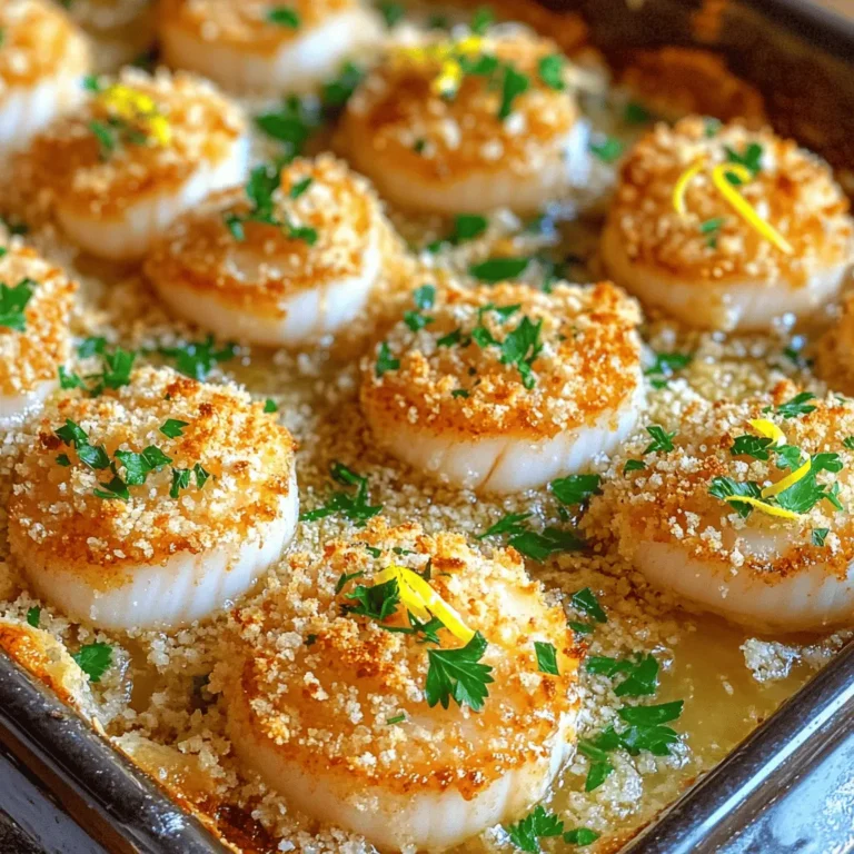 - 450 g Jakobsmuscheln - 60 g ungesalzene Butter - 4 Knoblauchzehen Die Hauptzutaten sind einfach und frisch. Jakobsmuscheln sind der Star des Gerichts. Ich liebe es, sie zu verwenden, weil sie zart und schmackhaft sind. Achten Sie darauf, frische Jakobsmuscheln zu bekommen. Das macht einen großen Unterschied. Die Butter muss ungesalzen sein, damit wir die Kontrolle über den Salzgehalt haben. Frischer Knoblauch bringt den besten Geschmack. - 1 Esslöffel Petersilie - 1 Teelöffel Zitronenschale - ½ Teelöffel Paprika - Salz und Pfeffer Diese Gewürze und Zutaten fügen Tiefe hinzu. Petersilie bringt Frische hinein. Zitronenschale gibt einen fruchtigen Kick. Paprika fügt Farbe und einen leichten Schärfegrad hinzu. Salz und Pfeffer sind Grundgewürze, die das Gericht abrunden. Sie sind wichtig, um den Geschmack zu verstärken. - Verwendung von Panko Semmelbröseln - Tipps für Bio-Zutaten Panko Semmelbrösel sind eine tolle Wahl. Sie machen das Gericht knusprig und leicht. Wenn Sie Bio-Zutaten verwenden, wählen Sie frische, saisonale Produkte. Das verbessert den Geschmack und ist besser für die Umwelt. Achten Sie beim Kauf auf das Bio-Siegel. So wissen Sie, dass die Zutaten gut sind. Für das vollständige Rezept, schauen Sie sich bitte die Sektion "Full Recipe" an. Zuerst heizen Sie Ihren Ofen auf 200°C vor. Ein heißer Ofen hilft, die Jakobsmuscheln perfekt zu garen. Jetzt bereiten wir die Jakobsmuscheln vor. Nehmen Sie 450 g Jakobsmuscheln und tupfen Sie sie trocken. Achten Sie darauf, dass sie sauber sind. Das sorgt für einen klaren Geschmack. Nun mischen wir die Knoblauchbutter. In einer kleinen Schüssel kombinieren Sie die geschmolzene Butter mit 4 fein gehackten Knoblauchzehen. Fügen Sie 1 Esslöffel frische, gehackte Petersilie hinzu. Geben Sie auch 1 Teelöffel Zitronenschale und 1 Esslöffel Zitronensaft dazu. Ein wenig Paprika, Salz und Pfeffer runden den Geschmack ab. Rühren Sie alles gut um. Überprüfen Sie die Konsistenz. Sie sollte cremig und gut gewürzt sein. Jetzt legen Sie die Jakobsmuscheln in eine leicht gefettete Auflaufform. Achten Sie darauf, dass sie genug Platz haben. Löffeln Sie die Knoblauchbutter gleichmäßig über jede Jakobsmuschel. Streuen Sie 120 g Panko Semmelbrösel darüber. Das gibt eine schöne Knusprigkeit. Träufeln Sie die restliche Knoblauchbutter darüber. Backen Sie die Jakobsmuscheln 12-15 Minuten lang. Sie sind fertig, wenn sie undurchsichtig sind und die Semmelbrösel goldbraun werden. Lassen Sie das Gericht ein paar Minuten abkühlen, bevor Sie es servieren. Sie können das komplette Rezept [hier](#) finden. - Garzeit richtig einstellen: Backen Sie die Jakobsmuscheln bei 200°C für 12-15 Minuten. Achten Sie darauf, dass sie nicht zu lange im Ofen sind. Überbackene Jakobsmuscheln sollten fest, aber nicht gummiartig sein. - Frische Jakobsmuscheln auswählen: Wählen Sie Jakobsmuscheln, die frisch und klar aussehen. Sie sollten einen milden Geruch nach Meer haben. Vermeiden Sie Muscheln, die unangenehm riechen oder geöffnet sind. - Zusätzliche Kräuter hinzufügen: Frische Kräuter wie Thymian oder Basilikum passen gut zu Knoblauchbutter. Diese Kräuter bringen mehr Geschmack und Farbe in das Gericht. - Variation in den Gewürzen: Experimentieren Sie mit Gewürzen. Fügen Sie einen Hauch Chili oder Zitronenpfeffer hinzu. Diese kleinen Änderungen können einen großen Unterschied machen. - Anrichten auf dem Servierteller: Platzieren Sie die Jakobsmuscheln gleichmäßig auf einem schönen Teller. Das Auge isst mit, also achten Sie auf ein ansprechendes Design. - Dekorationsideen: Garnieren Sie mit frischen Petersilienblättern und Zitronenscheiben. Diese einfachen Ergänzungen verleihen dem Gericht einen frischen Look und machen es einladender. {{image_4}} Sie können Ihre gebackenen Jakobsmuscheln mit verschiedenen Kräutern verfeinern. Thymian und Oregano sind hervorragende Optionen. Diese Kräuter bringen eine frische Note und heben den Geschmack der Muscheln hervor. Einfach etwas davon in die Knoblauchbutter mischen. Das gibt dem Gericht einen neuen Twist. Für Käseliebhaber gibt es eine leckere Idee: Fügen Sie geriebenen Parmesan oder Pecorino zu den Semmelbröseln hinzu. Das macht die Kruste noch schmackhafter. Sie können auch eine Mischung aus verschiedenen Käsesorten verwenden. Das sorgt für mehr Tiefe im Geschmack und einen tollen Käsegeschmack. Wenn Sie eine vegetarische Option suchen, probieren Sie gebackene Pilze als Ersatz. Sie haben eine ähnliche Textur und nehmen die Aromen gut auf. Blumenkohl oder Tofu sind ebenfalls gute Alternativen. Diese Optionen bieten eine schmackhafte und nahrhafte Variante ohne Meeresfrüchte. So können auch Vegetarier das Gericht genießen. Wenn Sie die gesamte Zubereitung sehen möchten, schauen Sie sich das [Full Recipe] an. Um die Jakobsmuscheln frisch zu halten, sollten Sie sie schnell kühlen. Legen Sie die Reste in einen luftdichten Behälter. So bleiben sie für etwa zwei Tage frisch. Wenn Sie die Jakobsmuscheln länger aufbewahren möchten, frieren Sie sie ein. Achten Sie darauf, sie gut einzupacken, um Gefrierbrand zu vermeiden. Nutzen Sie einen Gefrierbeutel oder Frischhaltefolie. So bleiben die Jakobsmuscheln bis zu drei Monate genießbar. Jakobsmuscheln bleiben im Kühlschrank etwa zwei Tage frisch. Wenn Sie sie eingefroren haben, können sie bis zu drei Monate halten. Zum Aufwärmen empfehle ich, die Jakobsmuscheln vorsichtig zu erhitzen. Verwenden Sie den Ofen bei 180°C für etwa 10 Minuten. Alternativ können Sie die Mikrowelle nutzen. Reduzieren Sie in diesem Fall die Zeit auf etwa zwei bis drei Minuten. So bleiben die Muscheln saftig und lecker. Wenn Sie Zeit sparen möchten, bereiten Sie die Jakobsmuscheln im Voraus vor. Mischen Sie die Knoblauchbutter und legen Sie die Muscheln in die Auflaufform. Decken Sie die Auflaufform mit Frischhaltefolie ab. So können Sie sie bis zu einem Tag im Kühlschrank aufbewahren. Zum schnellen Aufwärmen legen Sie die Auflaufform in den Ofen. Alternativ können Sie die Mikrowelle nutzen, wenn es schneller gehen soll. So haben Sie ein köstliches Gericht in kürzester Zeit. Die ideale Backzeit für Jakobsmuscheln ist 12-15 Minuten. Stellen Sie den Ofen auf 200°C ein. Die Jakobsmuscheln sind fertig, wenn sie undurchsichtig sind und die Semmelbrösel goldbraun werden. Achten Sie darauf, dass sie gleichmäßig garen. Überbacken Sie sie nicht zu lange, sonst werden sie zäh. Ja, gefrorene Jakobsmuscheln sind gut geeignet. Lassen Sie sie zuerst im Kühlschrank auftauen. Tupfen Sie sie dann trocken, bevor Sie sie zubereiten. So verhindern Sie, dass die Jakobsmuscheln wässrig werden. Verwenden Sie dieselben Schritte wie im Rezept. Sie benötigen eventuell einen zusätzlichen Minuten Aufbackzeit. Ja, Sie können die Knoblauchbutter im Voraus zubereiten. Mischen Sie die Zutaten wie beim Rezept angegeben. Lagern Sie die Butter in einem luftdichten Behälter im Kühlschrank. So bleibt sie frisch für bis zu einer Woche. Vor der Verwendung können Sie sie leicht aufwärmen, um die Aromen zu aktivieren. Ja, es gibt gesunde Alternativen für Butter. Sie können Pflanzenöle wie Olivenöl oder Avocadoöl verwenden. Margarine ist auch eine gute Wahl. Diese Optionen sind oft fettärmer und können den Geschmack verändern. Experimentieren Sie mit verschiedenen Ölen, um Ihren Lieblingsgeschmack zu finden. Jakobsmuscheln sind lecker und einfach zuzubereiten. Wir haben die Hauptzutaten und die Schritte besprochen. Die Knoblauchbutter macht das Gericht besonders. Denkt an unsere Tipps, um die Muscheln perfekt zu garen. Variationen wie Käse-Crums oder vegetarische Optionen bringen Abwechslung. Reste kann man einfach lagern und aufwärmen. Probiert es aus, und genießt jede Biss!