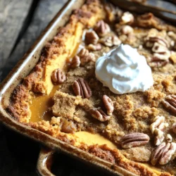 Für einen leckeren Kürbisgewürz-Dump-Kuchen brauchst du folgende Zutaten: - 1 Dose (425 g) Kürbispüree - 1 Dose (360 ml) gesüßte Kondensmilch - 3 große Eier - 200 g Zucker - 1 Teelöffel Vanilleextrakt - 1 Esslöffel Kürbiskuchengewürz - 1 Packung gelbe Kuchenmischung - 125 g ungesalzene Butter, geschmolzen - 1 Tasse gehackte Pekannüsse (optional) - Schlagsahne zum Servieren Bei der Auswahl der Zutaten ist Qualität wichtig. Verwende frisches Kürbispüree für den besten Geschmack. Achte darauf, dass die gesüßte Kondensmilch hochqualitativ ist, um eine reiche Süße zu erzielen. Das Kürbiskuchengewürz sollte frisch sein, damit die Aromen gut zur Geltung kommen. Verwende auch echte Vanille, wenn möglich. Diese kleinen Dinge machen einen großen Unterschied. Falls du keine gesüßte Kondensmilch hast, kannst du auch Milch und Zucker mischen. Nutze 1 Tasse Milch mit 100 g Zucker. Für eine glutenfreie Version kannst du glutenfreie Kuchenmischung verwenden. Du kannst auch die Pekannüsse weglassen, wenn du Nüsse nicht magst. Stattdessen kannst du auch Schokoladenstückchen verwenden. Diese kleinen Anpassungen helfen, den Kuchen nach deinem Geschmack zu gestalten. Heizen Sie Ihren Ofen auf 175°C vor. Stellen Sie sicher, dass er gut vorgeheizt ist. Fetten Sie eine Backform mit Antihaftspray ein. Eine 23x33 cm große Form funktioniert am besten. So bleibt der Kuchen leicht in der Form. Nehmen Sie eine große Schüssel für die Kürbismischung. Geben Sie das Kürbispüree, die gesüßte Kondensmilch, die Eier, den Zucker, den Vanilleextrakt und das Kürbiskuchengewürz hinein. Mischen Sie alles gut mit einem Schneebesen. Achten Sie darauf, dass die Masse glatt und gleichmäßig ist. Dies gibt dem Kuchen eine tolle Textur. Gießen Sie die Kürbismischung gleichmäßig in die vorbereitete Backform. Streichen Sie die Oberfläche glatt. Streuen Sie nun die trockene gelbe Kuchenmischung über die Kürbismischung. Achten Sie darauf, dass sie überall verteilt ist. Träufeln Sie die geschmolzene Butter gleichmäßig darüber. Wenn Sie mögen, fügen Sie die gehackten Pekannüsse obenauf hinzu. - Backzeit und Wie man testet, ob der Kuchen fertig ist: Backen Sie den Kuchen für 45-50 Minuten. Die oberste Schicht sollte goldbraun sein. Stechen Sie mit einem Zahnstocher in die Mitte. Wenn er sauber herauskommt, ist der Kuchen fertig. Lassen Sie den Dump-Kuchen etwas abkühlen, bevor Sie ihn servieren. Um den Geschmack Ihres Kürbisgewürz-Dump-Kuchens zu verbessern, nutzen Sie frische Zutaten. Frisches Kürbispüree kann mehr Geschmack bringen als die aus der Dose. Fügen Sie auch eine Prise Salz hinzu, um die Süße zu balancieren. Verwenden Sie hochwertiges Kürbiskuchengewürz für einen intensiveren Geschmack. Wenn Sie Nüsse mögen, sind Pekannüsse eine tolle Ergänzung. Sie geben Textur und einen nussigen Geschmack. Ein häufiger Fehler ist, die Zutaten nicht richtig zu vermengen. Achten Sie darauf, die Kürbismischung gut zu verrühren. So wird der Kuchen gleichmäßig. Ein weiterer Fehler ist, die Backzeit nicht zu beachten. Überprüfen Sie den Kuchen nach 45 Minuten. Wenn er nicht fest ist, lassen Sie ihn länger backen. Lassen Sie den Kuchen auch gut abkühlen, bevor Sie ihn servieren. So bleibt er saftig und lässt sich besser schneiden. Servieren Sie den Kuchen warm oder bei Raumtemperatur. Ein Klecks Schlagsahne macht ihn noch schmackhafter. Für einen tollen Anblick, streuen Sie ein wenig Zimt oder Karamellsoße darüber. Sie können auch kleine Stücke schneiden und auf einem schönen Teller anrichten. Ein frisches Blatt Minze kann als Deko dienen. Genießen Sie diesen Kuchen mit Freunden oder Familie für ein perfektes Dessert. {{image_4}} Manchmal möchte ich den traditionellen Kürbisgewürz-Dump-Kuchen aufpeppen. Eine tolle Idee ist es, Schokolade hinzuzufügen. Statt nur Kürbispüree, mische ich etwas Kakaopulver in die Kürbismischung. Das gibt dem Kuchen eine schokoladige Tiefe. Ich liebe auch Nüsse. Gehackte Walnüsse oder Mandeln geben einen tollen Crunch. Fügen Sie sie einfach zur Kuchenmischung hinzu. So bekommt der Dump-Kuchen eine andere Textur und einen nussigen Geschmack, der perfekt zu Kürbis passt. Für den Herbst kann ich dem Kuchen auch Äpfel oder Cranberries hinzufügen. Das bringt frische und eine süße Säure ins Spiel. Ich schneide die Äpfel in kleine Stücke und mische sie unter die Kürbismischung. Dies macht den Kuchen fruchtiger und sehr lecker. Zu Weihnachten füge ich Gewürze wie Zimt oder Muskatnuss hinzu. Das sorgt für ein festliches Aroma, das die ganze Küche erfüllt. Diese kleinen Anpassungen machen den Dump-Kuchen zu einem besonderen Highlight für jede Feier. Wenn ich eine vegane Version machen möchte, ersetze ich die Eier durch Apfelmus oder Leinsamen. Das funktioniert sehr gut und hält den Kuchen feucht. Auch die gesüßte Kondensmilch kann ich durch Kokosmilch oder eine pflanzliche Alternative ersetzen. Für glutenfreie Optionen benutze ich eine glutenfreie Kuchenmischung. Es gibt viele gute Marken im Geschäft. Auch hier bleibt der Geschmack köstlich! So kann jeder den Kürbisgewürz-Dump-Kuchen genießen. Wenn Sie mehr über das Rezept erfahren möchten, schauen Sie sich das [Full Recipe] an! Um Ihren Kürbisgewürz-Dump-Kuchen frisch zu halten, sollten Sie ihn in einen luftdichten Behälter legen. Wenn Sie keinen haben, wickeln Sie ihn in Frischhaltefolie. Lagern Sie den Kuchen im Kühlschrank. So bleibt er länger saftig und lecker. Achten Sie darauf, dass der Kuchen vollständig abgekühlt ist, bevor Sie ihn einlagern. Ihr Kürbisgewürz-Dump-Kuchen hält sich im Kühlschrank etwa 4 bis 5 Tage. Wenn Sie Reste haben, können Sie sie leicht wieder aufpeppen. Schneiden Sie ein Stück ab und servieren Sie es mit Schlagsahne oder etwas Zimt. Sie können auch kleine Stücke einfrieren. Wickeln Sie sie gut ein, um Gefrierbrand zu vermeiden. So können Sie später einen schnellen Snack genießen. Um den Kuchen aufzuwärmen, nehmen Sie ein Stück heraus und legen Sie es auf einen Teller. Sie können ihn für etwa 15 bis 20 Sekunden in die Mikrowelle stellen. Achten Sie darauf, ihn nicht zu lange zu erhitzen, da er sonst trocken wird. Eine andere Methode ist, ihn im Ofen bei 150°C für etwa 10 Minuten zu backen. So bleibt der Kuchen warm und die Konsistenz bleibt gut. Ein Kürbisgewürz-Dump-Kuchen ist ein einfacher und leckerer Kuchen. Er kombiniert Kürbispüree mit Gewürzen und einer Kuchenmischung. Der Kuchen hat eine schöne, saftige Textur. Man macht ihn, indem man die Zutaten einfach in eine Form gibt und backt. Es ist eine tolle Wahl für den Herbst. Ja, du kannst frisches Kürbispüree verwenden! Es gibt dem Kuchen einen tollen Geschmack. Achte darauf, das Kürbispüree gut zu pürieren. Es sollte glatt und frei von Klumpen sein. Frisches Püree kann etwas feuchter sein. Vielleicht musst du die Backzeit anpassen. Die Vorbereitung dauert nur etwa 15 Minuten. Das Backen selbst braucht 45-50 Minuten. Insgesamt bist du in einer Stunde fertig. So hast du schnell einen leckeren Kuchen für deine Familie oder Freunde. Wenn dein Dump-Kuchen nicht aufgeht, kann es an mehreren Dingen liegen. Vielleicht hast du die Backzeit nicht lange genug eingehalten. Auch die Ofentemperatur kann eine Rolle spielen. Überprüfe, ob dein Ofen richtig heizt. Eine falsche Mischung der Zutaten kann auch das Problem sein. Der Kürbisgewürz-Dump-Kuchen ist einfach und lecker. Wir haben die besten Zutaten, Zubereitungsschritte und Tipps besprochen. Variationen und Lagerung helfen dir, den Kuchen lange zu genießen. Du kannst den Geschmack anpassen und Fehler vermeiden. Probiere alle Ideen aus und finde deinen Favoriten. Mit diesen Informationen bereitest du einen tollen Kuchen zu, der jeden beeindruckt. Viel Spaß beim Backen!