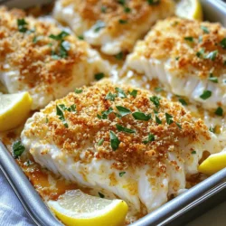 - 4 Kabeljaufilets (je etwa 170 g) - 120 ml Mayonnaise - 2 Esslöffel Dijon-Senf - 1 Esslöffel Zitronensaft - 1 Teelöffel Knoblauchpulver - 1 Teelöffel geräucherte Paprika - 1 Teelöffel frische Petersilie, gehackt (plus extra zum Garnieren) - Salz und Pfeffer nach Geschmack Die Hauptzutaten sind wichtig für den Geschmack. Kabeljaufilets sind zart und gesund. Sie schmecken gut mit der Mayonnaise und dem Senf. Diese Mischung gibt dem Fisch die nötige Feuchtigkeit und einen tollen Geschmack. Gewürze wie Knoblauchpulver und Paprika bringen die Aromen zum Leben. Frische Kräuter wie Petersilie sorgen für einen frischen Kick. - Schale von 1 Zitrone - 60 g Paniermehl (am besten Panko für den Crunch) Zusätzliche Zutaten bringen noch mehr Geschmack. Der Zitronenabrieb gibt eine frische Note. Panko ist besonders knusprig und macht die Kruste lecker. Diese Kombination macht das Gericht noch besser. Für das vollständige Rezept, schauen Sie sich den Full Recipe an. 1. Ofen vorheizen: Heizen Sie Ihren Ofen auf 200°C vor. Dadurch wird der Kabeljau gleichmäßig gar. 2. Backform vorbereiten: Fetten Sie eine Backform leicht mit Antihaftspray oder Olivenöl ein. So bleibt der Fisch nicht kleben. - Mischung der Zutaten: In einer Schüssel kombinieren Sie die Mayonnaise, den Dijon-Senf, den Zitronensaft, das Knoblauchpulver, die geräucherte Paprika, die Zitronenschale und die gehackte Petersilie. Rühren Sie gut, bis alles glatt ist. Diese Mischung gibt dem Kabeljau seinen tollen Geschmack. - Würzen und bestreichen: Nehmen Sie die Kabeljaufilets und tupfen Sie sie mit einem Papiertuch trocken. Würzen Sie jede Seite mit Salz und Pfeffer. Legen Sie dann die Filets in die Backform. Verteilen Sie die Mayonnaise-Mischung großzügig auf jedem Filet. Das sorgt für einen leckeren Geschmack. - Dauer und Temperatur: Stellen Sie die Backform in den vorgeheizten Ofen. Backen Sie die Filets 15-20 Minuten. Der Kabeljau ist fertig, wenn er bei leichtem Druck mit einer Gabel auseinanderfällt und die Panade goldbraun ist. Achten Sie darauf, dass er nicht zu lange im Ofen bleibt, damit er saftig bleibt. Um den perfekten Garpunkt zu erkennen, achte auf die Farbe und die Textur des Kabeljaus. Der Fisch sollte undurchsichtig und leicht flockig sein. Wenn du mit einer Gabel leicht hineinstechen kannst und der Fisch sich trennt, ist er fertig. Bei 200°C backt der Kabeljau in 15-20 Minuten perfekt. Um den Crunch-Faktor zu erhöhen, verwende Panko statt normalem Paniermehl. Panko hat eine gröbere Struktur und macht die Kruste besonders knusprig. Streue das Panko gleichmäßig über die Kabeljaufilets. Es sorgt für eine tolle Textur und einen leckeren Biss. Für eine schöne Präsentation kombiniere den Kabeljau mit frischen Beilagen. Probiere gedünstetes Gemüse, wie Brokkoli oder grüne Bohnen. Reis oder Quinoa passen auch gut dazu. Garnieren kannst du mit frischen Zitronenscheiben und etwas zusätzlich gehackter Petersilie. Diese Ideen verleihen dem Gericht Frische und Farbe. Finde die vollständige Anleitung für dieses leckere Gericht in der [Full Recipe]. {{image_4}} Für mehr Geschmack können Sie verschiedene Kräuter und Gewürze verwenden. Basilikum, Thymian oder Oregano passen gut zu Kabeljau. Sie können auch etwas Cayennepfeffer für einen Kick hinzufügen. Versuchen Sie, frische Kräuter zu verwenden. Sie geben dem Gericht einen tollen Duft. Es gibt viele Mayo-Variationen, die Sie ausprobieren können. Fügen Sie eine Prise Curry hinzu, um eine würzige Note zu erhalten. Oder mischen Sie die Mayo mit Avocado für eine cremige Textur. Knoblauchmayo oder Chipotle-Mayo bringen ebenfalls neuen Schwung. Experimentieren Sie mit verschiedenen Aromen, um Ihre perfekte Soße zu finden. Grillgemüse oder Reis sind ideale Ergänzungen zu gebackenem Kabeljau. Sie bringen Frische und Farbe auf den Teller. Probieren Sie auch einen frischen Salat. Ein leichter Salat mit Zitrusfrüchten passt perfekt. Diese Beilagen runden Ihr Essen ab und machen es noch leckerer. Um Reste von Ihrem Geschmackvollen Kabeljau mit Mayonnaise zu lagern, sollten Sie einige einfache Schritte befolgen. Zuerst lassen Sie den Kabeljau auf Raumtemperatur abkühlen. Danach legen Sie die Reste in einen luftdichten Behälter. Diese Methode hilft, den frischen Geschmack zu bewahren. - Kühlschrank: Im Kühlschrank bleiben die Reste bis zu drei Tage frisch. Achten Sie darauf, den Behälter gut zu verschließen, um Gerüche zu vermeiden. - Gefrierschrank: Für eine längere Lagerung können Sie die Reste bis zu drei Monate im Gefrierschrank aufbewahren. Verpacken Sie die Portionen gut, um Gefrierbrand zu verhindern. Wenn es Zeit ist, die Reste wieder aufzuwärmen, gibt es ein paar Tipps für den besten Geschmack. 1. Ofen: Heizen Sie den Ofen auf 180°C vor. Legen Sie den Kabeljau in eine Auflaufform. Bedecken Sie ihn leicht mit Folie, um das Austrocknen zu verhindern. Erwärmen Sie ihn für etwa 10 bis 15 Minuten. 2. Mikrowelle: Wenn Sie es schneller mögen, können Sie die Mikrowelle nutzen. Stellen Sie die Leistung auf mittel und erwärmen Sie den Fisch in kurzen Intervallen. Überprüfen Sie regelmäßig, um sicherzustellen, dass er nicht überhitzt. Mit diesen Tipps bleibt Ihr Kabeljau auch nach dem ersten Genuss lecker und frisch. Die optimale Backzeit für Kabeljau ist 15 bis 20 Minuten. Ich empfehle, den Fisch bei 200°C zu backen. Nach 15 Minuten können Sie ihn testen. Drücken Sie leicht mit einer Gabel auf den Fisch. Wenn er leicht zerfällt, ist er fertig. Die Panade sollte goldbraun sein. Diese Zeit sorgt für einen zarten und saftigen Fisch. Ja, es gibt viele leckere Alternativen. Sie können Lachs oder Heilbutt verwenden. Diese Fische haben einen ähnlichen Geschmack und eine gute Textur. Achten Sie darauf, die Backzeit anzupassen. Dickere Filets brauchen mehr Zeit. Dünnere Filets sind schneller gar. Das Gericht kann gut in Diäten passen, wenn Sie die Zutaten anpassen. Verwenden Sie fettarme Mayo oder griechischen Joghurt für weniger Kalorien. Kabeljau ist zudem reich an Proteinen und hat wenig Fett. Dies macht ihn zu einer nahrhaften Wahl. Die frischen Kräuter fügen Vitamine hinzu. Nutzen Sie die Nährwertinformationen, um gesunde Portionen zu planen. Wenn Sie mehr über die Nährwerte erfahren möchten, schauen Sie sich das Full Recipe an. Diese Anleitung bietet dir alles, was du für ein leckeres Kabeljau-Gericht brauchst. Du hast die Hauptzutaten gelernt, das Backen Schritt für Schritt verstanden und nützliche Tipps erhalten. Außerdem hast du Variationen entdeckt, um das Rezept nach deinem Geschmack anzupassen. Denke daran, die Reste richtig zu lagern und aufzufrischen. Genieße das Kochen und sei kreativ. So zauberst du jederzeit ein köstliches Gericht auf den Tisch. Viel Spaß beim Ausprobieren!