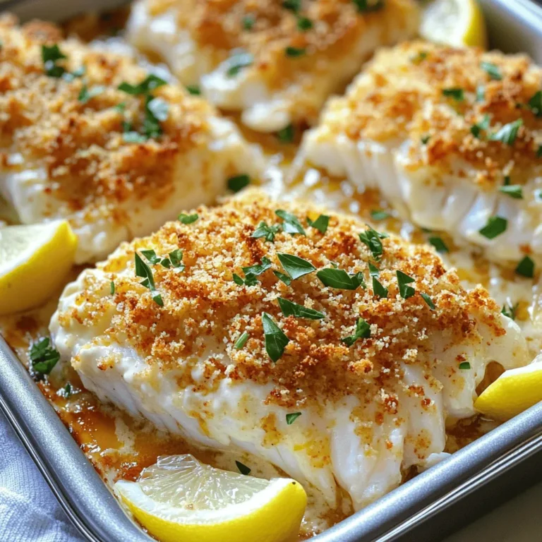 - 4 Kabeljaufilets (je etwa 170 g) - 120 ml Mayonnaise - 2 Esslöffel Dijon-Senf - 1 Esslöffel Zitronensaft - 1 Teelöffel Knoblauchpulver - 1 Teelöffel geräucherte Paprika - 1 Teelöffel frische Petersilie, gehackt (plus extra zum Garnieren) - Salz und Pfeffer nach Geschmack Die Hauptzutaten sind wichtig für den Geschmack. Kabeljaufilets sind zart und gesund. Sie schmecken gut mit der Mayonnaise und dem Senf. Diese Mischung gibt dem Fisch die nötige Feuchtigkeit und einen tollen Geschmack. Gewürze wie Knoblauchpulver und Paprika bringen die Aromen zum Leben. Frische Kräuter wie Petersilie sorgen für einen frischen Kick. - Schale von 1 Zitrone - 60 g Paniermehl (am besten Panko für den Crunch) Zusätzliche Zutaten bringen noch mehr Geschmack. Der Zitronenabrieb gibt eine frische Note. Panko ist besonders knusprig und macht die Kruste lecker. Diese Kombination macht das Gericht noch besser. Für das vollständige Rezept, schauen Sie sich den Full Recipe an. 1. Ofen vorheizen: Heizen Sie Ihren Ofen auf 200°C vor. Dadurch wird der Kabeljau gleichmäßig gar. 2. Backform vorbereiten: Fetten Sie eine Backform leicht mit Antihaftspray oder Olivenöl ein. So bleibt der Fisch nicht kleben. - Mischung der Zutaten: In einer Schüssel kombinieren Sie die Mayonnaise, den Dijon-Senf, den Zitronensaft, das Knoblauchpulver, die geräucherte Paprika, die Zitronenschale und die gehackte Petersilie. Rühren Sie gut, bis alles glatt ist. Diese Mischung gibt dem Kabeljau seinen tollen Geschmack. - Würzen und bestreichen: Nehmen Sie die Kabeljaufilets und tupfen Sie sie mit einem Papiertuch trocken. Würzen Sie jede Seite mit Salz und Pfeffer. Legen Sie dann die Filets in die Backform. Verteilen Sie die Mayonnaise-Mischung großzügig auf jedem Filet. Das sorgt für einen leckeren Geschmack. - Dauer und Temperatur: Stellen Sie die Backform in den vorgeheizten Ofen. Backen Sie die Filets 15-20 Minuten. Der Kabeljau ist fertig, wenn er bei leichtem Druck mit einer Gabel auseinanderfällt und die Panade goldbraun ist. Achten Sie darauf, dass er nicht zu lange im Ofen bleibt, damit er saftig bleibt. Um den perfekten Garpunkt zu erkennen, achte auf die Farbe und die Textur des Kabeljaus. Der Fisch sollte undurchsichtig und leicht flockig sein. Wenn du mit einer Gabel leicht hineinstechen kannst und der Fisch sich trennt, ist er fertig. Bei 200°C backt der Kabeljau in 15-20 Minuten perfekt. Um den Crunch-Faktor zu erhöhen, verwende Panko statt normalem Paniermehl. Panko hat eine gröbere Struktur und macht die Kruste besonders knusprig. Streue das Panko gleichmäßig über die Kabeljaufilets. Es sorgt für eine tolle Textur und einen leckeren Biss. Für eine schöne Präsentation kombiniere den Kabeljau mit frischen Beilagen. Probiere gedünstetes Gemüse, wie Brokkoli oder grüne Bohnen. Reis oder Quinoa passen auch gut dazu. Garnieren kannst du mit frischen Zitronenscheiben und etwas zusätzlich gehackter Petersilie. Diese Ideen verleihen dem Gericht Frische und Farbe. Finde die vollständige Anleitung für dieses leckere Gericht in der [Full Recipe]. {{image_4}} Für mehr Geschmack können Sie verschiedene Kräuter und Gewürze verwenden. Basilikum, Thymian oder Oregano passen gut zu Kabeljau. Sie können auch etwas Cayennepfeffer für einen Kick hinzufügen. Versuchen Sie, frische Kräuter zu verwenden. Sie geben dem Gericht einen tollen Duft. Es gibt viele Mayo-Variationen, die Sie ausprobieren können. Fügen Sie eine Prise Curry hinzu, um eine würzige Note zu erhalten. Oder mischen Sie die Mayo mit Avocado für eine cremige Textur. Knoblauchmayo oder Chipotle-Mayo bringen ebenfalls neuen Schwung. Experimentieren Sie mit verschiedenen Aromen, um Ihre perfekte Soße zu finden. Grillgemüse oder Reis sind ideale Ergänzungen zu gebackenem Kabeljau. Sie bringen Frische und Farbe auf den Teller. Probieren Sie auch einen frischen Salat. Ein leichter Salat mit Zitrusfrüchten passt perfekt. Diese Beilagen runden Ihr Essen ab und machen es noch leckerer. Um Reste von Ihrem Geschmackvollen Kabeljau mit Mayonnaise zu lagern, sollten Sie einige einfache Schritte befolgen. Zuerst lassen Sie den Kabeljau auf Raumtemperatur abkühlen. Danach legen Sie die Reste in einen luftdichten Behälter. Diese Methode hilft, den frischen Geschmack zu bewahren. - Kühlschrank: Im Kühlschrank bleiben die Reste bis zu drei Tage frisch. Achten Sie darauf, den Behälter gut zu verschließen, um Gerüche zu vermeiden. - Gefrierschrank: Für eine längere Lagerung können Sie die Reste bis zu drei Monate im Gefrierschrank aufbewahren. Verpacken Sie die Portionen gut, um Gefrierbrand zu verhindern. Wenn es Zeit ist, die Reste wieder aufzuwärmen, gibt es ein paar Tipps für den besten Geschmack. 1. Ofen: Heizen Sie den Ofen auf 180°C vor. Legen Sie den Kabeljau in eine Auflaufform. Bedecken Sie ihn leicht mit Folie, um das Austrocknen zu verhindern. Erwärmen Sie ihn für etwa 10 bis 15 Minuten. 2. Mikrowelle: Wenn Sie es schneller mögen, können Sie die Mikrowelle nutzen. Stellen Sie die Leistung auf mittel und erwärmen Sie den Fisch in kurzen Intervallen. Überprüfen Sie regelmäßig, um sicherzustellen, dass er nicht überhitzt. Mit diesen Tipps bleibt Ihr Kabeljau auch nach dem ersten Genuss lecker und frisch. Die optimale Backzeit für Kabeljau ist 15 bis 20 Minuten. Ich empfehle, den Fisch bei 200°C zu backen. Nach 15 Minuten können Sie ihn testen. Drücken Sie leicht mit einer Gabel auf den Fisch. Wenn er leicht zerfällt, ist er fertig. Die Panade sollte goldbraun sein. Diese Zeit sorgt für einen zarten und saftigen Fisch. Ja, es gibt viele leckere Alternativen. Sie können Lachs oder Heilbutt verwenden. Diese Fische haben einen ähnlichen Geschmack und eine gute Textur. Achten Sie darauf, die Backzeit anzupassen. Dickere Filets brauchen mehr Zeit. Dünnere Filets sind schneller gar. Das Gericht kann gut in Diäten passen, wenn Sie die Zutaten anpassen. Verwenden Sie fettarme Mayo oder griechischen Joghurt für weniger Kalorien. Kabeljau ist zudem reich an Proteinen und hat wenig Fett. Dies macht ihn zu einer nahrhaften Wahl. Die frischen Kräuter fügen Vitamine hinzu. Nutzen Sie die Nährwertinformationen, um gesunde Portionen zu planen. Wenn Sie mehr über die Nährwerte erfahren möchten, schauen Sie sich das Full Recipe an. Diese Anleitung bietet dir alles, was du für ein leckeres Kabeljau-Gericht brauchst. Du hast die Hauptzutaten gelernt, das Backen Schritt für Schritt verstanden und nützliche Tipps erhalten. Außerdem hast du Variationen entdeckt, um das Rezept nach deinem Geschmack anzupassen. Denke daran, die Reste richtig zu lagern und aufzufrischen. Genieße das Kochen und sei kreativ. So zauberst du jederzeit ein köstliches Gericht auf den Tisch. Viel Spaß beim Ausprobieren!