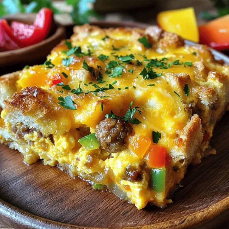 - 8 große Eier - 450 g gehackte Würstchen - 200 g geriebener Cheddar-Käse - 480 ml Vollmilch - 4 Scheiben Brot - 1 Paprika, gewürfelt - 1 kleine Zwiebel, gewürfelt - 1 Teelöffel Knoblauchpulver - 1 Teelöffel getrockneter Oregano - Salz und Pfeffer nach Geschmack - Frische Petersilie zur Garnierung (optional) Die Hauptzutaten sind wichtig für den Geschmack des Auflaufs. Ich benutze immer frische Eier. Die Qualität der Eier macht einen großen Unterschied. Die gehackten Würstchen können mild oder scharf sein. Ich mag es, verschiedene Würstchen zu testen. Der geriebene Cheddar-Käse sorgt für einen köstlichen Geschmack und eine schöne Farbe. Achten Sie darauf, guten Käse zu wählen. Die weiteren Zutaten sind einfach zu finden. Vollmilch macht den Auflauf cremig. Das Brot gibt dem Gericht Struktur. Ich empfehle, das Brot in kleine Würfel zu schneiden. Die gewürfelte Paprika bringt Farbe und einen leichten Crunch. Sie können rote oder grüne Paprika verwenden, je nach Vorliebe. Die Gewürze geben dem Auflauf den letzten Schliff. Zwiebeln und Knoblauchpulver fügen Tiefe hinzu. Oregano ist ein Klassiker und passt gut zu Eiern. Sie können die Petersilie ganz nach Wunsch verwenden. Sie sieht nicht nur gut aus, sie schmeckt auch frisch. Für das vollständige Rezept schauen Sie sich bitte die [Full Recipe] an. - Ofen auf 175 °C vorheizen - Würstchen braten und überschüssiges Fett ablassen Zuerst heizt du deinen Ofen auf 175 °C vor. Dies sorgt dafür, dass dein Auflauf gleichmäßig gart. Während der Ofen heizt, brate die gehackten Würstchen in einer Pfanne bei mittlerer Hitze. Brate sie, bis sie schön gebräunt sind und der köstliche Duft deine Küche erfüllt. Lass das überschüssige Fett ab, um die Mischung nicht zu fettig zu machen. Gib die gebratenen Würstchen dann in eine große Rührschüssel. - Zwiebel und Paprika in der Pfanne anbraten - Zutaten in eine große Rührschüssel geben Jetzt kommt der nächste Schritt. Nimm dieselbe Pfanne, in der du die Würstchen gebraten hast. Füge die gewürfelte Zwiebel und die Paprika hinzu. Sautiere sie, bis die Zwiebel glasig ist. Das dauert nur etwa fünf Minuten. Diese Aromen werden deinem Auflauf eine tolle Tiefe geben. Gib das Gemüse zu den Würstchen in die Rührschüssel. - Eier, Milch und Gewürze gut verquirlen - Brotwürfel hinzufügen und alles vermischen In einer separaten Schüssel verquirlst du die Eier, die Milch und die Gewürze wie Knoblauchpulver und Oregano. Das sorgt für ein würziges Aroma. Gib die Mischung gut durch, bis alles gut vermischt ist. Jetzt ist es Zeit, die gewürfelten Brotscheiben hinzuzufügen. Mische alles vorsichtig, damit die Brotwürfel die Eimischung gut aufnehmen. - Mischung in eine gefettete Auflaufform geben - Mit Cheddar-Käse bestreuen und backen Gib die fertige Mischung in eine gefettete Auflaufform. Achte darauf, dass alles gleichmäßig verteilt ist. Streue dann den geriebenen Cheddar-Käse obenauf. Der Käse wird beim Backen schön schmelzen und eine goldene Kruste bilden. Schiebe die Form in den vorgeheizten Ofen und backe den Auflauf 35 bis 40 Minuten lang. Die Mischung sollte in der Mitte fest sein und der Käse goldbraun werden. Jetzt kannst du dich auf den köstlichen Geruch freuen, der bald deinen Raum füllt! - Die richtige Konsistenz der Eiermasse finden: Die Eiermasse muss gut vermischt sein. Achten Sie darauf, dass die Milch gleichmäßig untergerührt ist. So bleibt der Auflauf schön fluffig und saftig. - Backzeit anpassen für unterschiedliche Öfen: Jeder Ofen ist anders. Überprüfen Sie nach 30 Minuten die Konsistenz. Wenn die Mitte noch weich ist, backen Sie noch 5-10 Minuten länger. - Garnierung mit frischer Petersilie: Frische Petersilie bringt Farbe und Geschmack. Streuen Sie sie großzügig über den Auflauf, bevor Sie ihn servieren. - Beilagen wie Salat oder frische Früchte: Ein frischer Salat oder Obst bringt eine tolle Frische. Diese Beilagen ergänzen den Auflauf perfekt. - Kalorien, Eiweiß und Fett pro Portion: Pro Portion enthält der Auflauf etwa 300 Kalorien, 20 g Eiweiß und 15 g Fett. Diese Werte können je nach Zutaten variieren. - Alternative Zutaten zur gesunden Anpassung: Verwenden Sie fettarme Milch oder mageres Fleisch. Auch Gemüse wie Spinat oder Tomaten sind tolle Ergänzungen für mehr Nährstoffe. {{image_4}} Möchten Sie eine vegetarische Variante? Verwenden Sie pflanzliche Wurstalternativen. Viele Marken bieten tolle Würstchen aus Soja oder Erbsenprotein. Diese schmecken gut und geben dem Auflauf eine feste Textur. Sie können auch mit Käse und Gemüse spielen. Zum Beispiel, fügen Sie Mais oder Zucchini hinzu. So bleibt der Auflauf frisch und bunt. Für einen noch reichhaltigeren Geschmack, probieren Sie verschiedene Käsesorten. Mozzarella oder Feta sind tolle Optionen. Sie geben dem Gericht eine andere Note. Gemüse wie Spinat, Brokkoli oder Pilze passen super. Gewürze wie Paprika oder Kreuzkümmel können den Geschmack abrunden. Experimentieren Sie mit den Zutaten, um Ihren Lieblingsgeschmack zu finden. Sie können den Auflauf auch nach Ihrem Geschmack anpassen. Fügen Sie knusprigen Speck für ein herzhaftes Frühstück hinzu. Spinat bringt eine gesunde Note. Diese Varianten sind perfekt für Frühstück oder Abendessen. Mit ein paar Änderungen wird das Rezept immer wieder neu und aufregend. Bewahren Sie Reste im Kühlschrank auf. Legen Sie sie in einen luftdichten Behälter. Dies hält den Auflauf frisch. Sie können den Auflauf auch in Portionen aufteilen. So ist das Aufwärmen einfacher. Die Mikrowelle ist eine schnelle Option. Stellen Sie die Leistung auf mittlere Stufe ein. Decken Sie den Auflauf mit einem feuchten Papiertuch ab. So bleibt er feucht. Der Ofen ist besser für die Textur. Heizen Sie ihn auf 175 °C vor. Legen Sie den Auflauf in eine Auflaufform und backen Sie ihn. Dies hilft, die Knusprigkeit zu bewahren. Im Kühlschrank hält der Auflauf etwa drei bis vier Tage. Im Gefrierschrank bleibt er bis zu drei Monate gut. Achten Sie darauf, ihn gut einzupacken. So vermeiden Sie Gefrierbrand. Genießen Sie den Auflauf einfach wieder aufwärmen. Probieren Sie das [Full Recipe] für mehr Details. Die Zubereitungszeit für diesen Auflauf ist einfach. Sie brauchen etwa 15 Minuten für die Vorbereitung. Die Kochzeit beträgt 35 bis 40 Minuten. Insgesamt dauert es also circa 55 Minuten, bis der Auflauf fertig ist. Ja, Sie können verschiedene Würstchen verwenden. Mildes oder scharfes Fleisch passt gut. Sie könnten auch Hähnchen- oder Putenwurst nehmen. Für eine würzige Note sind Chorizo oder italienische Wurst toll. Experimentieren Sie mit Ihren Lieblingssorten für neuen Geschmack! Ja, Sie können diesen Auflauf im Voraus machen. Bereiten Sie ihn einfach bis zur Backzeit vor. Lagern Sie die Mischung in einer Schüssel im Kühlschrank. Backen Sie ihn dann, wenn Sie bereit sind, ihn zu genießen. Er bleibt frisch und lecker. Um den Auflauf glutenfrei zu machen, wählen Sie glutenfreies Brot. Es gibt viele gute Alternativen in Geschäften. Achten Sie auch auf die Wurst. Einige enthalten Gluten. Prüfen Sie die Verpackung, um sicherzustellen, dass alles glutenfrei ist. Dieser Blogpost behandelt die Zubereitung eines leckeren Wurst-Ei-Auflaufs. Wir begannen mit den Zutaten, die wichtigen Haupt- und weiteren Bestandteile sowie die Gewürze enthielten. Dann folgten die Schritte für die richtige Zubereitung. Ich gab Tipps für den perfekten Auflauf und verschiedene Variationen sowie Lagerinformationen. Denke daran, deine Ideen auszuprobieren. Experimentiere mit Zutaten und Geschmäckern. Dieser Auflauf wird sicher ein Hit in deiner Küche!
